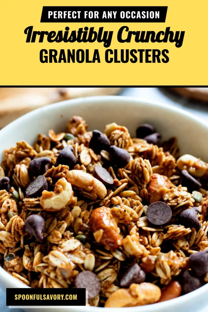 Discover the ultimate homemade granola recipe with this delicious peanut butter chocolate granola! Packed with old-fashioned oats, creamy peanut butter, and chocolate chips, this healthy snack idea is perfect for on-the-go munching. Easy granola clusters make for a delightful breakfast or afternoon treat. Try this simple recipe today and enjoy the perfect balance of sweetness and crunch. Save for later! #peanutbutter #homemadegranola #healthysnacks #granolarecipes