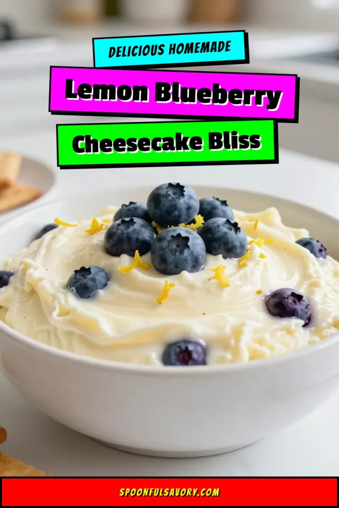 Indulge in this delightful Lemon Blueberry Cheesecake Dip! This no-bake cheesecake dip recipe is an easy fruit dip that's perfect for gatherings. Made with creamy Greek yogurt, fresh blueberries, and zesty lemon, it's a refreshing treat that everyone will love. Serve with graham crackers or fruit for a tasty twist. Try this easy recipe today and impress your guests! #CheesecakeDip #NoBakeDessert #FruitDip #GreekYogurtRecipe
