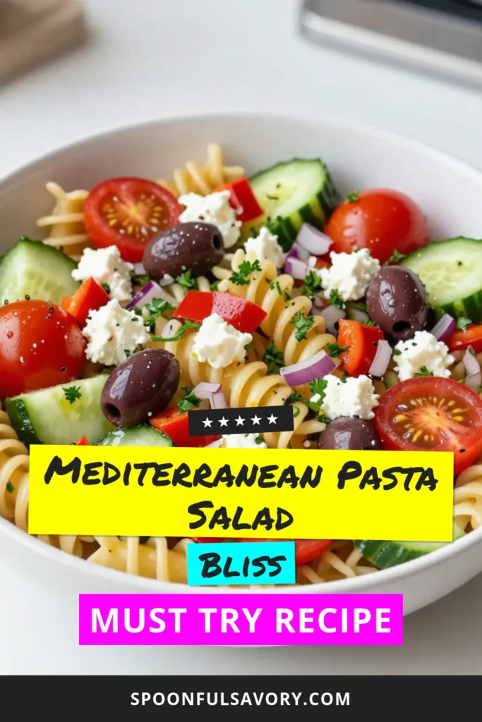 Discover this delicious Mediterranean pasta salad featuring fusilli pasta and vibrant veggies! This healthy pasta salad is packed with flavor from cherry tomatoes, cucumbers, kalamata olives, and crumbled feta cheese. Perfect for gatherings or light meals, this feta cheese salad is made with fresh Mediterranean ingredients. Save this recipe for a delightful taste of the Mediterranean! #MediterraneanPastaSalad #HealthyPastaSalad #FusilliPastaRecipe #FetaCheeseSalad