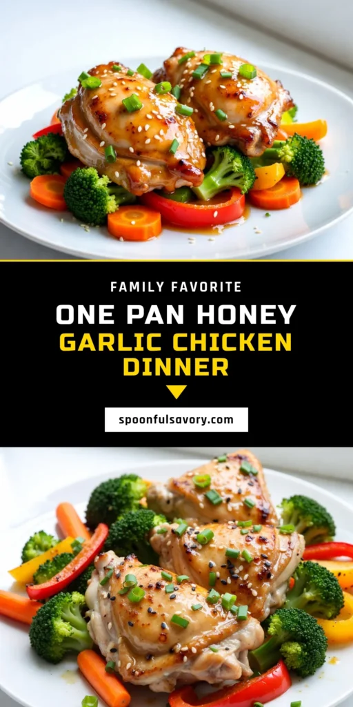 Discover the ultimate honey garlic chicken recipe with this easy sheet pan dinner! This savory chicken thighs recipe combines marinated chicken with vibrant veggies for a delicious one pan honey garlic chicken that&rsquo;s perfect for busy weeknights. In just an hour, enjoy a flavorful meal everyone will love. Perfect for easy chicken dinner ideas. Save this recipe for your next family dinner! #HoneyGarlicChicken #SheetPanDinner #EasyChickenDinner #OnePanMeals