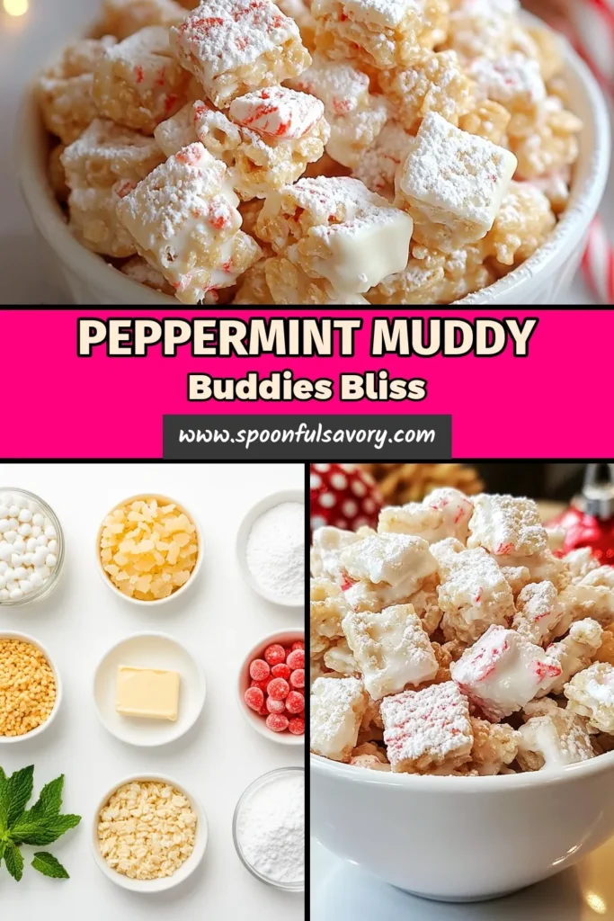 Indulge in the festive fun with these Peppermint Muddy Buddies, an easy holiday snack that's sure to impress! Made with creamy white chocolate, crunchy rice cereal, and a sprinkle of peppermint, this recipe is the perfect addition to your festive treat recipes. Enjoy these delightful White Chocolate Peppermint Treats at your next gathering or as a cozy snack. Save this recipe and share the joy of crunchy rice cereal snacks this season! #PeppermintMuddyBuddies #EasyHolidaySnacks #FestiveTreatRecipes #WhiteChocolatePeppermintTreats