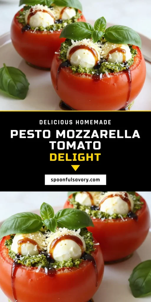Discover the deliciousness of Pesto Mozzarella Stuffed Tomatoes with this easy recipe! Perfect as a side or main dish, these pesto stuffed tomatoes are a crowd-pleaser. Learn how to make baked stuffed tomatoes with fresh mozzarella, basil pesto, and Parmesan. Enjoy fresh mozzarella tomato recipes that are simple yet impressive. Try this easy pesto recipe today and amaze your friends! Save this for your next meal! #PestoStuffedTomatoes #BakedStuffedTomatoes #EasyPestoRecipes #MozzarellaStuffedTomatoes