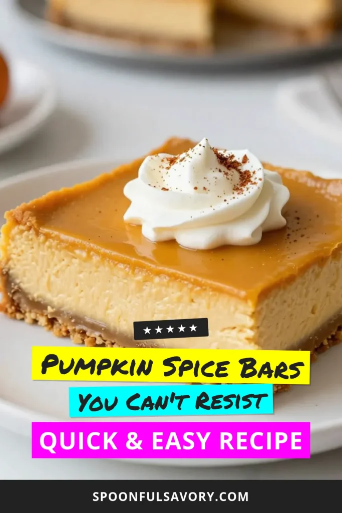 Satisfy your sweet tooth this fall with these Pumpkin Spice Cheesecake Bars! Perfect for fall dessert recipes, they're an easy pumpkin dessert that everyone will love. Homemade cheesecake bars are ideal for gatherings, and these pumpkin dessert ideas will impress your guests. Try this delicious recipe for a creamy, spiced treat that&rsquo;s perfect for autumn. Don't forget to save the pin for later! #PumpkinSpice #FallDesserts #PumpkinBars #EasyDesserts
