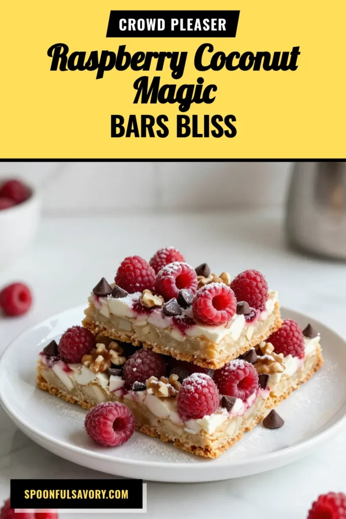 Indulge in these Raspberry Coconut Magic Bars &ndash; an easy magic bar recipe that&rsquo;s perfect for a no-bake raspberry dessert! With layers of graham cracker, shredded coconut, fresh raspberries, and rich chocolate, these coconut chocolate bars are a crowd-pleaser. Ideal for parties or a sweet treat at home, these bars are as simple to make as they are delicious. Save this recipe for effortless dessert magic! #MagicBars #NoBakeDessert #RaspberryDesserts #CoconutRecipes