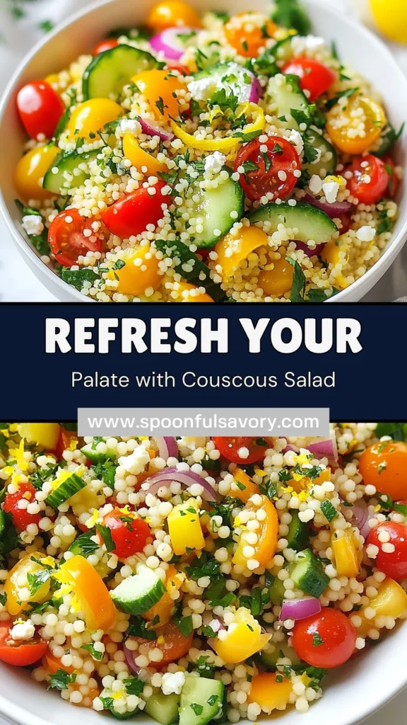 Discover the refreshing Lemon Herb Couscous Salad, a perfect addition to your healthy couscous recipes collection. This vibrant Mediterranean salad features fresh vegetables like cherry tomatoes, cucumber, and bell pepper, along with a zesty lemon dressing. Enjoy this vegan couscous salad as a light meal or a side dish! It's easy to whip up and packed with flavor. Try it today and brighten your table! #CouscousSalad #HealthyRecipes #VeganEats #MediterraneanFood