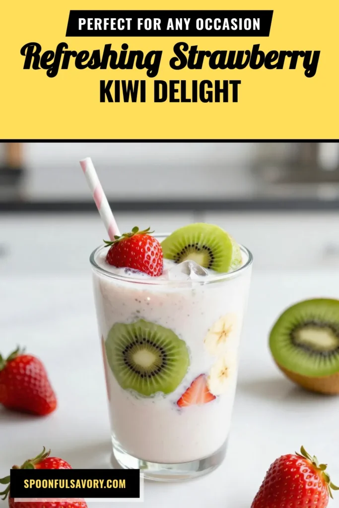 Looking for a delicious and Healthy Fruit Smoothie? Try this Strawberry Kiwi Smoothie that&rsquo;s perfect for any time of day! This refreshing smoothie recipe combines fresh strawberries, kiwis, and banana, blended with Greek yogurt for creaminess or a dairy-free smoothie option. With just a few ingredients, you can whip up a vibrant and tasty drink. Save this recipe now and elevate your smoothie game! #SmoothieRecipe #HealthyEating #DairyFree #FruitSmoothie