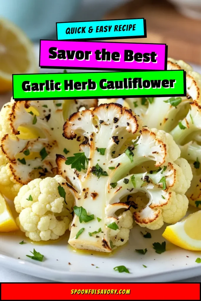 Discover the deliciousness of Garlic Herb Roasted Cauliflower Steaks, a perfect addition to your meal as a healthy cauliflower side dish. This roasted cauliflower recipe is simple and packed with flavor, featuring garlic, thyme, and rosemary. Ideal for any vegetarian cauliflower dishes lover, impress your guests with this easy cauliflower steak cooking method. Save this recipe now and treat yourself to a delightful dish! #CauliflowerSteaks #HealthyEating #VegetarianRecipes #RoastedVegetables