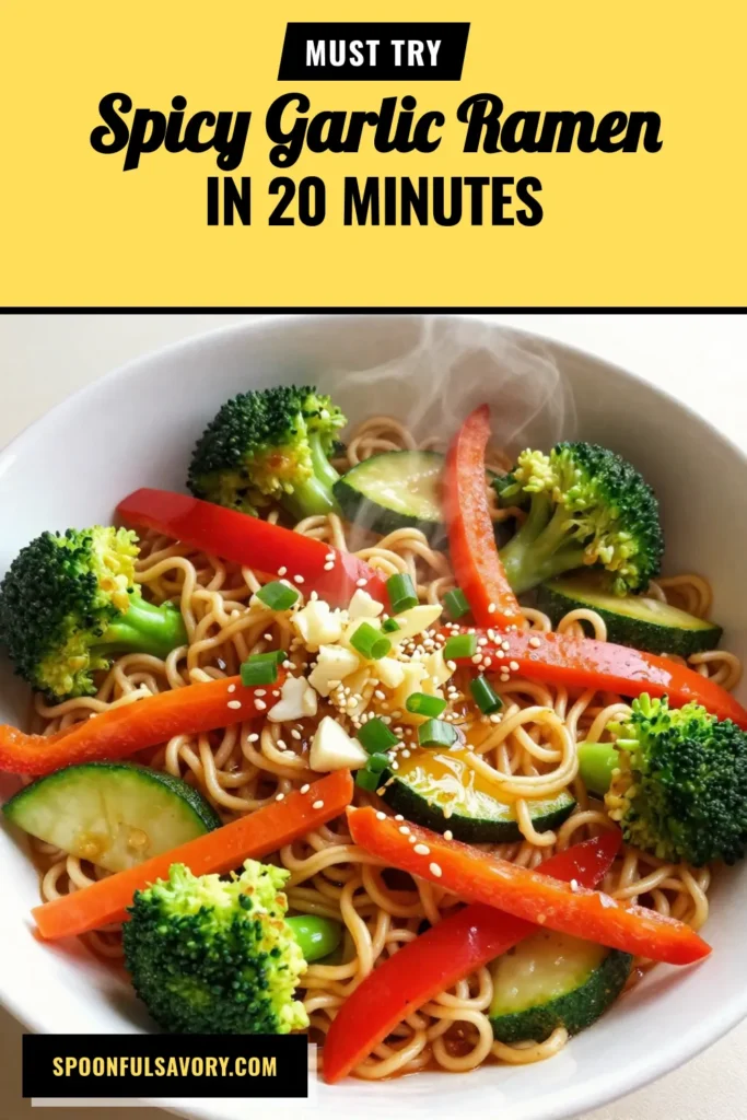 Love quick meals? Try this spicy garlic ramen stir-fry! This easy ramen stir-fry recipe is loaded with fresh veggies and bold flavors, making it a perfect sriracha ramen dish. In just 20 minutes, you can whip up delicious spicy garlic ramen that will thrill your taste buds. Don't miss out on this quick ramen noodles experience. Save this recipe for your next meal! #SpicyGarlicRamen #RamenStirFry #EasyVegetableStirFry #QuickRamenNoodles