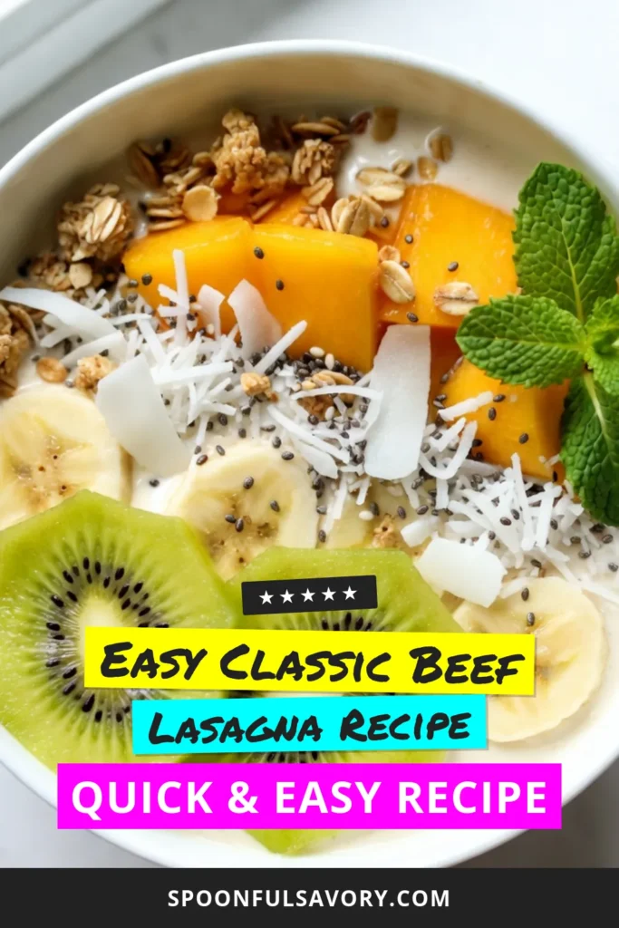 Indulge in this refreshing Mango Coconut Smoothie Bowl recipe, perfect for a healthy breakfast or snack! Made with creamy coconut yogurt and topped with tropical smoothie bowl toppings like kiwi, granola, and chia seeds, it&rsquo;s a delicious way to start your day. Try this healthy smoothie bowl idea for a burst of flavor and nutrients! Click to discover your new favorite bowl! #MangoSmoothieBowl #CoconutYogurtSmoothie #SmoothieBowlToppings #HealthySmoothieIdeas