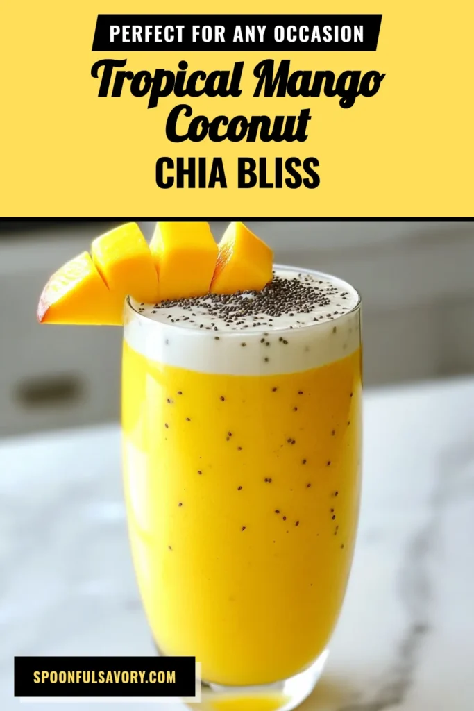 Indulge in the refreshing taste of this Mango Coconut Chia Smoothie, a perfect Healthy Mango Smoothie Recipe for any time of day. This Plant-Based Chia Smoothie combines luscious mango, creamy coconut milk, and nutritious chia seeds for a delightful Tropical Smoothie with Coconut Milk. It&rsquo;s a Quick Breakfast Smoothie Recipe ready in just 15 minutes! Try it today for a delicious boost! #SmoothieRecipe #HealthyEating #VeganRecipes #TropicalVibes