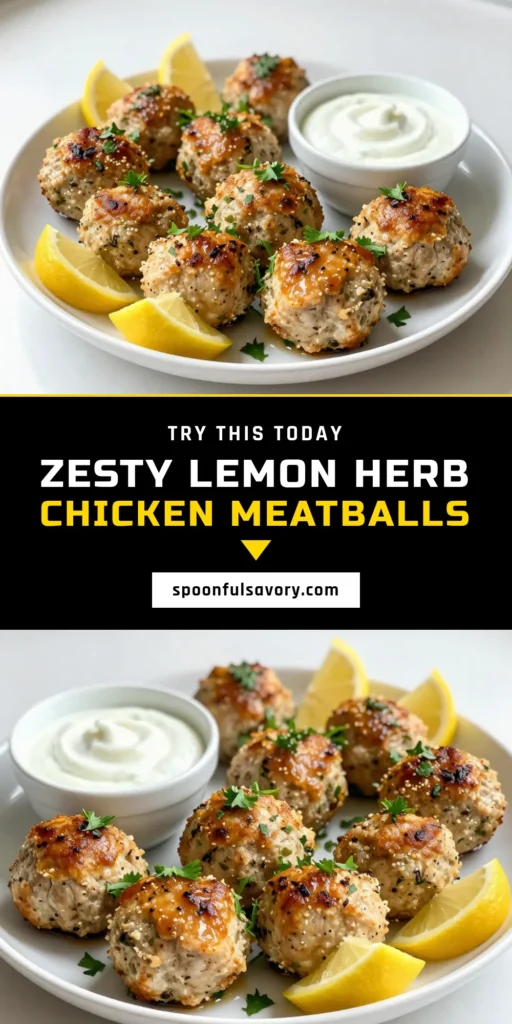 Discover the deliciousness of Lemon Herb Chicken Meatballs, a must-try among ground chicken recipes! These healthy meatball recipes are not only easy to make but packed with flavor, thanks to the lemon zest and fresh herbs. Perfect for quick weeknight dinners or meal prep, this easy chicken meatballs recipe will impress your family and friends. Save this recipe and elevate your cooking game today! #HealthyRecipes #ChickenMeatballs #MealPrep #EasyCooking
