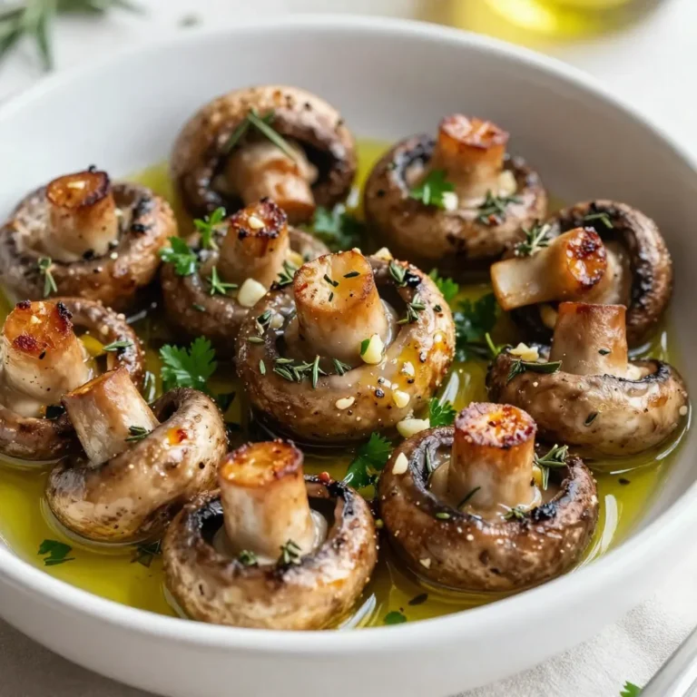 - 500g button or cremini mushrooms - 4 tablespoons extra-virgin olive oil - 4 cloves garlic, finely minced - 1 teaspoon dried thyme - 1 teaspoon dried rosemary - 1 teaspoon smoked paprika - Sea salt and freshly ground black pepper - Fresh parsley, for garnish - Calories per serving: About 150 - Macronutrient breakdown: - Protein: 3g - Fat: 14g - Carbohydrates: 5g Garlic herb roasted mushrooms make a great side dish. They add flavor and texture to any meal. You can use either button or cremini mushrooms. Both types work well and taste amazing. The base of this recipe is simple. You will need olive oil, garlic, and some herbs. These ingredients create a rich flavor. Dried thyme and rosemary add depth. Smoked paprika gives a nice kick. When you prepare the mushrooms, clean them well. You want them free of dirt. After that, mix the ingredients in a bowl. Toss the mushrooms until they are coated in the herb oil. This step is key for even flavor. Roasting brings out their natural sweetness. In the oven, they become tender and golden. The smell of garlic and herbs will fill your kitchen. It’s hard to resist! For presentation, sprinkle fresh parsley on top. This adds color and freshness. You can serve these mushrooms with crusty bread. They also pair well with grilled meats or pasta. The options are endless! Enjoy these flavorful mushrooms as a delightful side dish. They elevate any meal with ease. {{ingredient_image_2}} Set your oven to 200°C (400°F). This helps roast the mushrooms evenly. Preheating is key for great results. In a large bowl, pour 4 tablespoons of extra-virgin olive oil. Add 4 finely minced garlic cloves, 1 teaspoon of dried thyme, 1 teaspoon of dried rosemary, and 1 teaspoon of smoked paprika. Season with sea salt and freshly ground black pepper. Whisk until it smells great and looks smooth. Take 500g of cleaned and trimmed button or cremini mushrooms. Toss them in the herb oil mixture. Make sure each mushroom is well-coated. This boosts the flavor and makes them tasty. Spread the mushrooms in a single layer on a large baking sheet. This allows space for air to circulate. Roast them for 15-20 minutes. Halfway through, stir gently to help them brown evenly. They should be golden brown and tender when done. After roasting, take the mushrooms out of the oven. Let them cool for about a minute. Transfer them to your serving dish. Garnish with finely chopped fresh parsley for a pop of color and fresh taste. Enjoy your flavorful side dish! When choosing mushrooms, I often pick between button and cremini. Button mushrooms are mild and tender. They work well in many dishes. Cremini mushrooms have a deeper flavor. They add a richer taste to your meals. Both are great options, so it depends on your flavor preference. Spacing your mushrooms on the baking sheet is key. If they touch, they steam instead of roast. This can lead to uneven cooking. I recommend placing them in a single layer. This way, each mushroom can get the perfect amount of heat. You’ll enjoy a nice golden brown color on all sides. You can boost the flavor with extra herbs or spices. Consider adding fresh thyme or dill for a twist. A pinch of red pepper flakes can add some heat. Feel free to experiment! The beauty of this dish is its versatility. Each tweak can bring something new to the table. Pro Tips Use Fresh Herbs: Fresh herbs can elevate the flavor of your roasted mushrooms. If possible, substitute dried thyme and rosemary with fresh ones for a more vibrant taste. Experiment with Mushroom Varieties: While button and cremini mushrooms work well, try mixing in shiitake or portobello for a richer flavor profile and varied textures. Don’t Overcrowd the Pan: Ensure mushrooms are spread out in a single layer. Overcrowding can lead to steaming instead of roasting, resulting in less flavor and texture. Add a Splash of Balsamic Vinegar: For an extra layer of flavor, drizzle a little balsamic vinegar over the mushrooms before roasting. It enhances the umami and adds a hint of sweetness. {{image_4}} You can add other veggies to your garlic herb roasted mushrooms. Carrots, zucchini, and bell peppers work well. These vegetables add color and flavor. Cut them into bite-sized pieces for even cooking. Toss them with the mushroom mixture for a tasty blend. Try using different herbs to change the flavor. Basil, oregano, or sage can add a new twist. Mix fresh herbs with the garlic for a bright taste. You could also use a blend of dried herbs to create layers of flavor. Experimenting is key to finding your favorite mix. If you want a vegan dish, you can easily swap ingredients. Use vegetable oil instead of olive oil. You might also try adding nutritional yeast for a cheesy flavor. This keeps the dish plant-based and full of flavor. Enjoy making it your own! To store leftovers, place your garlic herb roasted mushrooms in an airtight container. Make sure they cool down first. This helps keep them fresh. Store them in the fridge for up to three days. Check for any off smells before eating. If they smell fine, enjoy them! The best way to reheat your mushrooms is in a pan. Heat a small amount of olive oil over medium heat. Add the mushrooms and cook for about 3 to 5 minutes. Stir them gently to keep them from burning. This method keeps their flavor and texture tasty. You can also use a microwave, but they might lose some crispness. You can freeze roasted mushrooms, but they may change in texture. To freeze them, let the mushrooms cool completely. Place them in a freezer bag or container. Remove excess air before sealing. They can last for up to three months in the freezer. When ready to use, thaw them in the fridge overnight. Reheat them in a pan for the best results. Yes, you can use fresh herbs! Fresh herbs add a bright taste. They also bring a lovely aroma. However, they can be more delicate. Here's what to consider: - Pros of fresh herbs: - Stronger flavor and aroma. - Adds vibrant color to the dish. - Cons of fresh herbs: - Shorter shelf life. - You need more to match the taste of dried herbs. If you choose fresh, use about three times the amount of dried herbs. This change ensures you keep the flavor strong. These mushrooms pair well with many dishes. Here are some great options: - Grilled meats: Chicken or steak enhances the meal. - Pasta: Toss the mushrooms with your favorite noodles. - Salads: Add them to a fresh salad for extra flavor. - Bread: Serve with crusty bread to soak up the juices. Mix and match to create a full meal that everyone will enjoy! Roasted mushrooms can last about 3 to 5 days in the fridge. Here are some tips for storage: - Cool completely: Let them cool before storing. - Use airtight containers: This keeps them fresh. - Check for spoilage: Look for any off smells or changes in texture. To enjoy them again, reheat them in the oven or on the stove for the best taste! Garlic Herb Roasted Mushrooms are simple yet packed with flavor. We reviewed the ingredients, detailed the cooking steps, and shared tips for the perfect roast. Don’t forget to explore variations and storage options to maximize your dish's life. Remember, cooking is all about finding what works for you. Enjoy experimenting with flavors and textures. With these mushrooms, you'll impress everyone at your next meal.