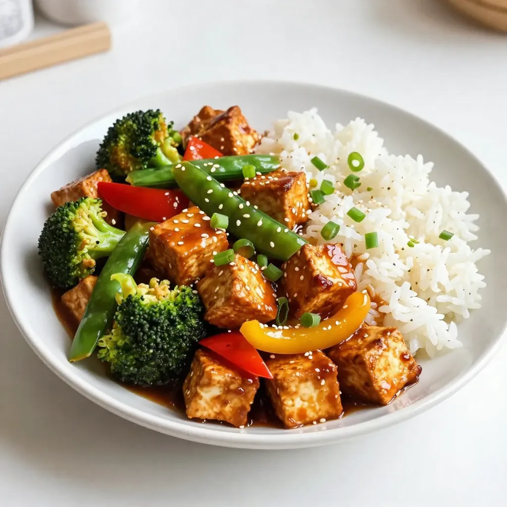 - 14 oz firm tofu, pressed and cubed - 1 bell pepper (red or yellow), sliced into thin strips - 1 cup broccoli florets, cut into bite-sized pieces - 1/4 cup low-sodium soy sauce - 2 tablespoons pure maple syrup - 1 tablespoon rice vinegar - 1 tablespoon sesame seeds - 3 green onions, sliced diagonally This Teriyaki Tofu Stir Fry is a blend of textures and tastes. Firm tofu gives you protein and a great base. I love using fresh bell peppers for their sweet crunch. Broccoli adds a nice green color and healthy nutrients. The sauce combines low-sodium soy sauce, maple syrup, and rice vinegar. This mix balances salty, sweet, and tangy flavors. Each ingredient brings its own flair to the dish. Don’t forget the garnishes! Sesame seeds and sliced green onions add a pop of flavor and brightness. They make your dish look beautiful and taste even better. When you gather these ingredients, you set the stage for a quick and tasty meal. Each part plays an important role in this lovely stir fry. Enjoy picking out your ingredients! {{ingredient_image_2}} How do I press tofu? To press tofu, wrap it in a clean kitchen towel. Place a heavy object on it. Let it sit for 15 to 20 minutes. This helps to remove extra moisture. What’s next after pressing? After pressing, cut the tofu into bite-sized cubes. Place the cubes in a bowl. Sprinkle 2 tablespoons of cornstarch over them. Toss gently to coat each cube evenly. This coating helps the tofu crisp up nicely. How do I cook the tofu? Heat 2 tablespoons of vegetable oil in a skillet over medium-high heat. Once hot, add the cornstarch-coated tofu cubes. Cook for about 5 to 7 minutes. Flip the cubes occasionally until they get crispy and golden on all sides. Once cooked, transfer the tofu to a plate. What vegetables do I add? In the same skillet, add sliced bell pepper, broccoli florets, snap peas, and sliced green onions. Don’t forget to add minced garlic and grated ginger. Stir-fry these for 3 to 4 minutes. They should be bright and tender but still crisp. How do I make the sauce? In a small bowl, whisk together 1/4 cup of low-sodium soy sauce, 2 tablespoons of pure maple syrup, 1 tablespoon of rice vinegar, and 1 teaspoon of sesame oil. This mix brings all the flavors together. When do I add the sauce? Pour the sauce over the sautéed vegetables in the skillet. Stir well to coat everything evenly. What do I do with the tofu? Return the crispy tofu to the skillet. Gently toss everything together. Heat for another 2 to 3 minutes. This allows the tofu and vegetables to soak in the sauce. How do I finish the dish? Remove the skillet from heat and sprinkle sesame seeds on top for garnish. Your Teriyaki Tofu Stir Fry is now ready to serve! Pressing tofu is key for great texture. When you press tofu, you remove extra water. This helps it absorb flavors better. Wrap your tofu in a clean towel. Place something heavy on top. A cast iron pan works well. Let it sit for 15-20 minutes. This step is worth the wait. To achieve crispy tofu, coat it with cornstarch. After pressing, cut your tofu into cubes. Then, toss the cubes in a bowl with cornstarch. Make sure every piece is evenly coated. This will give a nice crunch when you fry it. For the best vegetable texture, cut them evenly. This helps them cook at the same rate. Use a hot skillet to maintain crispness. Add your veggies in stages. Start with the ones that take longer to cook, like broccoli. Then, add quicker-cooking ones, like snap peas. To keep colors bright, avoid overcooking. Stir-fry for just a few minutes. This helps maintain vibrant greens and other colors. Lastly, add garlic and ginger later in the cooking process. This way, you keep their flavors fresh and strong. Pair your stir-fry with rice or noodles. Both options soak up the teriyaki sauce well. A warm bowl of fluffy rice is comforting. Noodles add a nice chew. Choose what you love! For extra garnishes, sprinkle sesame seeds on top. They add crunch and look pretty. Consider adding sliced green onions for a fresh touch. A squeeze of lime can also brighten the dish. Don’t be afraid to get creative with your toppings! Pro Tips Press Tofu Thoroughly: Make sure to press the tofu long enough to remove excess moisture, as this will help it achieve a crispy texture when cooked. Use High Heat: When sautéing the tofu, ensure your skillet is hot enough to sear the tofu quickly, creating a crispy exterior while keeping the inside tender. Customize Your Veggies: Feel free to swap in your favorite vegetables or whatever is in season to add variety and freshness to the dish. Adjust the Sauce: Taste the sauce before adding it to the stir-fry; you can easily adjust the sweetness or saltiness by adding more maple syrup or soy sauce to suit your preference. {{image_4}} If you want a twist, try using tempeh instead of tofu. Tempeh has a firmer texture and a nutty flavor. It packs more protein, making it great for a filling meal. To prepare, cut the tempeh into cubes just like the tofu. You can follow the same steps to coat and cook it. The tempeh will soak up the teriyaki sauce nicely, giving you a tasty dish. While bell peppers are great, you can switch them out for other veggies. Carrots, zucchini, or even mushrooms work well. Each adds its own unique flavor. You can also pick seasonal vegetables. In spring, try asparagus or snap peas. In fall, use squash or Brussels sprouts. These changes keep your stir fry fresh and exciting. For a healthier option, look for low-sodium soy sauce. It cuts down on salt but keeps the flavor strong. You can also add a kick to your sauce. Try adding red pepper flakes or sriracha for heat. If you love sweet, mix in a splash of pineapple juice. This adds a fruity twist that pairs well with the teriyaki flavor. To keep your Teriyaki Tofu Stir Fry fresh, store it in an airtight container. This helps maintain flavor and texture. Place the container in the fridge. The dish lasts about 3 to 5 days when stored properly. Make sure it cools before sealing to avoid excess moisture. To reheat, use the microwave or a skillet. For the microwave, heat in 30-second bursts, stirring in between. This helps heat evenly. If you're using a skillet, add a splash of water to prevent drying. Heat over medium-low until warm, stirring often. Always cover it to lock in moisture and flavor. You can freeze the stir fry, but tofu has a different texture when thawed. Freeze in a container or zip-top bag. It lasts about 2 to 3 months. To thaw, place it in the fridge overnight. For reheating, use a skillet over medium heat. Add a bit of water to keep it moist and delicious. To press tofu, start with firm tofu. Wrap the tofu block in a clean kitchen towel. Place a heavy object on top, like a skillet or cans. Let it sit for 15-20 minutes. This removes extra moisture and helps the tofu absorb flavors. The result is tofu that gets crispy and tasty when cooked. Yes, you can! If you want to skip soy sauce, try tamari or coconut aminos. Both options give a similar taste. You can also mix miso paste with water for a different flavor. Each choice adds a unique twist to your dish while keeping it savory and delicious. Your Teriyaki Tofu Stir Fry will last about 3-4 days in the fridge. Store it in an airtight container to keep it fresh. Before eating, reheat it in a pan or microwave until warm. This keeps the flavors alive and makes it just as tasty as when you first cooked it. In this blog post, we explored making Teriyaki Tofu Stir Fry. We covered key ingredients like firm tofu, broccoli, and bell pepper. I shared how to prepare and cook everything, plus helpful tips for great results. We also discussed tasty variations and storage info. Now, grab your ingredients and try this dish! You’ll enjoy a delicious, healthy meal. Cooking can be fun, and with these simple steps, you’ll impress everyone at your table.