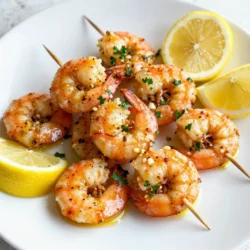 - 1 pound large shrimp, peeled and deveined - 3 cloves garlic, minced - 1/4 cup fresh lemon juice (about 2 lemons) - Zest of 1 lemon - 1/4 cup extra-virgin olive oil - 1 teaspoon smoked paprika - 1/2 teaspoon red pepper flakes - Sea salt and freshly cracked black pepper to taste - Fresh parsley and lemon wedges for garnish When making Lemon Garlic Grilled Shrimp, each ingredient plays a key role. The large shrimp provide a firm texture, while the garlic gives a strong, savory kick. Fresh lemon juice brings bright acidity, enhancing the shrimp's natural flavors. The lemon zest adds a fragrant layer that lifts the dish. Extra-virgin olive oil keeps the shrimp moist and adds richness. Smoked paprika adds a subtle smokiness, perfect for grilling. The red pepper flakes give a hint of heat, which you can adjust based on your taste. Finally, sea salt and black pepper enhance all these flavors. Fresh parsley not only adds color but also freshness. Lemon wedges are perfect for squeezing just before eating, giving an extra zesty punch. Gather these ingredients, and you are ready to create a delicious meal that impresses! {{ingredient_image_2}} Start by gathering your ingredients. In a medium mixing bowl, combine: - 3 cloves garlic, minced - 1/4 cup fresh lemon juice (about 2 lemons) - Zest of 1 lemon - 1/4 cup extra-virgin olive oil - 1 teaspoon smoked paprika - 1/2 teaspoon red pepper flakes Next, season the mixture with sea salt and freshly cracked black pepper. Whisk everything together until it blends well. This simple marinade packs a lot of flavor. Now it&rsquo;s time for the shrimp. Add 1 pound of peeled and deveined shrimp into the marinade. Make sure every piece is coated well. This step is key for flavor. After coating, cover your bowl tightly with plastic wrap. Place it in the refrigerator for at least 30 minutes. If you want more flavor, let it sit for up to 2 hours. This extra time helps the shrimp absorb the zesty marinade. Before grilling, preheat your grill to medium-high heat. Aim for a temperature of about 375&deg;F to 400&deg;F. If you use wooden skewers, soak them in water for about 30 minutes. This helps stop them from burning. Next, carefully thread the marinated shrimp onto the skewers. If you use metal skewers, you can skip the soaking. Make sure the shrimp are evenly spaced. This will help them cook evenly. Place the skewers on the preheated grill. Grill the shrimp for about 2 to 3 minutes on each side. You will know they are done when they turn pink and opaque. Be careful not to overcook them. Overcooked shrimp can become tough and rubbery, ruining your dish. Once cooked, transfer the skewers to a serving plate. Let them rest for a minute. This short wait allows the juices to settle. Garnish with freshly chopped parsley and serve with lemon wedges for a zesty kick. Enjoy your tasty Lemon Garlic Grilled Shrimp! How long should you marinate shrimp for best flavor? I recommend marinating shrimp for at least 30 minutes. If you have time, you can let them soak for up to 2 hours. This longer time will give you a richer taste. Do you want to adjust spice levels? You can add more or less red pepper flakes. Start with 1/2 teaspoon for mild heat. Add more if you like it spicy! How can you prevent shrimp from sticking? Make sure your grill is hot enough before you add the shrimp. You can also brush the grill with oil before grilling. This helps the shrimp slide off easily. How do you check shrimp doneness without overcooking? Look for the color change. When shrimp turn pink and opaque, they are done. This usually takes about 2-3 minutes on each side. Be careful not to leave them on too long! What are some presentation ideas for serving? You can arrange the shrimp skewers on a nice platter. Add lemon wedges around the shrimp for color. A sprinkle of chopped parsley adds a vibrant touch. What side dishes should you serve with grilled shrimp? Try grilled vegetables or a fresh salad. These complement the dish well and add more flavor to your meal! Pro Tips Marinating Time: For the best flavor, let the shrimp marinate for at least 1 hour. This allows the garlic and lemon to penetrate the shrimp, enhancing the overall taste. Grilling Temperature: Ensure your grill is preheated to medium-high heat. This helps achieve a nice sear on the shrimp without overcooking them. Don&rsquo;t Overcook: Keep a close eye on the shrimp while grilling. They only need about 2-3 minutes per side. Once they turn pink and opaque, they&rsquo;re done! Serving Suggestions: Serve the grilled shrimp with a side of fresh salad or grilled veggies. The freshness complements the zesty shrimp perfectly! {{image_4}} You can switch up the flavors in your Lemon Garlic Grilled Shrimp. Try using fresh herbs like basil, cilantro, or dill. Each herb brings a unique twist. You can also add spices like cumin or coriander for a warm touch. If you want to explore citrus, try lime or orange juice. They will give a different, bright taste. Grilling is fun, but broiling works too. Broiling shrimp cooks them from above, giving them a nice char. If you don&rsquo;t have a grill, you can bake the shrimp in the oven. Just set it to 400&deg;F and place your shrimp on a baking sheet. Bake for about 8-10 minutes, or until they are pink and opaque. If you want to change things up, you can use other seafood. Scallops or fish like salmon work well with lemon and garlic. For a protein option, try chicken or pork. They can soak up the marinade just like shrimp. If you prefer vegetarian choices, consider using firm tofu or mushrooms. They can mimic the flavors of shrimp with the right seasoning. To keep your grilled shrimp fresh, refrigerate them right away. Place them in an airtight container. This helps prevent moisture loss and keeps them safe to eat. Make sure to let the shrimp cool down before sealing them up. You can freeze grilled shrimp for future meals. Just place them in a freezer-safe bag. Remove as much air as possible before sealing. This keeps them tasty for a long time. When you're ready to enjoy them, thaw shrimp in the fridge overnight. To reheat, place them in a skillet over low heat. This keeps the shrimp tender and avoids rubbery texture. Grilled shrimp can last in the fridge for up to three days. Always check for signs of spoilage. If they smell off or have a slimy feel, it's best to toss them. Fresh shrimp should smell like the ocean, not fishy. Yes, you can use frozen shrimp. Just make sure to thaw them first. Place the shrimp in the fridge overnight or submerge them in cold water for about 30 minutes. Once thawed, peel and devein them if needed. Frozen shrimp can taste great too, especially when marinated well. Lemon Garlic Grilled Shrimp pairs well with many sides. Here are some ideas: - Grilled vegetables, like zucchini and bell peppers - A fresh green salad with vinaigrette - Rice or quinoa for a filling option - Garlic bread for a tasty crunch - Pasta with light sauce to soak up the flavors To avoid overcooking shrimp, pay attention to their color. Cook them for just 2-3 minutes on each side. They should turn pink and opaque. If you see they curl up tightly, they are likely overcooked. Keep a close eye on them and remove them from the grill as soon as they are done. In this article, we explored how to make delicious Lemon Garlic Grilled Shrimp. We covered the key ingredients, from fresh shrimp to bold seasonings. I shared detailed steps for marinating and grilling to ensure perfect flavor and texture. You can even adjust spices and use various cooking methods. Finally, I offered tips for storage and serving that keep your shrimp tasty. With these strategies, you can enjoy a flavorful meal that&rsquo;s easy to prepare and share. Happy cooking!