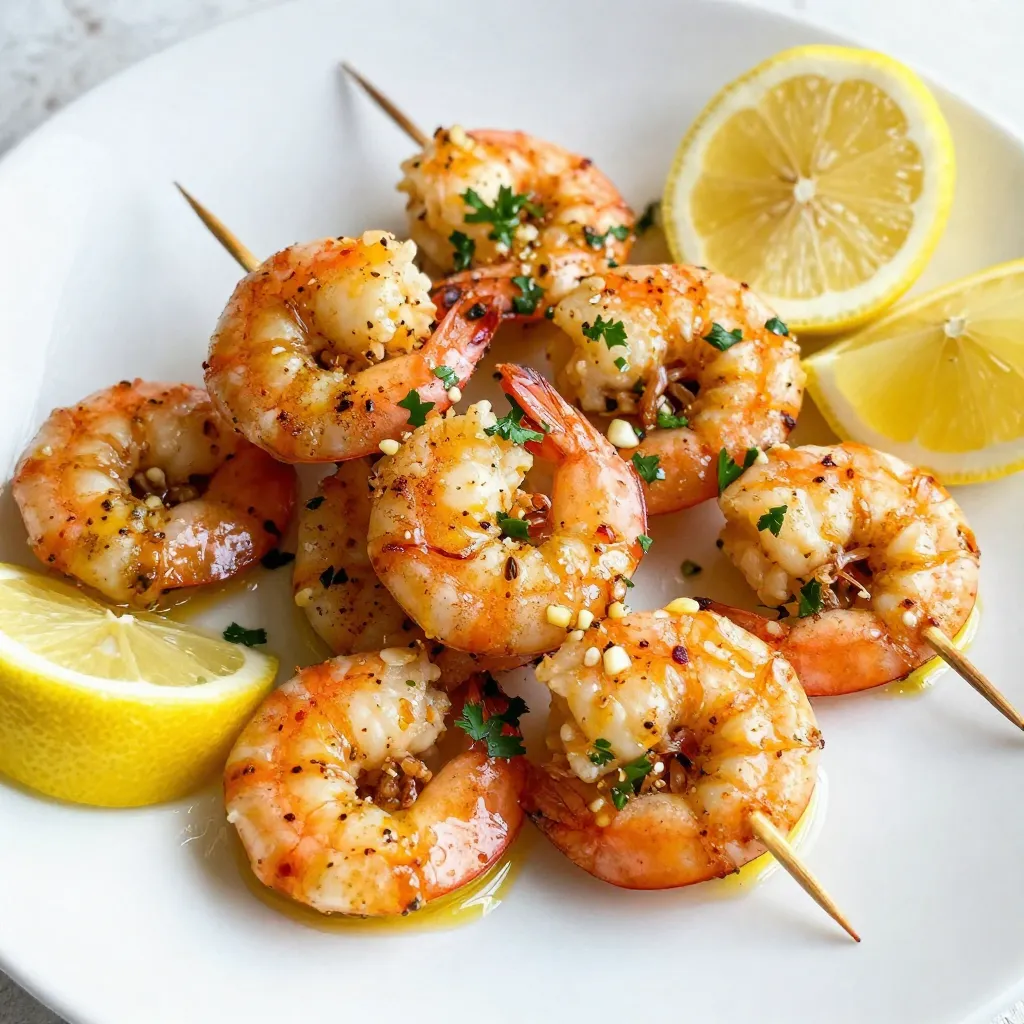 - 1 pound large shrimp, peeled and deveined - 3 cloves garlic, minced - 1/4 cup fresh lemon juice (about 2 lemons) - Zest of 1 lemon - 1/4 cup extra-virgin olive oil - 1 teaspoon smoked paprika - 1/2 teaspoon red pepper flakes - Sea salt and freshly cracked black pepper to taste - Fresh parsley and lemon wedges for garnish When making Lemon Garlic Grilled Shrimp, each ingredient plays a key role. The large shrimp provide a firm texture, while the garlic gives a strong, savory kick. Fresh lemon juice brings bright acidity, enhancing the shrimp's natural flavors. The lemon zest adds a fragrant layer that lifts the dish. Extra-virgin olive oil keeps the shrimp moist and adds richness. Smoked paprika adds a subtle smokiness, perfect for grilling. The red pepper flakes give a hint of heat, which you can adjust based on your taste. Finally, sea salt and black pepper enhance all these flavors. Fresh parsley not only adds color but also freshness. Lemon wedges are perfect for squeezing just before eating, giving an extra zesty punch. Gather these ingredients, and you are ready to create a delicious meal that impresses! {{ingredient_image_2}} Start by gathering your ingredients. In a medium mixing bowl, combine: - 3 cloves garlic, minced - 1/4 cup fresh lemon juice (about 2 lemons) - Zest of 1 lemon - 1/4 cup extra-virgin olive oil - 1 teaspoon smoked paprika - 1/2 teaspoon red pepper flakes Next, season the mixture with sea salt and freshly cracked black pepper. Whisk everything together until it blends well. This simple marinade packs a lot of flavor. Now it’s time for the shrimp. Add 1 pound of peeled and deveined shrimp into the marinade. Make sure every piece is coated well. This step is key for flavor. After coating, cover your bowl tightly with plastic wrap. Place it in the refrigerator for at least 30 minutes. If you want more flavor, let it sit for up to 2 hours. This extra time helps the shrimp absorb the zesty marinade. Before grilling, preheat your grill to medium-high heat. Aim for a temperature of about 375°F to 400°F. If you use wooden skewers, soak them in water for about 30 minutes. This helps stop them from burning. Next, carefully thread the marinated shrimp onto the skewers. If you use metal skewers, you can skip the soaking. Make sure the shrimp are evenly spaced. This will help them cook evenly. Place the skewers on the preheated grill. Grill the shrimp for about 2 to 3 minutes on each side. You will know they are done when they turn pink and opaque. Be careful not to overcook them. Overcooked shrimp can become tough and rubbery, ruining your dish. Once cooked, transfer the skewers to a serving plate. Let them rest for a minute. This short wait allows the juices to settle. Garnish with freshly chopped parsley and serve with lemon wedges for a zesty kick. Enjoy your tasty Lemon Garlic Grilled Shrimp! How long should you marinate shrimp for best flavor? I recommend marinating shrimp for at least 30 minutes. If you have time, you can let them soak for up to 2 hours. This longer time will give you a richer taste. Do you want to adjust spice levels? You can add more or less red pepper flakes. Start with 1/2 teaspoon for mild heat. Add more if you like it spicy! How can you prevent shrimp from sticking? Make sure your grill is hot enough before you add the shrimp. You can also brush the grill with oil before grilling. This helps the shrimp slide off easily. How do you check shrimp doneness without overcooking? Look for the color change. When shrimp turn pink and opaque, they are done. This usually takes about 2-3 minutes on each side. Be careful not to leave them on too long! What are some presentation ideas for serving? You can arrange the shrimp skewers on a nice platter. Add lemon wedges around the shrimp for color. A sprinkle of chopped parsley adds a vibrant touch. What side dishes should you serve with grilled shrimp? Try grilled vegetables or a fresh salad. These complement the dish well and add more flavor to your meal! Pro Tips Marinating Time: For the best flavor, let the shrimp marinate for at least 1 hour. This allows the garlic and lemon to penetrate the shrimp, enhancing the overall taste. Grilling Temperature: Ensure your grill is preheated to medium-high heat. This helps achieve a nice sear on the shrimp without overcooking them. Don’t Overcook: Keep a close eye on the shrimp while grilling. They only need about 2-3 minutes per side. Once they turn pink and opaque, they’re done! Serving Suggestions: Serve the grilled shrimp with a side of fresh salad or grilled veggies. The freshness complements the zesty shrimp perfectly! {{image_4}} You can switch up the flavors in your Lemon Garlic Grilled Shrimp. Try using fresh herbs like basil, cilantro, or dill. Each herb brings a unique twist. You can also add spices like cumin or coriander for a warm touch. If you want to explore citrus, try lime or orange juice. They will give a different, bright taste. Grilling is fun, but broiling works too. Broiling shrimp cooks them from above, giving them a nice char. If you don’t have a grill, you can bake the shrimp in the oven. Just set it to 400°F and place your shrimp on a baking sheet. Bake for about 8-10 minutes, or until they are pink and opaque. If you want to change things up, you can use other seafood. Scallops or fish like salmon work well with lemon and garlic. For a protein option, try chicken or pork. They can soak up the marinade just like shrimp. If you prefer vegetarian choices, consider using firm tofu or mushrooms. They can mimic the flavors of shrimp with the right seasoning. To keep your grilled shrimp fresh, refrigerate them right away. Place them in an airtight container. This helps prevent moisture loss and keeps them safe to eat. Make sure to let the shrimp cool down before sealing them up. You can freeze grilled shrimp for future meals. Just place them in a freezer-safe bag. Remove as much air as possible before sealing. This keeps them tasty for a long time. When you're ready to enjoy them, thaw shrimp in the fridge overnight. To reheat, place them in a skillet over low heat. This keeps the shrimp tender and avoids rubbery texture. Grilled shrimp can last in the fridge for up to three days. Always check for signs of spoilage. If they smell off or have a slimy feel, it's best to toss them. Fresh shrimp should smell like the ocean, not fishy. Yes, you can use frozen shrimp. Just make sure to thaw them first. Place the shrimp in the fridge overnight or submerge them in cold water for about 30 minutes. Once thawed, peel and devein them if needed. Frozen shrimp can taste great too, especially when marinated well. Lemon Garlic Grilled Shrimp pairs well with many sides. Here are some ideas: - Grilled vegetables, like zucchini and bell peppers - A fresh green salad with vinaigrette - Rice or quinoa for a filling option - Garlic bread for a tasty crunch - Pasta with light sauce to soak up the flavors To avoid overcooking shrimp, pay attention to their color. Cook them for just 2-3 minutes on each side. They should turn pink and opaque. If you see they curl up tightly, they are likely overcooked. Keep a close eye on them and remove them from the grill as soon as they are done. In this article, we explored how to make delicious Lemon Garlic Grilled Shrimp. We covered the key ingredients, from fresh shrimp to bold seasonings. I shared detailed steps for marinating and grilling to ensure perfect flavor and texture. You can even adjust spices and use various cooking methods. Finally, I offered tips for storage and serving that keep your shrimp tasty. With these strategies, you can enjoy a flavorful meal that’s easy to prepare and share. Happy cooking!