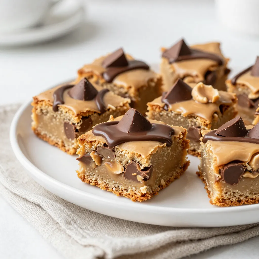 To make these yummy peanut butter cup blondies, you'll need simple, easy-to-find ingredients. Here’s what you will gather: - 1 cup creamy peanut butter - 1/2 cup unsalted butter, melted - 1 cup brown sugar, packed down - 2 large eggs, at room temperature - 1 teaspoon vanilla extract - 1 cup all-purpose flour - 1/2 teaspoon baking powder - 1/4 teaspoon salt - 1 cup chocolate peanut butter cups, coarsely chopped - 1/2 cup chocolate chips (optional) Each ingredient plays a key role. The creamy peanut butter gives these blondies their rich flavor and chewy texture. The unsalted butter adds moisture and helps create a soft crumb. Brown sugar adds sweetness and a hint of caramel taste. Eggs bind everything together and give the blondies structure. The vanilla extract adds a warm aroma and flavor. Flour, baking powder, and salt work together to create the right texture and lift. Finally, the chocolate peanut butter cups add bursts of chocolate and peanut flavor. You can also add chocolate chips for extra chocolatey goodness. Gather these ingredients, and you are ready to start making something special! {{ingredient_image_2}} First, you need to preheat your oven to 350°F (175°C). Grab a 9x9 inch baking pan. You can either grease it with some butter or line it with parchment paper. This makes it easy to remove the blondies later. In a large bowl, add 1 cup of creamy peanut butter and 1/2 cup of melted unsalted butter. Use a whisk or spatula to mix them together. Keep mixing until the mixture is smooth and well blended. Next, add 1 cup of packed brown sugar into the bowl. Stir it in well. Make sure it mixes nicely with the peanut butter mixture. Then, add 2 large eggs, one at a time. Mix well after each egg. Don’t forget to add 1 teaspoon of vanilla extract for flavor! In a separate bowl, whisk together 1 cup of all-purpose flour, 1/2 teaspoon of baking powder, and 1/4 teaspoon of salt. Once mixed, slowly fold this dry mixture into your wet ingredients. Use a rubber spatula or wooden spoon. Be careful not to overmix; stop as soon as you see no dry flour. Now, gently fold in 1 cup of coarsely chopped chocolate peanut butter cups. If you want extra chocolate, you can add 1/2 cup of chocolate chips. Make sure they are spread evenly in the batter. Pour the thick batter into your prepared pan. Use a spatula to spread it evenly. Place the pan in the oven and bake for 20-25 minutes. Check if they are done by inserting a toothpick into the center. It should come out clean or with a few moist crumbs. Once baked, let the blondies cool in the pan for about 10 minutes. Then, transfer them to a wire rack to cool completely. To get that chewy yet soft texture, mix your batter carefully. Overmixing can make the blondies tough. After adding the flour, only stir until you see no dry flour. The batter should be thick but smooth. If you want extra gooeyness, add more chocolate peanut butter cups. Keep your blondies fresh by storing them in an airtight container. They stay great at room temperature for about three days. If you want them to last longer, refrigerate them. Just remember to let them come back to room temperature before serving to enjoy their full flavor. Cut the blondies into even squares for a nice look. Place them on a colorful platter to catch the eye. For a special touch, drizzle melted chocolate on top. You can also add a scoop of vanilla ice cream next to them for a delightful dessert experience. Pro Tips Use Room Temperature Eggs: This helps the batter to emulsify better, resulting in a smoother texture and more even baking. Don’t Overmix the Batter: Once you combine the dry and wet ingredients, mix just until incorporated to avoid tough blondies. Cool Completely Before Cutting: Allow the blondies to cool fully to ensure clean cuts and prevent them from crumbling. Experiment with Mix-Ins: Feel free to add nuts, dried fruits, or different types of chocolate for a personalized twist on the recipe. {{image_4}} You can make these blondies vegan by swapping the eggs. Use 1/4 cup of unsweetened applesauce for each egg. This keeps the blondies moist and tasty. Also, choose a vegan butter and dairy-free chocolate peanut butter cups. The flavor stays rich and creamy, just like the original. For a gluten-free treat, swap the all-purpose flour for a gluten-free blend. Many brands work well in baking. Look for blends that include a mix of rice flour and tapioca starch. This change gives you the same great texture without the gluten. Always check labels to ensure your chocolate peanut butter cups are also gluten-free. Get creative with your blondies! You can add chopped nuts like walnuts or pecans for crunch. If you want more chocolate, toss in some chocolate chips. Dried fruits, like cranberries or cherries, can add a fun twist. For a fun topping, drizzle melted chocolate over the cooled blondies for a sweet finish. Enjoy mixing and matching to find your perfect flavor! You can keep peanut butter cup blondies at room temperature. Place them in an airtight container. They stay fresh for about three days. Make sure to keep them in a cool and dry place. If you add chocolate drizzle, let it set before storing. If you want to keep the blondies longer, refrigerate them. They last up to a week when stored this way. Use an airtight container to prevent them from drying out. Before serving, let them sit at room temperature for a bit. This makes them soft again. To freeze blondies, first cut them into squares. Wrap each square in plastic wrap. Then, place the wrapped blondies in a freezer-safe bag or container. They can stay frozen for up to three months. When ready to eat, thaw them in the fridge overnight. You can warm them in the oven or microwave for a gooey treat. Yes, you can use natural peanut butter. It will change the texture slightly. Natural peanut butter is often less sweet and more oily. You may want to add a bit more sugar or adjust the flour to keep the batter thick. Check the edges of the blondies. They should look golden brown. Insert a toothpick in the center. If it comes out with a few moist crumbs, they are ready. If it’s wet, bake for a few more minutes. You can use flax eggs as a substitute. Mix one tablespoon of ground flaxseed with three tablespoons of water. Let it sit for five minutes. This will help bind the blondies like eggs do. Absolutely! You can add chopped nuts or other candies. Some great choices are walnuts, pecans, or M&M's. Just be sure to keep the total mix-ins balanced so the batter stays thick. To reheat, place a blondie in the microwave for about 10-15 seconds. This warms it up without drying it out. You can also warm them in the oven at 350°F for about five minutes. Enjoy them warm! In this post, I shared a detailed look at making delicious peanut butter cup blondies. You learned about the key ingredients, step-by-step instructions, and helpful tips. We also explored tasty variations and storage methods. If you crave a sweet and rich treat, these blondies deliver. Enjoy experimenting with your own twists, and remember that baking should be fun! Make these blondies your way and share them with friends and family. They'll love every bite!