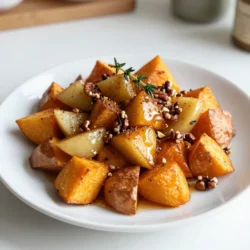 - 3 medium sweet potatoes, peeled and cubed into 1-inch pieces - 2 large apples (such as Honeycrisp or Granny Smith), cored and diced into similar-sized chunks - 1/4 cup pure maple syrup for natural sweetness - 2 tablespoons olive oil for a rich flavor - 1 teaspoon ground cinnamon to warm the dish - 1/2 teaspoon ground nutmeg for an aromatic hint - Salt and pepper to taste for seasoning - 1/4 cup chopped pecans (optional, for added crunch) - Fresh thyme leaves, finely chopped, for a delightful garnish You can swap sweet potatoes with butternut squash for a different taste. If you cannot find Honeycrisp apples, try Fuji or Gala apples instead. Both bring sweetness. For a lower sugar option, use agave syrup in place of maple syrup. Olive oil can be replaced with coconut oil for a fun twist. Choose sweet potatoes that feel firm and smooth. Avoid any with dark spots or soft spots. For apples, go for those that are firm with a bright color. Smell for a sweet scent. Fresh apples will have a crisp bite, which adds to the dish's texture. {{ingredient_image_2}} Start by preheating your oven to 400&deg;F (200&deg;C). This step is key for getting your sweet potatoes and apples perfectly roasted. A hot oven helps caramelize the sugars, making the dish sweet and rich. Next, peel and cube three medium sweet potatoes into 1-inch pieces. This size helps them cook evenly. Then, take two large apples, like Honeycrisp or Granny Smith, and core them. Dice the apples into similar-sized chunks. Mixing sweet potatoes with apples creates a great balance of flavors. In a large mixing bowl, combine the sweet potatoes and diced apples. Drizzle in 1/4 cup of pure maple syrup and 2 tablespoons of olive oil. These ingredients add natural sweetness and rich flavor. Sprinkle in 1 teaspoon of ground cinnamon, 1/2 teaspoon of ground nutmeg, and some salt and pepper. Toss everything well with a spatula or your hands until all pieces are coated. This will ensure every bite is full of flavor. Transfer the mixture to a large baking sheet, spreading it out evenly. This helps them roast well in a single layer. Bake for 25-30 minutes, stirring halfway through. If using pecans for crunch, add them in the last 10 minutes of roasting. Once done, let it cool briefly, then transfer to a serving dish. Garnish with fresh thyme to finish it off. Enjoy your sweet and savory Maple Roasted Apple Sweet Potatoes! To get sweet potatoes that are soft and apples that are caramelized, follow these steps: - Cut uniform chunks: Aim for 1-inch pieces. This helps them cook evenly. - Spread them out: Use a large baking sheet. Give each piece space to roast. - Stir halfway: Turn the mixture at 15 minutes. This promotes even browning. You can boost the taste of Maple Roasted Apple Sweet Potatoes with some simple changes: - Try different spices: Add ginger for warmth or allspice for a unique twist. - Use fresh herbs: Rosemary or sage gives a fresh flavor that contrasts nicely. - Add a splash of citrus: A squeeze of lemon or orange juice brightens the dish. Serving your Maple Roasted Apple Sweet Potatoes is a chance to impress: - Use a colorful dish: A bright serving platter makes the dish pop. - Garnish with fresh thyme: Sprinkle thyme leaves on top for a lovely touch. - Serve warm: This dish tastes best fresh from the oven. Enjoy it with friends and family! Pro Tips Choose the Right Apples: Use sweet and slightly tart apples like Honeycrisp or Granny Smith to balance the sweetness of the sweet potatoes. Uniform Sizing: Ensure that your sweet potato and apple chunks are cut to the same size for even cooking and consistent texture. Monitor Roasting Time: Keep an eye on the roasting process; ovens can vary, so check for fork-tenderness and caramelization to avoid overcooking. Fresh Herbs for Flavor: Garnish with fresh thyme just before serving to enhance the dish's aroma and elevate its presentation. {{image_4}} You can add cranberries for a tart twist. They balance the sweet apples and syrup. Dried cranberries work well too. They add a chewy texture and rich flavor. You might also try pears during fall. Pears bring a soft sweetness and juicy bite. Each fruit option makes the dish unique. This dish is easy to adjust for diets. To make it vegan, use maple syrup only. Skip the pecans if you have nut allergies. You can also replace the olive oil with coconut oil. For a gluten-free option, this recipe is already safe. Just check any added ingredients, like spices. Adding other veggies can boost flavor. Carrots add a nice crunch and sweetness. Brussels sprouts roast well and add depth. You can mix in cauliflower for a creamy texture. Each veggie brings its own flair. Experiment with what you have on hand. Enjoy the fun of creating your own version! To keep your maple roasted apple sweet potatoes fresh, store them in an airtight container. This keeps moisture in and prevents them from drying out. Make sure they are cool before you seal them. If you want to avoid strong smells, place a piece of paper towel inside to absorb excess moisture. You can keep the leftovers in the fridge for up to 3 days. If you want to save them longer, freeze them for up to 2 months. Just remember to label your container with the date. This way, you will know when to use them. For the best taste, reheat your maple roasted apple sweet potatoes in the oven. Preheat the oven to 350&deg;F (175&deg;C). Spread the leftovers on a baking sheet and heat for about 10-15 minutes. If you are in a hurry, you can use the microwave. Just make sure to cover the dish to keep the moisture. Heat in short bursts, stirring often to avoid hot spots. Yes, you can use other apples. Good choices include Fuji, Gala, or Braeburn. These apples add a nice sweetness and flavor. Just make sure they have a firm texture. Softer apples can turn mushy when baked. Mixing different apple types can also boost flavor. Pair these sweet potatoes with grilled chicken or pork. The sweet flavors balance well with savory meats. You can also serve them with a fresh salad. A mix of greens, nuts, and vinaigrette works great. For a cozy meal, add a warm soup on the side. You can prep the sweet potatoes and apples a day ahead. Cut and store them in the fridge. Mix the maple syrup and spices in a separate bowl. When ready to cook, combine everything and roast. This saves time during busy days while keeping the flavors fresh. This recipe for maple roasted apple sweet potatoes is simple and delicious. You learned about the best ingredients, tips for prepping, and how to achieve a perfect roast. We highlighted ways to store leftovers and answered common questions. Get creative with flavors and ingredients to make this dish your own. Enjoy making this tasty side at your next meal. It&rsquo;s easy, fun, and sure to impress. Happy cooking!