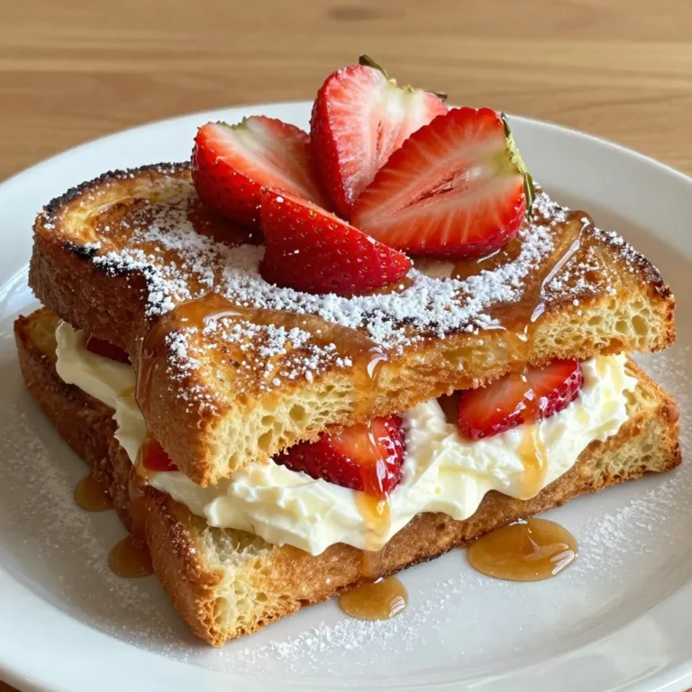 - 8 slices of thick-cut bread (challah or brioche works best) - 8 oz cream cheese, softened - 1 cup fresh strawberries, hulled and sliced thin - 1/4 cup powdered sugar (plus extra for garnish) - 1 tsp pure vanilla extract - 4 large eggs, at room temperature - 1/2 cup whole milk - 1 tsp ground cinnamon - 1/2 tsp fine salt - 2 tbsp unsalted butter (for cooking) - Maple syrup (for serving) - Additional strawberries and a sprinkle of powdered sugar (for garnish) If you want to swap out some ingredients, here are a few ideas: - You can use ricotta cheese instead of cream cheese for a lighter filling. - Swap out fresh strawberries for other berries like blueberries or raspberries. - If you need a dairy-free option, try almond milk in place of whole milk. - Use coconut sugar or honey instead of powdered sugar for a different sweetness. - For the bread, gluten-free bread works well as a substitute. To make the best stuffed French toast, pick your bread wisely. Here are some tips to help you choose: - Thickness: Go for thick-cut bread. It holds more filling and soaks up the egg mixture better. - Type: Brioche and challah are sweet and soft. They create a rich flavor and texture. - Freshness: Use bread that is a day or two old. Fresh bread may become too soggy. - Texture: Look for a slightly crusty exterior. It helps create a nice crispy edge when cooked. Pick the right bread, and your French toast will shine! {{ingredient_image_2}} To start, gather your ingredients for the filling. You need cream cheese, sliced strawberries, powdered sugar, and vanilla extract. In a medium bowl, add 8 oz of softened cream cheese. Then, mix in 1 cup of thinly sliced strawberries, 1/4 cup of powdered sugar, and 1 tsp of pure vanilla extract. Use a spatula or an electric mixer to blend everything until it becomes smooth. Make sure the strawberries are well mixed in. This filling adds a sweet and tangy flavor to your French toast. Now, let’s make the sandwiches. Take 4 slices of thick-cut bread, like challah or brioche, for the best taste. Spread about 2-3 tablespoons of the strawberry cream cheese mixture on one slice. Place another slice on top to form a sandwich. Press down gently to keep the filling inside. Repeat this with the other slices until you have four sandwiches ready to cook. Next, it’s time to cook the sandwiches. Start by making the egg mixture. In a large bowl, whisk together 4 large eggs, 1/2 cup of whole milk, 1 tsp of ground cinnamon, and 1/2 tsp of salt until it’s well combined. This mixture will soak into the bread. Heat a large skillet over medium heat. Add 2 tbsp of unsalted butter and let it melt. Once the butter is hot, dip each sandwich into the egg mixture. Make sure to soak each side for a few seconds. This helps the bread absorb the custard. Place the soaked sandwiches in the hot skillet. Cook for 3-4 minutes on each side until they turn golden brown. Once cooked, let them rest for a minute before slicing. This helps the filling set. Cut each sandwich in half and serve warm with maple syrup and extra strawberries. Enjoy your tasty treat! To get the best texture for your French toast, use thick-cut bread. I recommend challah or brioche. These breads soak up the egg mixture well. They also get crispy on the outside while staying soft inside. Make sure your cream cheese is at room temperature. This makes mixing easier and helps it blend smoothly with the strawberries. If your filling is smooth, it spreads easily. This helps create a nice balance in each bite. One common mistake is not soaking the bread long enough. Dip each sandwich in the egg mixture for a few seconds on each side. This gives you that rich, custardy flavor. Another mistake is cooking at too high a heat. If your skillet is too hot, the outside can burn while the inside stays raw. Keep it on medium heat for the best results. Lastly, don’t skip the resting step after cooking. Letting the French toast rest for a minute helps the filling set. This makes it easier to slice and serve. For extra flavor, drizzle warm maple syrup over your stuffed French toast. It adds sweetness and pairs well with strawberries. You can also top it with more fresh strawberries. A sprinkle of powdered sugar makes it look pretty too. For a fun twist, try adding a dollop of whipped cream on the side. A sprig of mint also adds a fresh touch. If you want something different, serve it with a side of yogurt. This adds creaminess and a tangy flavor. Pro Tips Choose the Right Bread: Using thick-cut challah or brioche will enhance the sweetness and texture of your French toast, making it extra indulgent. Soak Properly: Allow your sandwiches to soak in the egg mixture for just enough time to absorb the custard without becoming too soggy, ensuring they cook evenly. Control the Heat: Cooking on medium heat helps achieve a golden-brown crust while ensuring the inside is fully cooked and creamy. Garnish Creatively: Elevate your dish with fresh strawberries, a light dusting of powdered sugar, and a sprig of mint for a beautiful and appetizing presentation. {{image_4}} You can change the flavor of your French toast by adding other fruits. Try using blueberries, raspberries, or sliced bananas. You can mix these fruits with the cream cheese filling. They will add sweetness and a burst of flavor. You can also try using different fillings like Nutella or peanut butter. These options can make your breakfast even more exciting. If you need a gluten-free option, you can use gluten-free bread. Many stores sell gluten-free bread that tastes great. Make sure to check labels to ensure it is truly gluten-free. The rest of the recipe stays the same. You can still enjoy this tasty dish without gluten. To make this dish vegan, swap the cream cheese for a plant-based alternative. Look for vegan cream cheese in stores. You can also use plant milk instead of whole milk. For the eggs, try using a flaxseed egg. Mix one tablespoon of ground flaxseed with three tablespoons of water. Let it sit for five minutes to thicken. This way, you can enjoy a vegan version of this lovely dish. To keep your stuffed French toast fresh, store it in an airtight container. Let the toast cool first. Layer parchment paper between slices to avoid sticking. You can keep it in the fridge for up to three days. If you have extra filling, store it separately in a smaller container. When you're ready to enjoy your leftovers, preheat your oven to 350°F (175°C). Place the French toast on a baking sheet. Heat it for about 10-15 minutes until warm. You can also use a microwave. Heat each piece for about 30-45 seconds. Just be careful not to make it too soggy. If you want to save your French toast for later, freezing works well. Wrap each piece tightly in plastic wrap, then place them in a freezer-safe bag. Make sure to remove as much air as possible. You can freeze it for up to two months. To thaw, place in the fridge overnight before reheating. Enjoy your tasty treat again! Yes, you can prepare the filling a day in advance. Mix the cream cheese, strawberries, powdered sugar, and vanilla, then store it in the fridge. You should assemble the sandwiches just before cooking. This keeps the bread fresh and the filling creamy. Many toppings pair well with this dish. Here are some ideas: - Whipped cream adds a light touch. - Sliced bananas give a sweet twist. - Chopped nuts add crunch. - A drizzle of chocolate syrup brings indulgence. - Fresh mint leaves add freshness and color. Check for a golden-brown color on both sides. The edges should feel firm, and the center should be set. You can also use a toothpick to test. If it comes out clean, your French toast is ready! Cooking time is about 3-4 minutes per side. Enjoy your delicious creation! This blog post covered how to make Strawberry Cream Cheese Stuffed French Toast. We explored the best ingredients, cooking tips, and even easy substitutions. Remember to choose the right bread for a great texture. Avoid common mistakes, and try variations with other fruits. Lastly, store and reheat leftovers well for later enjoyment. You’ll impress anyone with this simple recipe. Enjoy making this tasty treat!