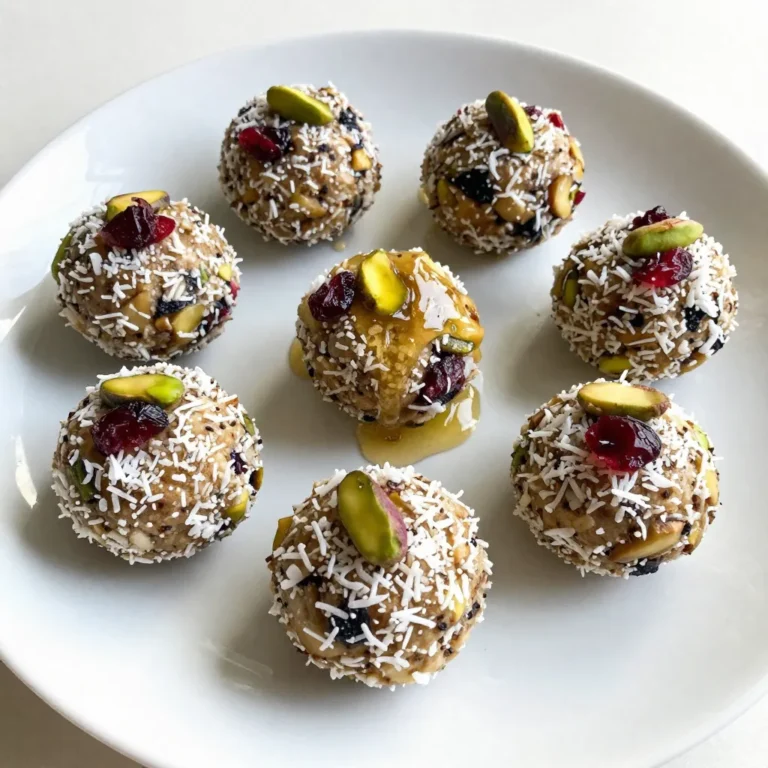 - 1 cup pitted Medjool dates - 1/2 cup rolled oats - 1/2 cup unsalted pistachios, shelled - 1/2 cup dried cranberries - 2 tablespoons chia seeds - 1 tablespoon honey (or maple syrup for vegan) - 1/2 teaspoon vanilla extract - A pinch of sea salt These key ingredients make up the base of your energy bites. Medjool dates provide natural sweetness and a chewy texture. Rolled oats add fiber and help bind the mixture. Pistachios give a nice crunch. Dried cranberries add tartness and color. Chia seeds are great for extra nutrients. Honey or maple syrup sweetens the mix, while sea salt enhances all the flavors. - Shredded coconut for rolling If you want to add more texture and flavor, consider rolling your energy bites in shredded coconut. It adds a tropical twist and makes them look pretty too. You can also mix in some chocolate chips or a dash of cinnamon for a different taste. - Use almond butter instead of honey for a nutty flavor. - Swap pistachios with almonds or walnuts for variety. - Use agave syrup if you prefer a different sweetener. These substitutions help cater to various dietary needs. If you have nut allergies, stick to seeds like sunflower or pumpkin seeds. This flexibility means everyone can enjoy these tasty bites! {{ingredient_image_2}} Start with 1 cup of pitted Medjool dates. Place the dates in a food processor. Blend them until they turn into a sticky paste. This should take about 1-2 minutes. Once you have the paste, add 1/2 cup of rolled oats. Then, toss in 1/2 cup of shelled pistachios and 1/2 cup of dried cranberries. Add 2 tablespoons of chia seeds, 1 tablespoon of honey or maple syrup, 1/2 teaspoon of vanilla extract, and a pinch of sea salt. Pulse this mix until it combines well but stays a little chunky. If it feels too dry, add a teaspoon of water. Keep pulsing until it forms a dough. When your mixture looks good, it’s time to shape it. Use your hands to scoop out tablespoon-sized portions. Roll each portion into a tight, round ball. Make sure they hold together well. This step is fun and easy, and kids can help too! For a tasty twist, you can roll the balls in shredded coconut. This gives them a nice texture and extra flavor. Just pour some coconut into a bowl, then coat each ball evenly. Once done, place the energy bites on a parchment-lined plate. You can also store them in an airtight container. Refrigerate the bites for at least 30 minutes. This helps them firm up nicely, making them easy to enjoy later. To get the best texture, start with fresh Medjool dates. They should be soft and sticky. When you blend them, aim for a smooth paste. This forms the base that holds everything together. Add your oats, pistachios, and cranberries. Pulse just enough to mix. You want a chunky feel, not a mushy one. If the mix seems dry, add water slowly. This helps it bind without losing texture. Keep your energy bites fresh by storing them in an airtight container. You can refrigerate them for up to a week. For longer storage, place them in the freezer. They can last for three months in the freezer. Just let them thaw in the fridge before you eat. This keeps them tasty and ready for snacking. These energy bites fit many occasions. Serve them as a quick snack after school or before workouts. They also shine at parties. Arrange them on a colorful plate with whole pistachios and cranberries. This adds a nice touch. You can even pack them for a hike or a road trip. They are portable and easy to grab on the go. Pro Tips Use Fresh Dates: Opt for fresh Medjool dates to achieve a smoother texture and natural sweetness in your energy bites. Customize Your Mix-ins: Feel free to experiment with other nuts, seeds, or dried fruits to tailor the flavor profile to your liking! Chill for Better Texture: Allowing the energy bites to chill in the refrigerator enhances their firmness and makes them easier to handle. Storage Tips: Store the energy bites in an airtight container in the fridge for up to one week, or freeze them for longer shelf life. {{image_4}} You can swap out pistachios for other nuts. Almonds, walnuts, or cashews work well. Each nut adds its own taste and texture. For a creamier bite, use cashews. Almonds give a nice crunch. Walnuts add a rich flavor. Feel free to mix and match to find your favorite! If you want to cut sugar, try these sweeteners. Medjool dates are naturally sweet. You can use them alone or add stevia. Maple syrup is another great choice. It gives a rich flavor while keeping it vegan. Just remember, adjust the amount based on your taste. This is where you can get creative! You can add seeds like sunflower or pumpkin. Dried fruits like apricots or raisins work too. For a chocolate twist, add mini chocolate chips. Shredded coconut is a fun option for extra texture. Mix in your favorites to make these bites truly yours! To keep your Cranberry Pistachio Energy Bites fresh, store them in the fridge. Use an airtight container to prevent air from drying them out. This helps maintain their soft and chewy texture. I recommend placing parchment paper between layers if you stack them. This will stop them from sticking together. If you want to store these bites for a longer time, freezing is a great choice. First, let them cool completely after making them. Then, place the energy bites in a single layer on a baking sheet. Freeze them for about an hour. After that, transfer them to a freezer-safe bag or container. This method keeps them from sticking together and makes it easy to grab a bite when you need one. In the fridge, these energy bites can last up to one week. If you freeze them, they stay good for about three months. Just make sure to label your containers with dates. This way, you’ll know how long they’ve been stored. Enjoy your healthy snacks anytime! Cranberry Pistachio Energy Bites are small, tasty snacks made with dates, oats, and nuts. They are packed with good nutrients. The dates provide natural sweetness, while pistachios add crunch. Dried cranberries give a fruity burst. You can eat them anytime for a quick energy boost. Each energy bite has about 100 calories. This can vary based on how big you make them. They are a healthier choice than many snacks. You get natural energy without added sugars. Yes, you can easily make these energy bites vegan. Just replace honey with maple syrup. This swap keeps the bites sweet and tasty. You won’t lose any flavor or texture. Enjoy these bites with peace of mind knowing they fit your diet! Cranberry pistachio energy bites are simple to make and delicious. We covered key ingredients, step-by-step instructions, and tips for perfect texture. We also explored variations and storage methods to keep them fresh. Remember, you can customize these bites to fit your taste and needs. Enjoy making these fun snacks for any occasion! They are not only tasty, but they also pack a nutritional punch. Try making them today, and feel great about your healthy choices!