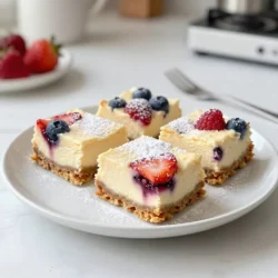 To make these tasty bars, gather these key items: - 1 &frac12; cups graham cracker crumbs - &frac12; cup unsalted butter, melted - 2 tablespoons granulated sugar - 1 (8 oz) package cream cheese, softened at room temperature - 1 cup powdered sugar - 1 teaspoon pure vanilla extract - 2 large eggs, at room temperature - 1 cup mixed berries (strawberries, blueberries, raspberries), washed and hulled if needed - &frac12; cup sour cream - Zest of 1 lemon These ingredients work together to create a creamy and fruity dessert. To make your cheesecake bars shine, consider these fun toppings: - Fresh berries (reserve some from your main mix) - A dusting of powdered sugar - Whipped cream - Mint leaves for a pop of color These toppings add extra flavor and a beautiful look. If you need substitutes, try these options: - Use graham cracker alternative for a gluten-free crust, like almond flour. - Swap cream cheese for a vegan version made from cashews. - You can replace sour cream with Greek yogurt for a lighter twist. These alternatives allow anyone to enjoy these cheesecake bars! {{ingredient_image_2}} Start by preheating your oven to 350&deg;F (175&deg;C). Take a 9x9 inch baking pan and line it with parchment paper. Make sure the paper hangs over the edges. This makes it easy to lift the bars out later. In a medium bowl, mix 1 &frac12; cups of graham cracker crumbs with &frac12; cup of melted unsalted butter and 2 tablespoons of granulated sugar. Stir until it looks like wet sand. Press this mixture firmly into the bottom of the baking pan. Bake for 10 minutes, then let it cool on a wire rack. While the crust cools, grab a large bowl. Beat 1 (8 oz) package of softened cream cheese until smooth. Add 1 cup of powdered sugar and 1 teaspoon of vanilla extract. Mix until smooth, with no lumps. Add 2 large eggs one at a time, mixing gently after each. Next, fold in &frac12; cup of sour cream and the zest of 1 lemon. Finally, add 1 cup of mixed berries, saving a few for topping later. Pour your cheesecake mixture over the cooled crust. Smooth the top with a spatula. Bake for 25-30 minutes. The edges should be set, but the center should still jiggle a bit. Let it cool completely at room temperature, then cover and refrigerate for at least 3 hours or overnight. Once chilled, lift the cheesecake out of the pan using the parchment paper. Cut it into squares. Top each piece with the reserved berries for a lovely finish. Enjoy your tasty treat! To get a creamy texture, start with soft cream cheese. Beat it well until smooth. Add your eggs one at a time and mix slowly. This helps keep air out of the batter. Also, folding in sour cream gently gives a rich taste. Letting the bars cool completely before chilling in the fridge is key too. This sets the texture nicely. One common mistake is overmixing the batter. This adds too much air and can cause cracks. Another mistake is not letting the bars cool enough before chilling. If you cut them too soon, they may fall apart. Finally, don&rsquo;t skip the parchment paper. It makes lifting the bars out easy and neat. Toppings can really make these bars shine. Fresh berries add color and taste. You can also sprinkle powdered sugar over the top. A drizzle of berry sauce or a dollop of whipped cream adds a nice touch. Consider some lemon zest too for extra zing. These small details elevate your dessert and impress your guests. Pro Tips Chill the Bars: Make sure to refrigerate the cheesecake bars for at least 3 hours, or overnight, to allow the flavors to meld and the texture to firm up. Use Room Temperature Ingredients: Ensure your cream cheese and eggs are at room temperature for a smoother batter and better incorporation. Don&rsquo;t Overmix: Mix the batter on low speed, and only until combined after adding the eggs, to avoid incorporating too much air which can cause cracks. Fresh Berries: Use fresh berries for the best flavor and presentation; frozen berries can release too much moisture during baking. {{image_4}} You can mix and match berries for fun flavors. Here are some ideas: - Strawberries and Raspberries: This duo offers a sweet and tart balance. - Blueberries and Blackberries: Choose these for a rich, deep flavor. - Mixed Berries: Combine strawberries, blueberries, and raspberries for a colorful twist. Feel free to adjust the berry amounts. You can add more berries for a burst of flavor or swap them out for your favorites. If you want to make this dessert gluten-free, choose gluten-free graham crackers. The rest of the ingredients work well for gluten-free diets. Here&rsquo;s how: - Graham Cracker Crust: Use gluten-free graham crackers instead of regular ones. Crush them like you would regular ones. - Check Labels: Ensure that your cream cheese and sour cream are gluten-free. They usually are, but it&rsquo;s good to check. This way, everyone can enjoy these tasty cheesecake bars, regardless of their diet. If you prefer a no-bake option, you can skip the oven. Here&rsquo;s how: - Crust: Make the crust using crushed graham crackers and melted butter, just like before. Press it into the pan. - Filling: For the filling, beat cream cheese, powdered sugar, and vanilla together. Add sour cream and berries. - Chill: Pour the filling over the crust. Then, refrigerate for at least 4 hours or until set. This no-bake version is easy to make and perfect for hot days. You still get the same great taste without needing to turn on the oven. To keep your Triple Berry Cheesecake Bars fresh, store them in the fridge. Use an airtight container to prevent moisture loss. If you don&rsquo;t have one, cover them tightly with plastic wrap. This keeps the bars moist and flavorful. Remember to chill the bars completely before storing. This helps maintain their creamy texture. You can freeze these cheesecake bars for longer storage. First, cut the bars into squares. Wrap each square tightly in plastic wrap. Then, place them in a freezer-safe bag or container. Label the bag with the date. These bars will stay fresh for about three months in the freezer. To enjoy, thaw them in the fridge overnight before serving. When stored in the fridge, your cheesecake bars last about five days. If you freeze them, they can last up to three months. Keep an eye out for any signs of spoilage. If the bars change color or develop an off smell, it&rsquo;s best to discard them. Proper storage keeps your dessert delicious for longer! Yes, you can use frozen berries. They work well in cheesecake bars. Just make sure to thaw and drain them first. This helps avoid extra moisture in your filling. You want the bars to set nicely. Frozen berries may not hold their shape as well, but they still taste great. Check the edges of the bars. They should be set and look firm. The center should still jiggle a bit when shaken. This jiggle means the filling will set as it cools. If the edges are brown, they may be overcooked. Keep an eye on them while baking, usually around 25-30 minutes. These cheesecake bars pair well with whipped cream. You can also serve fresh berries on the side. A drizzle of chocolate or caramel sauce adds a nice touch. For a fun twist, try a scoop of vanilla ice cream. These options enhance the flavors and make your dessert even more delightful! We explored how to make delicious Triple Berry Cheesecake Bars. You learned about the key ingredients, tips for the best texture, and fun variations. Remember to avoid common mistakes for amazing results. Store these treats properly to keep them fresh. If you follow these steps and suggestions, you'll impress everyone with your dessert skills. Enjoy every bite and share your successes with friends and family!