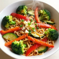 - 2 packs of instant ramen noodles - 1 red bell pepper, thinly sliced - 1 medium carrot, julienned - 1 medium zucchini, sliced into half-moons - 1 cup fresh broccoli florets - 4 cloves garlic, finely minced - 1 inch piece of fresh ginger, grated - 2 green onions, sliced thinly - 2 tablespoons soy sauce - 1 tablespoon sriracha sauce - 1 tablespoon sesame oil - Salt and freshly cracked pepper, to taste This recipe uses simple, easy-to-find ingredients. Instant ramen noodles serve as the base. Fresh vegetables add color and crunch. Garlic and ginger bring bold flavor. The soy sauce and sriracha add depth and heat. Sesame oil finishes the dish, giving it a nutty aroma. When picking vegetables, feel free to mix and match. Bell peppers add sweetness, while broccoli gives a nice bite. Carrots and zucchini add a soft texture. Using fresh ingredients makes this meal healthy and vibrant. Make sure to have everything prepped before you start cooking. This keeps the process smooth and fast. You can enjoy a delicious meal in about 20 minutes. {{ingredient_image_2}} How to Cook Instant Ramen To cook instant ramen, fill a pot with water and bring it to a boil. Add the ramen noodles and cook them for about 3 minutes. Stir gently to separate the noodles. Once they are soft, remove them from heat. Draining and Cooling Carefully drain the noodles in a colander. Rinse them briefly under cool water to stop the cooking process. Set them aside to cool while you prepare the stir-fry. Heating the Skillet Grab a large skillet or wok and place it on the stove. Pour in 1 tablespoon of vegetable oil. Heat the oil over medium-high heat until it shimmers. You want it hot but not smoking. Adding Aromatics (garlic and ginger) Now, add 4 finely minced garlic cloves and 1 inch of grated ginger to the hot oil. Stir them for about 30 seconds. They should become fragrant and just start to turn golden. Incorporating Fresh Vegetables Toss in 1 thinly sliced red bell pepper, 1 julienned carrot, and 1 sliced zucchini. Stir-fry these for 2 to 3 minutes. The vegetables should soften a bit but still have some crunch. Cooking Techniques for Perfect Crunch Next, add 1 cup of fresh broccoli florets. Keep stir-frying for another 2 minutes. The broccoli should turn bright green and stay crisp-tender. Mixing in Ramen with Vegetables Gently add the cooled ramen noodles into the skillet. Toss them with the vegetables carefully, so you don't break the noodles. Adding Soy Sauce and Sriracha Pour in 2 tablespoons of soy sauce and 1 tablespoon of sriracha sauce. Mix well so all the ingredients are coated. Drizzle 1 tablespoon of sesame oil and stir-fry for another minute to blend the flavors. Taste Testing for Adjustments Taste your stir-fry. Add salt and freshly cracked pepper to suit your taste. If you want more heat, increase the sriracha. Plating and Garnishing Tips Remove the skillet from heat. Fold in 2 sliced green onions for extra crunch and color. Serve the stir-fry in bowls and garnish with toasted sesame seeds. This adds a nice touch and flavor. Enjoy your spicy garlic ramen stir-fry! - Cooking at the Right Temperature: Keep the heat high. This helps vegetables cook fast. A hot pan gives you a nice char and keeps veggies crisp. - Stirring Techniques to Avoid Clumping: Stir often! This stops noodles from sticking. Use a spatula to lift and toss everything. - Tips for Making It Spicier: Add more sriracha! Start with one tablespoon, then taste. If it needs more heat, add a bit more. You can also add red pepper flakes for extra kick. - Alternatives for Mild Preferences: If you want less heat, skip the sriracha. Instead, use a bit of soy sauce for flavor. You can also add a splash of lemon juice for brightness. - Visual Appeal with Garnishes: Serve your ramen in nice bowls. Sprinkle toasted sesame seeds on top. Add green onions for color and crunch. - Serving Suggestions: Pair your stir-fry with a side of pickled vegetables. You can also serve it with a simple salad for freshness. Pro Tips Prep Your Ingredients Ahead: Having all your vegetables prepped and ready to go will make the stir-frying process much smoother and faster. Don&rsquo;t Overcook the Vegetables: To retain their vibrant color and nutrients, stir-fry the vegetables just until they are tender but still crisp. Customize Your Heat Level: Feel free to adjust the amount of sriracha based on your taste preferences, or add other spicy ingredients like chili flakes for an extra kick. Use Leftover Vegetables: This recipe is a great way to use up any vegetables you have on hand, so feel free to mix in whatever you need to use up. {{image_4}} You can easily add protein to your spicy garlic ramen stir-fry. Here are some options: - Chicken: Use bite-sized pieces. Cook for 5-7 minutes until no longer pink. - Tofu: Use firm tofu, cubed. Saut&eacute; for about 5-6 minutes until golden. - Shrimp: Add peeled shrimp. Cook for 3-4 minutes until they turn pink. Cooking times vary by protein. Chicken takes the longest, while shrimp cooks the fastest. Adjust your cooking times based on what you choose. Feel free to swap in seasonal vegetables. Here are some ideas: - Bell Peppers: Use yellow or orange for color and sweetness. - Snow Peas: Add for crunch and a fresh taste. - Mushrooms: Saut&eacute; sliced mushrooms for an earthy flavor. You can customize your stir-fry with what you have on hand. As long as you keep the cooking time in mind, you can mix and match. For a gluten-free dish, try these tips: - Soy Sauce: Use tamari, a gluten-free soy sauce alternative. - Noodles: Look for gluten-free ramen noodles made from rice or buckwheat. These options ensure you enjoy the stir-fry without gluten. To keep your spicy garlic ramen stir-fry fresh, use airtight containers. Glass or plastic containers work well. Make sure to cool the stir-fry before sealing it. This prevents condensation. The recommended shelf life is about 3 to 4 days in the fridge. For the best taste, reheat the stir-fry on the stove. Use a skillet over medium heat. Add a splash of water or broth to keep it moist. Stir often to heat evenly. Avoid microwaving, as it can make the noodles soggy. To freeze the stir-fry, let it cool completely first. Then, portion it into freezer-safe bags or containers. Squeeze out as much air as possible before sealing. You can freeze it for up to 2 months. When ready to eat, thaw in the fridge overnight. To reheat, use the stove again. Add a bit of water if needed, and stir well. Yes, you can easily make this recipe vegan. Use vegetable broth instead of water when cooking the ramen. Replace the sriracha with a vegan hot sauce if desired. Ensure your soy sauce is vegan too. This way, you keep all the great flavors while making it plant-based. To boost the flavor, try adding a splash of rice vinegar. It adds a bright kick. You can also mix in some chili flakes for extra heat. Fresh herbs like cilantro can add freshness. Don't forget to use high-quality soy sauce for a deeper taste. Besides soy and sriracha, you can try hoisin sauce for a sweet twist. Teriyaki sauce adds a nice glaze. If you like umami, consider oyster sauce. Each option brings a unique flavor that complements the stir-fry well. You can store the stir-fry in an airtight container in the fridge for up to three days. Make sure it cools completely before sealing. This keeps the noodles from getting mushy. Yes, you can use other noodles. Rice noodles or udon work great. Just adjust the cooking time according to the package directions. You can even use zucchini noodles for a low-carb option. Each type adds a different texture to your dish. This blog post covers how to create a tasty stir-fried ramen dish. You learned about the main ingredients, cooking steps, and helpful tips for success. I shared ideas for proteins and ways to customize your meal. Remember, cooking is all about creativity and making it your own. Follow the steps to whip up a quick and delicious meal. Enjoy your cooking adventure and impress your friends with your new skills!