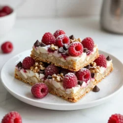 - 1 &frac12; cups graham cracker crumbs - &frac12; cup unsweetened shredded coconut - &frac12; cup unsalted butter, melted - 1 cup sweetened condensed milk - 1 cup fresh raspberries (or frozen, thawed) - 1 cup semi-sweet chocolate chips - &frac12; cup chopped walnuts or pecans (optional) - &frac12; teaspoon vanilla extract - A pinch of sea salt To create these delicious Raspberry Coconut Magic Bars, gather your ingredients first. You will need graham cracker crumbs for the base. These crumbs give the bars a sweet and crunchy texture that everyone loves. Next, you&rsquo;ll need unsweetened shredded coconut. This adds a tropical flavor that pairs well with the raspberries. Melt your unsalted butter to bind everything together. Sweetened condensed milk is key for that rich, creamy layer. Fresh raspberries bring a burst of flavor and color. If you can&rsquo;t find fresh ones, thawed frozen raspberries work too. Semi-sweet chocolate chips add a touch of richness. You can include chopped walnuts or pecans if you want extra crunch. Don&rsquo;t forget a bit of vanilla extract for flavor and a pinch of sea salt to balance the sweetness. Each ingredient plays a role in making these bars truly magical. - 9x9-inch baking pan - Mixing bowls - Spatula - Measuring cups For this recipe, you need a few key tools. A 9x9-inch baking pan works best for even cooking. Mixing bowls help combine all your ingredients with ease. Use a spatula to spread the layers and ensure everything is well mixed. Measuring cups are essential for accuracy. You want your bars to turn out perfectly. With these ingredients and tools, you&rsquo;re ready to make a treat that will impress everyone. {{ingredient_image_2}} - Preheat the oven to 350&deg;F (175&deg;C). - Grease the pan or line with parchment paper. - Combine graham cracker crumbs, coconut, melted butter, and a pinch of sea salt. - Press the mixture into the bottom of the baking pan. This forms the base for your bars. - Pour sweetened condensed milk over the crust. - Evenly add the fresh raspberries, chocolate chips, and nuts if you choose to use them. - Place the pan in the oven and bake for 25-30 minutes. The edges will turn golden brown, and the center will bubble. - Let the bars cool in the pan for 30 minutes before moving on. - Transfer the pan to the refrigerator. Chill for one hour before cutting into squares. This helps them set and makes cutting easier. For the best texture, let your bars cool completely in the pan. This helps them set well. I find that cooling for about 30 minutes is just right. Then, move them to the fridge for an hour. This step firms them up nicely. If you want to switch things up, consider ingredient substitutions. You can use gluten-free graham crackers if needed. Also, swap fresh raspberries for frozen ones; just make sure they are thawed and drained well. To wow your guests, dust the bars with powdered sugar. This adds a nice touch. You can also garnish with fresh raspberries and a sprinkle of shredded coconut. Arrange the bars on a decorative platter for a beautiful display. These bars are perfect for special occasions like birthdays or holidays. Serve them with a scoop of vanilla ice cream for a delightful treat. If your bars turn out too gooey, try baking them a bit longer. Look for golden edges and a bubbling center. This means they&rsquo;re done! For even baking, make sure to spread your ingredients evenly in the pan. Press the crust down firmly. This helps the layers stay together during baking. Pro Tips Use Fresh Raspberries: Fresh raspberries provide the best flavor and texture, but if using frozen, ensure they are thoroughly drained to avoid excess moisture. Chill for Best Texture: After baking, let the bars cool completely, then refrigerate for at least an hour. This helps them firm up, making cutting easier and preventing crumbling. Customize Your Nuts: Feel free to mix and match nuts based on your preference. Pecans or almonds can add a unique flavor profile to your bars. Layering Technique: When adding toppings, press them down lightly into the condensed milk layer to ensure they adhere well while baking, creating a more cohesive bar. {{image_4}} You can make these bars even better with different flavors. Try adding fresh blueberries or strawberries. These fruits mix well with the tartness of raspberries. You can also switch the chocolate. Use white chocolate for a sweeter taste or dark chocolate for a richer flavor. Each choice changes the bars in a fun way. If you need a gluten-free option, use gluten-free graham crackers. They work just as well in the crust. For a vegan version, swap the butter for coconut oil. You can also use coconut milk instead of sweetened condensed milk. These changes still keep the bars tasty and satisfying. Want a quick treat? You can make a no-bake version of these magic bars. Simply mix the crust ingredients and press them into a pan. Instead of baking, chill the mixture in the fridge for a few hours. After it firms up, add the toppings. This way, you get a delicious dessert without any cooking. To keep your Raspberry Coconut Magic Bars fresh, store them in an airtight container. This helps prevent them from drying out. Place a piece of parchment paper between layers to avoid sticking. The best temperature for storage is at room temperature for short periods. If you live in a hot area, it&rsquo;s better to refrigerate them. These bars can last about 3-4 days at room temperature. If you want them to last longer, move them to the fridge. In the fridge, they stay fresh for up to a week. Just remember to seal them well to keep moisture away. Freezing these magic bars is simple. First, cut them into squares. Next, wrap each square tightly in plastic wrap. Place the wrapped bars in a freezer-safe bag. Be sure to label the bag with the date. They can last up to three months in the freezer. When you want to eat one, take it out and let it thaw in the fridge overnight. This keeps the texture nice and tasty. Yes, you can. If you want to swap out walnuts or pecans, try almonds or hazelnuts. Each nut gives a unique taste and texture. Almonds add a nice crunch, while hazelnuts offer a rich flavor. Use the same amount as the original nuts for best results. You have several options. For a gluten-free choice, use gluten-free graham crackers. You can also try crushed cookies like vanilla wafers or digestive biscuits. If you want a nutty twist, use ground almonds or oats. Each option will change the flavor and texture a bit. Yes, you can make them in advance. Bake the bars and let them cool completely. Then, store them in an airtight container. They last well for up to five days at room temperature. If you want to keep them longer, freeze them for up to three months. Just thaw in the fridge before serving. You now have a simple guide to make Raspberry Coconut Magic Bars. Gather your essential ingredients, follow the step-by-step instructions, and enjoy a delicious treat. Remember to chill the bars for the best taste and texture. You can try different flavors or even a no-bake version. Whether you share them or keep them for yourself, these bars are sure to please. Happy baking, and enjoy every bite of your sweet creation!