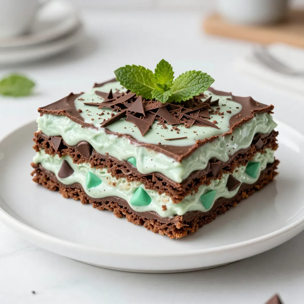 - 1 package (about 14-15) chocolate graham crackers - 1 cup heavy whipping cream - 1 cup powdered sugar - 1 teaspoon pure vanilla extract - 8 oz cream cheese, softened - 1 cup mint chocolate chips - 1/2 cup sour cream - 1 cup whipped topping (like Cool Whip) - 2 tablespoons mint extract - Grated dark chocolate or cacao nibs for garnish - Extra fresh mint leaves for garnish (optional) Each ingredient plays a key role in this dessert. The chocolate graham crackers form the base and add a rich flavor. The heavy whipping cream and powdered sugar create a fluffy filling. This filling becomes even richer with cream cheese, sour cream, and mint extract. The mint chocolate chips give that lovely minty flavor. The whipped topping adds lightness to the mix. If you want to switch things up, consider these options: - Use vanilla wafers instead of chocolate graham crackers for a different taste. - Swap heavy cream for coconut cream for a dairy-free version. - Try using Greek yogurt instead of sour cream for a healthier twist. - For a different flavor, mix in peanut butter chips instead of mint chocolate chips. These alternatives can help you customize the dessert to your taste. Enjoy experimenting! {{ingredient_image_2}} To start, grab a mixing bowl and your electric mixer. Pour in the heavy whipping cream. Beat it until soft peaks form. Then, slowly add the powdered sugar and vanilla extract. Keep whipping until you see stiff peaks. This fluffy cream is now ready. Set it aside for later. In a separate bowl, take the softened cream cheese. Use the mixer to beat it until it’s smooth and creamy. Next, add the mint extract and sour cream. Mix until they are fully combined. Now, take the whipped cream you made earlier. Gently fold it in with a spatula. Lastly, fold in the mint chocolate chips without deflating the mixture. Grab a 9x9 inch square dish. Start with a layer of chocolate graham crackers at the bottom. Next, spread half of your mint cream cheese mixture over the crackers. Smooth it out evenly. Then, add another layer of chocolate graham crackers on top. Spread the rest of the cream cheese mixture over this layer. Finish with one last layer of chocolate graham crackers. Cover your dish tightly with plastic wrap. Place it in the fridge for at least four hours. For the best taste, let it chill overnight. This allows the flavors to mix and the layers to set nicely. Once chilled, take the lasagna out of the fridge. Carefully slice it into squares. For a beautiful touch, garnish each square with grated dark chocolate or cacao nibs. You can also add a fresh mint leaf on top for extra flair. Enjoy your no-bake mint chocolate lasagna! To get stiff peaks, start with cold tools. Use a cold mixing bowl and beaters. This helps the cream whip better. Pour the heavy whipping cream into the bowl. Whip it on medium speed. As it thickens, add the powdered sugar and vanilla. Keep whipping until peaks form. Stiff peaks stand tall and do not droop. This step is key for your cream filling. Layering is all about evenness. Start with a flat layer of chocolate graham crackers. Make sure they fit snugly in your dish. Spread half of the mint cream cheese mixture evenly on top. Use a spatula for smoothness. Repeat with another layer of crackers and the remaining mixture. End with a final layer of crackers on top for a nice finish. This helps keep the structure of your dessert. Chilling is crucial for the best flavor and texture. Cover your dish tightly with plastic wrap. This keeps moisture in and prevents odors from mixing. Chill for at least 4 hours, but overnight is best. This allows flavors to blend and layers to set. The longer it chills, the better it tastes. Pro Tips Chill for Better Texture: Allow the lasagna to chill overnight for the best flavor and texture. This extra time helps the layers set properly and enhances the overall taste. Use Fresh Ingredients: Opt for fresh mint leaves and high-quality mint chocolate chips to elevate the flavor of your lasagna. Fresh ingredients make a noticeable difference! Be Gentle When Folding: When combining the whipped cream with the cream cheese mixture, use a gentle folding motion to preserve the light and airy texture for a better mouthfeel. Experiment with Layers: Feel free to add extra layers or mix in other flavors, like crushed Oreos or peanut butter chips, to customize your lasagna to your liking. {{image_4}} You can switch up the flavors in this dessert! Try using vanilla or hazelnut extract instead of mint. This change makes the dish taste different and fun. You can also swap the mint chocolate chips for peanut butter or caramel chips. Each swap gives a new twist to the classic recipe. Mix and match until you find your favorite combo! Making a gluten-free version is easy. Just use gluten-free chocolate graham crackers. They taste great and work well in this recipe. For a nutty flavor, you can also use crushed almond flour cookies. This way, you can enjoy the dessert without worrying about gluten. Extra toppings can make your lasagna even more special. Try adding fresh berries, like raspberries or strawberries, on top of each slice. You can also sprinkle crushed nuts for a crunchy texture. If you love chocolate, drizzle some chocolate sauce over the top. These toppings add flavor and make the dish look fancy! Store any leftover lasagna in an airtight container. Make sure the lid seals well to keep out air. You can also cover the dish tightly with plastic wrap. This method keeps the dessert fresh and tasty. Place it in the fridge, where it will last up to three days. You can freeze the lasagna if you want to keep it longer. First, cut it into squares for easy servings. Wrap each piece tightly in plastic wrap. Then, place the wrapped pieces in a freezer-safe bag or container. This way, it can stay frozen for up to two months. When you’re ready to enjoy it, let it thaw in the fridge overnight. Reheat the lasagna gently to maintain its texture. You can use a microwave or an oven. If using a microwave, heat it for about 30 seconds at a time, checking often. If using an oven, preheat it to 350°F and cover the lasagna with foil. Bake for about 10 to 15 minutes until warmed through. Enjoy your dessert at its best! You can use coconut cream as a great substitute for heavy whipping cream. It has a thick texture and a mild flavor. Another option is to use a mixture of milk and butter. For every cup of heavy cream, mix 3/4 cup of milk with 1/3 cup of melted butter. This dessert lasts for about 3 to 5 days in the fridge. Keep it covered tightly with plastic wrap. If you notice any changes in texture or smell, it's best to toss it out. Yes, you can make this dessert a day ahead. It tastes even better after chilling overnight. This allows the flavors to blend perfectly and the layers to set well. Yes, you can create a vegan version. Use coconut cream instead of heavy whipping cream. Replace cream cheese with a vegan cream cheese alternative. Make sure to use vegan chocolate chips as well. This way, you can enjoy the same minty flavor without dairy. This blog post covered everything you need for a delicious No-Bake Mint Chocolate Lasagna. We discussed ingredients and their measurements, plus tasty alternatives. I shared clear steps to prepare, layer, chill, and serve your dessert. Tips helped you make the perfect treat. We explored fun variations and storage tips to keep it fresh. In the end, this recipe is fun and easy. Enjoy creating and sharing this tasty dessert with friends and family!