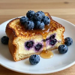 - 6 slices of thick bread (brioche or challah work well) - 1 cup cream cheese, softened - 1/4 cup powdered sugar - 1 teaspoon pure vanilla extract - 1 cup fresh blueberries (plus more for garnish) - 2 large eggs - 1/2 cup whole milk - 1 teaspoon ground cinnamon - 1 tablespoon unsalted butter (for frying) - Maple syrup (for serving) - Mixing bowls and utensils for combining ingredients - Electric mixer or whisk to blend the filling - A non-stick skillet for cooking the French toast {{ingredient_image_2}} To make the filling, start by mixing 1 cup of softened cream cheese, 1/4 cup of powdered sugar, and 1 teaspoon of pure vanilla extract in a bowl. Use a whisk or electric mixer to blend until smooth. This mixture should be creamy and free of lumps. Next, gently fold in 1 cup of fresh blueberries. Be careful not to crush them. You want the blueberries to pop in your mouth. Now it's time to prepare the bread. Take 6 slices of thick bread, like brioche or challah. Slice each piece horizontally, leaving one edge intact. This will create pockets for the filling. Fill each pocket with about 2-3 tablespoons of the blueberry cheesecake mixture. Make sure they are well-stuffed but not overflowing. In a separate bowl, whisk together 2 large eggs, 1/2 cup of whole milk, and 1 teaspoon of ground cinnamon. Mix until it&rsquo;s frothy. Preheat a non-stick skillet over medium heat and add 1 tablespoon of unsalted butter, letting it melt. Dip each stuffed slice of bread into the egg mixture, turning to coat both sides. Let any excess drip off before placing them in the skillet. Cook each slice for about 3-4 minutes on each side. Look for a golden brown color. If they don't brown, turn up the heat a bit. Repeat the cooking process with any remaining slices. Serve warm, drizzled with maple syrup and topped with more fresh blueberries. To make the best French toast, start with the right temperature. Preheat your skillet to medium heat. This helps cook the bread evenly. If it's too hot, the outside burns before the inside cooks. Keep an eye on the edges of your French toast. They should be golden brown. If they look dark, lower the heat. This way, you'll avoid burnt edges. If you have leftovers, store them in an airtight container. Place parchment paper between the slices to prevent them from sticking. You can keep them in the fridge for up to three days. For reheating, use a skillet over low heat. This helps keep the texture soft and warm. You can also use a microwave, but be careful. The bread might become soggy. When serving, stack the French toast on a nice plate. Dust with powdered sugar for a sweet touch. Scatter fresh blueberries around the base for color. Don&rsquo;t forget the maple syrup! Serve it in a small pitcher for easy pouring. This adds a cozy feel to your breakfast. Pro Tips Choosing the Right Bread: Use thick slices of bread like brioche or challah for a fluffy texture that holds the filling well. Folding Blueberries: Gently fold the blueberries into the cream cheese mixture to keep them intact and prevent crushing. Perfecting the Custard: Ensure the egg and milk mixture is well-whisked and frothy for a rich and creamy custard that coats the bread evenly. Cooking Temperature: Cook the French toast on medium heat to achieve a golden brown crust without burning the outside before the inside is cooked. {{image_4}} You can switch up the flavor of your stuffed French toast. Instead of blueberries, try strawberries or raspberries. Each fruit brings its own unique taste and fun color. If you want to explore cheesecake flavors, consider lemon or chocolate. Both add a twist that will surprise your taste buds. You can use different types of bread for this recipe. For gluten-free options, look for thick gluten-free bread. Many brands now offer tasty choices that mimic traditional bread. If you want a vegan version, use plant-based cream cheese and almond or oat milk. This way, everyone can enjoy this dish. Pair your Blueberry Cheesecake Stuffed French Toast with classic breakfast sides. Crispy bacon or sausage complements the sweetness well. For drinks, serve it with fresh orange juice or a hot cup of coffee. These drinks balance the flavors and create a perfect breakfast experience. Each serving of blueberry cheesecake stuffed French toast has about 400 calories. This sweet treat has 20 grams of fat, mainly from the cream cheese and butter. You also get around 25 grams of sugar, mostly from the powdered sugar and blueberries. On the plus side, it packs about 10 grams of protein from the eggs and cream cheese. To make this dish a bit healthier, you can lower the sugar content. Use less powdered sugar in the filling. You can also swap in honey or maple syrup for some sweetness. Another great idea is to use whole grain bread instead of white bread. Whole grains add fiber, making this dish more filling. You could also mix in more fruits, like sliced bananas or strawberries, for added flavor and nutrients. Yes, you can prepare this dish ahead of time. To do this, make the blueberry cheesecake filling the night before. Store it in the fridge in an airtight container. You can also slice the bread and create pockets in advance. Just keep the bread covered to prevent it from drying out. When ready to serve, fill the bread pockets and cook. This will save you time in the morning. If you want a different option, use ricotta cheese or Greek yogurt. For a vegan choice, try cashew cream or coconut cream. Both have a nice creamy texture. You can also mix in a bit of nutritional yeast for added flavor. These substitutes keep the filling tasty while meeting different dietary needs. Store any leftovers in an airtight container. Place them in the fridge for up to three days. You can also freeze them for up to three months. To reheat, use an oven or toaster oven for best results. This keeps the toast crispy outside while warming the filling. Avoid using the microwave, as it can make them soggy. In this blog post, we explored how to make stuffed French toast with blueberry cheesecake filling. We covered key ingredients and tools, provided step-by-step cooking instructions, and shared tips for success. Don't forget to try various flavors and experiment with different breads. With these insights, you can enjoy a fun and delicious breakfast treat. Remember, the right ingredients and techniques make all the difference in your cooking adventures. Enjoy every bite!
