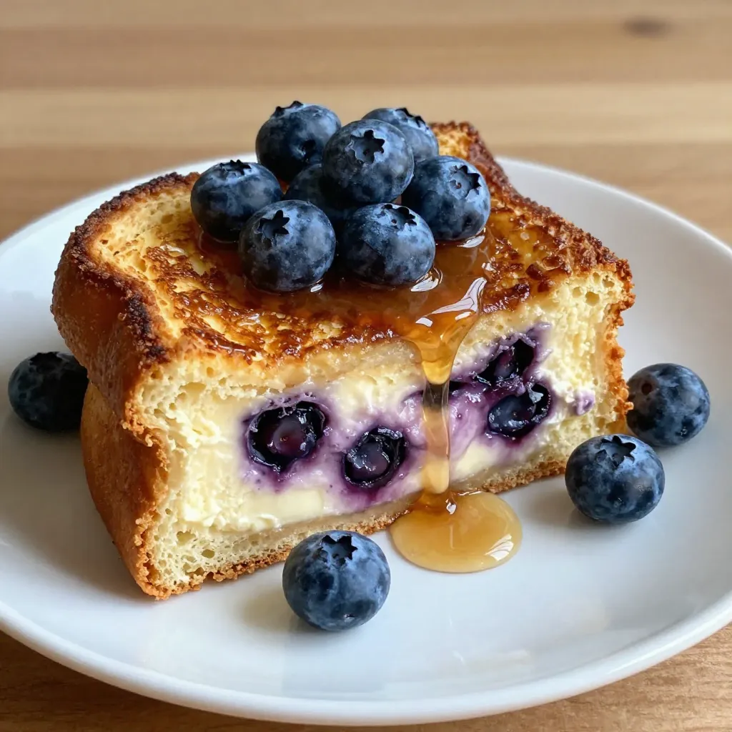 - 6 slices of thick bread (brioche or challah work well) - 1 cup cream cheese, softened - 1/4 cup powdered sugar - 1 teaspoon pure vanilla extract - 1 cup fresh blueberries (plus more for garnish) - 2 large eggs - 1/2 cup whole milk - 1 teaspoon ground cinnamon - 1 tablespoon unsalted butter (for frying) - Maple syrup (for serving) - Mixing bowls and utensils for combining ingredients - Electric mixer or whisk to blend the filling - A non-stick skillet for cooking the French toast {{ingredient_image_2}} To make the filling, start by mixing 1 cup of softened cream cheese, 1/4 cup of powdered sugar, and 1 teaspoon of pure vanilla extract in a bowl. Use a whisk or electric mixer to blend until smooth. This mixture should be creamy and free of lumps. Next, gently fold in 1 cup of fresh blueberries. Be careful not to crush them. You want the blueberries to pop in your mouth. Now it's time to prepare the bread. Take 6 slices of thick bread, like brioche or challah. Slice each piece horizontally, leaving one edge intact. This will create pockets for the filling. Fill each pocket with about 2-3 tablespoons of the blueberry cheesecake mixture. Make sure they are well-stuffed but not overflowing. In a separate bowl, whisk together 2 large eggs, 1/2 cup of whole milk, and 1 teaspoon of ground cinnamon. Mix until it’s frothy. Preheat a non-stick skillet over medium heat and add 1 tablespoon of unsalted butter, letting it melt. Dip each stuffed slice of bread into the egg mixture, turning to coat both sides. Let any excess drip off before placing them in the skillet. Cook each slice for about 3-4 minutes on each side. Look for a golden brown color. If they don't brown, turn up the heat a bit. Repeat the cooking process with any remaining slices. Serve warm, drizzled with maple syrup and topped with more fresh blueberries. To make the best French toast, start with the right temperature. Preheat your skillet to medium heat. This helps cook the bread evenly. If it's too hot, the outside burns before the inside cooks. Keep an eye on the edges of your French toast. They should be golden brown. If they look dark, lower the heat. This way, you'll avoid burnt edges. If you have leftovers, store them in an airtight container. Place parchment paper between the slices to prevent them from sticking. You can keep them in the fridge for up to three days. For reheating, use a skillet over low heat. This helps keep the texture soft and warm. You can also use a microwave, but be careful. The bread might become soggy. When serving, stack the French toast on a nice plate. Dust with powdered sugar for a sweet touch. Scatter fresh blueberries around the base for color. Don’t forget the maple syrup! Serve it in a small pitcher for easy pouring. This adds a cozy feel to your breakfast. Pro Tips Choosing the Right Bread: Use thick slices of bread like brioche or challah for a fluffy texture that holds the filling well. Folding Blueberries: Gently fold the blueberries into the cream cheese mixture to keep them intact and prevent crushing. Perfecting the Custard: Ensure the egg and milk mixture is well-whisked and frothy for a rich and creamy custard that coats the bread evenly. Cooking Temperature: Cook the French toast on medium heat to achieve a golden brown crust without burning the outside before the inside is cooked. {{image_4}} You can switch up the flavor of your stuffed French toast. Instead of blueberries, try strawberries or raspberries. Each fruit brings its own unique taste and fun color. If you want to explore cheesecake flavors, consider lemon or chocolate. Both add a twist that will surprise your taste buds. You can use different types of bread for this recipe. For gluten-free options, look for thick gluten-free bread. Many brands now offer tasty choices that mimic traditional bread. If you want a vegan version, use plant-based cream cheese and almond or oat milk. This way, everyone can enjoy this dish. Pair your Blueberry Cheesecake Stuffed French Toast with classic breakfast sides. Crispy bacon or sausage complements the sweetness well. For drinks, serve it with fresh orange juice or a hot cup of coffee. These drinks balance the flavors and create a perfect breakfast experience. Each serving of blueberry cheesecake stuffed French toast has about 400 calories. This sweet treat has 20 grams of fat, mainly from the cream cheese and butter. You also get around 25 grams of sugar, mostly from the powdered sugar and blueberries. On the plus side, it packs about 10 grams of protein from the eggs and cream cheese. To make this dish a bit healthier, you can lower the sugar content. Use less powdered sugar in the filling. You can also swap in honey or maple syrup for some sweetness. Another great idea is to use whole grain bread instead of white bread. Whole grains add fiber, making this dish more filling. You could also mix in more fruits, like sliced bananas or strawberries, for added flavor and nutrients. Yes, you can prepare this dish ahead of time. To do this, make the blueberry cheesecake filling the night before. Store it in the fridge in an airtight container. You can also slice the bread and create pockets in advance. Just keep the bread covered to prevent it from drying out. When ready to serve, fill the bread pockets and cook. This will save you time in the morning. If you want a different option, use ricotta cheese or Greek yogurt. For a vegan choice, try cashew cream or coconut cream. Both have a nice creamy texture. You can also mix in a bit of nutritional yeast for added flavor. These substitutes keep the filling tasty while meeting different dietary needs. Store any leftovers in an airtight container. Place them in the fridge for up to three days. You can also freeze them for up to three months. To reheat, use an oven or toaster oven for best results. This keeps the toast crispy outside while warming the filling. Avoid using the microwave, as it can make them soggy. In this blog post, we explored how to make stuffed French toast with blueberry cheesecake filling. We covered key ingredients and tools, provided step-by-step cooking instructions, and shared tips for success. Don't forget to try various flavors and experiment with different breads. With these insights, you can enjoy a fun and delicious breakfast treat. Remember, the right ingredients and techniques make all the difference in your cooking adventures. Enjoy every bite!