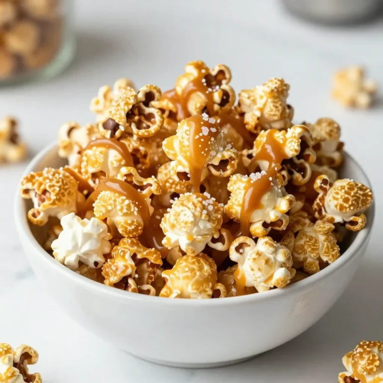 - 1 cup popped popcorn kernels - 1 cup granulated sugar - 1/4 cup unsalted butter - 1/4 cup light corn syrup - 1/2 teaspoon baking soda - 1/2 teaspoon fine sea salt - 1 teaspoon pure vanilla extract - 1 cup semisweet chocolate chips - Extra sea salt for sprinkling I love making this chocolate caramel popcorn. It starts with the main ingredients: popped popcorn kernels, granulated sugar, and unsalted butter. These create the base for our sweet treat. Next, we add light corn syrup. This syrup helps the caramel stick to the popcorn. The baking soda and fine sea salt balance the sweetness. The pure vanilla extract gives it a rich flavor. For toppings, semisweet chocolate chips are a must. They melt beautifully and add a nice contrast to the caramel. A sprinkle of extra sea salt on top is the finishing touch. It enhances that sweet and salty flavor, making it even more irresistible! {{ingredient_image_2}} 1. Preheat your oven to 250°F (120°C). This low heat helps the popcorn bake evenly. 2. Pop 1 cup of popcorn kernels. You can use any method you like. Once popped, put the popcorn in a big bowl. Look through the popcorn to find any unpopped kernels. Remove them to keep everyone safe. 1. In a medium saucepan, mix 1 cup of granulated sugar, 1/4 cup of unsalted butter, 1/4 cup of light corn syrup, and 1/2 teaspoon of fine sea salt. 2. Cook this mixture over medium heat. Stir it often until it starts to bubble and boil. 3. Once it boils, stop stirring and cook it for 4-5 minutes. Watch closely as it changes to a nice golden brown color. 4. When it looks perfect, take it off the heat. Quickly stir in 1/2 teaspoon of baking soda and 1 teaspoon of pure vanilla extract. Be careful! The mixture will bubble up. 1. Pour the warm caramel sauce over the popcorn. Use a spatula or spoon to gently mix it in. Make sure all the popcorn is covered. 2. Line a baking sheet with parchment paper. Spread the caramel popcorn evenly on the sheet. 3. Place it in the preheated oven for 30 minutes. Stir every 10 minutes to coat all pieces well. 4. After baking, take it out and let it cool for about 15 minutes. The caramel will harden. 5. While it cools, melt 1 cup of semisweet chocolate chips in the microwave. Heat in 30-second bursts, stirring until smooth. 6. Drizzle the melted chocolate over the popcorn. Make sure it’s spread out well. 7. Before the chocolate sets, sprinkle some extra sea salt on top. This adds a great salty-sweet flavor. 8. Allow the chocolate caramel popcorn to sit at room temperature or place it in the fridge to speed up the hardening. Once set, break it into bite-sized pieces and enjoy! To make great caramel, you need the right mix of sugar and butter. Combine one cup of granulated sugar, a quarter cup of unsalted butter, and a quarter cup of light corn syrup in a saucepan. Heat this on medium, stirring until it bubbles. Timing is key when cooking caramel. Once it boils, stop stirring. Let it cook for four to five minutes. Watch closely as it changes to a golden brown color. This is when it gets sticky and sweet. For melting chocolate, the microwave is my favorite method. Place one cup of semisweet chocolate chips in a bowl. Heat them in 30-second intervals. Stir between each interval until they are smooth. This helps prevent clumps. If you prefer, you can use a double boiler. Put chocolate in a bowl over boiling water. Stir gently until melted. This method gives you more control. When serving chocolate caramel popcorn, think outside the box. Use decorative bowls for a fun look. For parties, pack popcorn in clear bags tied with ribbons. This adds a festive touch. Chocolate caramel popcorn is perfect for movie nights or birthday parties. Its sweet and salty flavor appeals to many. You can also serve it at holidays or family gatherings. Pro Tips Use Fresh Popcorn Kernels: Ensure your popcorn kernels are fresh for the best popping results. Old kernels may not pop effectively, leading to fewer fluffy pieces. Monitor the Caramel Color: When cooking the caramel, keep an eye on the color change. A light golden brown indicates it's ready; too dark can lead to a bitter taste. Mix Quickly: Once you add the baking soda to the hot caramel, mix quickly to prevent clumping. This will help ensure an even coating on the popcorn. Experiment with Chocolates: Feel free to use different types of chocolates such as dark or white chocolate for drizzling. Each will add a unique flavor profile to your popcorn. {{image_4}} You can customize your chocolate caramel popcorn in many fun ways. Adding nuts or dried fruits is a great option. Chopped pecans or almonds give a nice crunch. Dried cranberries or apricots add a sweet touch. You can also reflect seasonal flavors. In fall, try adding pumpkin spice. In summer, use fresh berries to brighten the flavor. If you're looking for healthier choices, try air-popped popcorn. It has no added oil and keeps the calories low. You can also switch to dark chocolate. Dark chocolate has less sugar and more antioxidants. It's a tasty way to enjoy a sweet treat without all the guilt. For those with allergies, substitutions work wonders. You can replace butter with coconut oil. This keeps your popcorn rich and tasty. Use brown rice syrup instead of corn syrup. It gives a nice caramel flavor without allergens. For chocolate lovers with dairy issues, dairy-free chocolate is an excellent choice. It melts just as well and tastes great! To keep chocolate caramel popcorn fresh, store it in an airtight container. This prevents air and moisture from ruining its crunch. Glass jars or plastic containers work well. Make sure to seal the lid tightly. Avoid using paper or cardboard. These materials let in air and moisture, which can lead to sogginess. You can keep chocolate caramel popcorn for about one week. After that, it may lose its crispness. If you notice a stale taste, it’s time to toss it out. Look for signs of spoilage, like an off smell or unusual color. If the popcorn feels soft instead of crunchy, it’s best to discard it. If your popcorn loses its crunch, you can refresh it. Spread it out on a baking sheet. Heat it in a 250°F oven for about 10 minutes. This will help dry it out and restore some crunch. Avoid microwaving, as it can make the popcorn chewy. Enjoy your popcorn fresh and crisp! To make chocolate caramel popcorn from scratch, follow these easy steps: 1. Preheat your oven to 250°F (120°C). 2. Pop 1 cup of popcorn kernels using your favorite method. 3. In a saucepan, mix 1 cup of sugar, 1/4 cup of butter, 1/4 cup of corn syrup, and 1/2 teaspoon of salt. Heat this mixture until it boils. 4. Cook for 4-5 minutes until it turns golden brown. 5. Remove from heat and stir in 1/2 teaspoon of baking soda and 1 teaspoon of vanilla. 6. Pour the caramel over the popcorn and mix well. 7. Spread it on a baking sheet lined with parchment paper. 8. Bake for 30 minutes, stirring every 10 minutes. 9. Let it cool for 15 minutes. 10. Melt 1 cup of chocolate chips and drizzle over the popcorn. 11. Sprinkle with extra sea salt and let it set. Each step builds flavor and texture, making this treat truly special. Yes, you can use pre-made caramel sauce. Here are the pros and cons: Pros: - Saves time and effort. - Consistent flavor and texture. - Easy to find in stores. Cons: - May contain additives or preservatives. - Flavor might not match homemade caramel. - Less control over sweetness and saltiness. If you choose to go this route, warm the sauce slightly before pouring it over the popcorn for better coating. Yes, you can make chocolate caramel popcorn vegan. Here are some alternatives: - Butter: Use vegan butter or coconut oil. - Sugar: Opt for organic sugar, which is often vegan-friendly. - Chocolate: Choose dairy-free chocolate chips. - Corn Syrup: You can use maple syrup or agave syrup as substitutes. These swaps keep the flavor while making it suitable for a vegan diet. Making chocolate caramel popcorn is a fun and tasty project. We covered the key ingredients, like popcorn, sugar, and butter, along with tips for perfect caramel and chocolate. You can add nuts or dried fruit for extra flavor. Remember to store it properly to keep it fresh. Enjoy this treat for movie nights or special occasions. With the right steps, you can create a delicious snack that everyone will love. Happy popping!