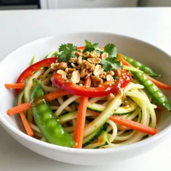 - Zucchini and vegetable components: - 2 medium zucchinis, spiralized into zoodles - 1 red bell pepper, thinly sliced into strips - 1 cup shredded carrots (about 2 medium carrots) - 1/2 cup sugar snap peas, trimmed and halved - 1/4 cup fresh cilantro leaves, roughly chopped - 2 green onions, thinly sliced on the diagonal - Dressings and seasonings: - 2 tablespoons sesame oil - 1 tablespoon fresh lime juice (about half a lime) - 2 tablespoons soy sauce (use tamari for a gluten-free option) - 1 tablespoon sriracha (adjust according to your spice preference) - 1 teaspoon honey or maple syrup (optional, for a hint of sweetness) - Sea salt to taste The zoodles give the salad a fresh base. Zucchini is low in calories and high in water. It makes a great substitute for pasta. The red bell pepper adds a sweet crunch. Shredded carrots bring color and some natural sweetness. Sugar snap peas add a nice bite along with their crisp texture. The dressing is where the magic happens. Sesame oil gives a nutty flavor that shines through. Fresh lime juice adds a burst of acidity, balancing the richness. Soy sauce brings a salty umami taste, making everything pop. Sriracha offers heat; you can adjust it based on how spicy you like your food. Honey or maple syrup can sweeten the mix just a bit, which makes the flavors sing. Together, these ingredients create a salad that is bright, fresh, and full of flavor. Each component plays a role in making your dining experience enjoyable. {{ingredient_image_2}} Start by spiralizing the zucchinis to make zoodles. Use a spiralizer to create long, thin strands. Once done, place the zoodles in a large mixing bowl. This helps them soften just enough for the salad. Next, add the thinly sliced red bell pepper, shredded carrots, and halved sugar snap peas. These colorful veggies add crunch and flavor. Mix them into the bowl with the zoodles. This forms a vibrant base for your salad. In a small bowl, whisk together the sesame oil, fresh lime juice, soy sauce, sriracha, and honey or maple syrup if you like a hint of sweetness. Mix thoroughly until the dressing is well blended. This sweet and spicy dressing brings the salad to life. Pour the dressing over the zoodle and veggie mixture. Use tongs or a large spoon to toss everything together. Make sure all the ingredients are coated but avoid breaking the zoodles. This keeps the salad looking fresh and appealing. Taste the salad to see if it needs more seasoning. Add sea salt or extra sriracha for more spice if desired. For the best flavor, let the salad sit for about 10 minutes. This allows the zoodles to soak up the delicious dressing. Enjoy your fresh and flavorful salad! When picking zucchini, look for firm ones. They should feel heavy for their size. A shiny skin shows freshness. Avoid zucchinis with soft spots or wrinkles. Select medium-sized zucchinis for the best texture. They spiralize nicely and hold up well in salads. You can control the heat in your salad. Start with one tablespoon of sriracha. If you want more spice, add more sriracha gradually. You can also mix in chili flakes for extra kick. For a milder taste, reduce the sriracha or use less soy sauce. Taste as you go to find your perfect level. This salad is great for meal prep. You can spiralize the zucchini a day ahead. Store the zoodles in a sealed container with a paper towel. This keeps them fresh and dry. Chop your veggies and make the dressing in advance, too. Just combine everything right before serving for the best taste. If you store it, the salad may get soggy. Add the dressing just before you eat. Pro Tips Use Fresh Zucchini: Opt for firm, fresh zucchinis to ensure your zoodles have the best texture and flavor. Adjust Spice Levels: Feel free to modify the amount of sriracha according to your taste preference for heat. Rest for Flavor: Let the salad sit for about 10 minutes before serving to enhance the flavors as the zoodles absorb the dressing. Add Crunch: For extra texture, consider adding additional toppings such as sesame seeds or fried shallots. {{image_4}} You can make this salad even better by adding protein. Here are some great options: - Chicken: Grilled or cooked chicken adds a nice touch. Use sliced breast or thigh. - Shrimp: Lightly saut&eacute; shrimp in garlic for a seafood twist. It pairs well with zoodles. - Tofu: For a plant-based option, use firm tofu. Pan-fry it for extra flavor and texture. Adding protein not only makes the salad heartier but also boosts its nutrition. Each choice adds a unique flavor and texture. Feel free to mix in other veggies. Here are some tasty alternatives: - Cucumbers: They add crunch and freshness. Dice them for easy bites. - Radishes: Thinly sliced radishes give a spicy kick. Their color brightens the salad. - Broccoli: Lightly steamed broccoli florets add a nutrient boost. They also offer a nice crunch. These swaps keep the salad exciting and help you use what you have on hand. The dressing is key to this salad. You can try different Asian-style dressings for variety: - Peanut Sauce: A creamy peanut sauce adds richness. It pairs well with the crunch of veggies. - Miso Dressing: This adds umami flavor. Mix miso paste with lime juice and a bit of water. - Cilantro Lime Vinaigrette: Blend fresh cilantro with lime juice for a zesty kick. Experimenting with dressings can change the whole vibe of your salad. Don't hesitate to get creative! To keep your Spicy Thai Zoodle Salad fresh, store it in an airtight container. Avoid adding the dressing until you are ready to eat. This prevents the zoodles from getting soggy. If you have leftover dressing, store it separately in a small jar. That way, you can enjoy the salad's crunch when you serve it. When stored properly, the salad lasts about 2 to 3 days in the fridge. The zoodles may lose some texture after a day, but they will still taste great. If you notice any signs of spoilage, like a bad smell or slimy texture, toss it out. Trust your senses! This salad is best served cold, so reheating is not necessary. If you use cooked ingredients like chicken or shrimp, warm them gently in a skillet over low heat. Avoid the microwave, as it can make the zoodles mushy. If you want to warm the salad slightly, let it sit at room temperature for a few minutes before serving. Zoodles are noodles made from zucchini. They are a great low-carb option. I love spiralizing fresh zucchini into long, noodle-like strands. You can use a spiralizer or a peeler to make them. Zoodles soak up dressings and flavors well, making them perfect for salads. They add a nice crunch and freshness to your meal. Yes, you can make this salad gluten-free! Just swap regular soy sauce for tamari. Tamari is a gluten-free version of soy sauce. It has a similar taste and works well in this recipe. Always check the label to be sure. This small change keeps the flavors intact without gluten. To make this salad vegetarian or vegan, swap honey for maple syrup. Maple syrup provides a sweet touch without animal products. All other ingredients are already plant-based. Feel free to add more veggies for added flavor. Try avocado or edamame for extra protein and nutrients. You can prepare this salad ahead of time! Just keep the dressing separate until you are ready to eat. This helps keep the zoodles crunchy. If you mix too early, the zoodles can get soggy. You can store the salad in the fridge for up to two days. Enjoy it fresh when you are ready! This blog post guides you through making a spicy Thai zoodle salad. We covered the ingredients, from fresh zucchini to flavorful dressings. You learned how to prepare zoodles, mix veggies, and create a tasty dressing. Tips on selecting zucchini and adjusting spice levels will help you customize your salad. We also shared ideas for protein additions and alternative veggies. Enjoy creating this light, healthy meal anytime!