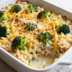 - 1 cup long-grain white rice - 2 cups vegetable broth - 2 cups fresh broccoli florets - 1 cup shredded cheddar cheese - 1 cup cream of mushroom soup - 1/2 cup sour cream - 1/2 teaspoon garlic powder - 1/2 teaspoon onion powder - Salt and pepper, to taste - 1/2 cup breadcrumbs - 2 tablespoons olive oil - 1/4 cup grated Parmesan cheese (optional) Gathering quality ingredients makes a big difference. I love using fresh broccoli florets for this casserole. They add bright color and a nice crunch. Long-grain white rice is perfect as it cooks evenly. The broth gives a warm flavor that pairs well with the cheese. I often choose cream of mushroom soup to add creaminess and depth. Sour cream gives a nice tang, which helps balance the flavors. For seasoning, garlic and onion powder boost the taste. A dash of salt and pepper rounds it all out. Adding breadcrumbs on top makes the dish crunchy and fun. Drizzling olive oil on the breadcrumbs helps them crisp up nicely in the oven. If you want even more cheese, sprinkle some grated Parmesan on top. It adds a tasty, extra layer of flavor. These ingredients come together to create a cozy and delicious meal. Each bite is packed with cheesy goodness and bright broccoli. This is a dish my family loves, and I&rsquo;m sure yours will too! {{ingredient_image_2}} - Preheat the oven to 350&deg;F (175&deg;C). - In a medium pot, bring 2 cups of vegetable broth to a boil. - Stir in 1 cup of long-grain white rice. - Cover the pot and lower the heat. - Let it simmer for 15-20 minutes until the rice is tender. - While the rice cooks, take 2 cups of fresh broccoli florets. - Place them in a pot with a small amount of water. - Cover and steam for 3-4 minutes. - The broccoli should be bright green and tender. - Drain any extra water and set the broccoli aside. - In a large bowl, mix the rice, steamed broccoli, and cheese. - Add 1 cup of cream of mushroom soup and 1/2 cup of sour cream. - Season with 1/2 teaspoon of garlic powder and onion powder. - Add salt and pepper to taste. - Stir until everything is well combined. - Grease a 9x13 inch baking dish with olive oil. - Pour the mixture into the dish, spreading it evenly. - In a small bowl, mix 1/2 cup of breadcrumbs with 2 tablespoons of olive oil. - Sprinkle this breadcrumb mix over your casserole. - If you like, top it with 1/4 cup of grated Parmesan cheese. - Place the dish in the oven and bake for 25-30 minutes. - Look for a golden brown and bubbly top. - Once done, let it rest for about 5 minutes before serving. To get the best rice and broccoli, monitor them closely. Cook the rice until it&rsquo;s tender. This usually takes about 15-20 minutes. Make sure all the broth is absorbed. For the broccoli, steam it just until it turns bright green and is tender. This should take around 3-4 minutes. If you overcook it, it will lose its color and crunch. Bake the casserole for 25-30 minutes. You want the top to be golden brown and bubbly. This will give you a nice crispy layer on top. Keep an eye on it toward the end to avoid burning. If you need a substitute for cream of mushroom soup, try cream of chicken soup. You can also make a simple white sauce with milk and flour. For those who want a dairy-free option, use vegan cream cheese or coconut cream. They work well in this dish. For cheese, if you need a dairy-free option, try using cashew cheese or almond cheese. They melt nicely and add flavor. You can also use nutritional yeast for a cheesy taste without dairy. To boost the flavor, add herbs and spices. Thyme, basil, or even a pinch of cayenne can bring new life to the dish. You could also add a squeeze of lemon juice right before serving for a fresh taste. For serving, think about pairing this casserole with a crisp green salad. A simple side of fresh herbs like parsley can brighten up your plate. It adds color and flavor, making your meal look and taste better. Pro Tips Use Fresh Broccoli: For the best flavor and texture, always opt for fresh broccoli florets instead of frozen. Fresh broccoli will provide a vibrant color and crunch to your casserole. Customize the Cheese: Feel free to mix different types of cheese for added flavor. A combination of sharp cheddar and mozzarella can create a delightful cheesy layer. Make it Ahead: This casserole can be prepared a day in advance. Assemble it, cover with foil, and refrigerate. Bake it fresh when you&rsquo;re ready to serve. Add Protein: For a heartier meal, consider adding cooked chicken or turkey to the rice and broccoli mixture before baking. {{image_4}} You can easily add protein to your casserole. Cooked chicken or turkey works great. Just chop them into small pieces and mix them in. If you prefer a vegetarian option, try adding chickpeas. They add a nice texture and boost the protein. Feel free to swap out the broccoli. Spinach is a tasty choice that wilts well. You can also use cauliflower for a different flavor. Mixed veggies add color and nutrients. Think about seasonal vegetables too, like asparagus in spring or squash in fall. They can really change the dish. Cheese makes this casserole super creamy. You can explore different types of cheese, like mozzarella or pepper jack. They melt well and add unique flavors. For extra cheesiness, layer some cheese in between the rice and broccoli. This makes every bite special and gooey. To store leftovers, let the casserole cool first. Then, cover it tightly with plastic wrap or foil. Place it in the fridge for up to three days. You can also freeze the casserole for longer storage. To freeze, cut it into portions and wrap each piece in plastic wrap. Then, place them in a freezer-safe bag. This way, you can enjoy it later! When reheating, you have two main options: the oven or the microwave. For the oven, preheat it to 350&deg;F (175&deg;C). Place the casserole in an oven-safe dish and cover it with foil. Bake for about 20 minutes. This method keeps the texture nice and creamy. For the microwave, use a microwave-safe dish. Heat it in short bursts of two minutes, stirring in between. This helps the casserole heat evenly without drying out. In the fridge, the casserole stays good for about three days. In the freezer, it lasts up to three months. Make sure to label your containers with the date you stored them. This helps you keep track of how long they&rsquo;ve been in there! Yes, you can make Cheesy Broccoli Rice Casserole ahead of time. This saves you time on busy days. To prep the night before, follow these steps: - Cook the rice and steam the broccoli. - Mix all ingredients as per the recipe. - Store the mixture in the fridge overnight. - When ready, pour it into a baking dish and bake as usual. Yes, you can make this casserole gluten-free with a few easy swaps. Use gluten-free breadcrumbs instead of regular ones. You can also check your cream of mushroom soup for gluten. Many brands offer gluten-free options. This makes it simple for gluten-sensitive eaters to enjoy. This casserole pairs well with many side dishes. Here are some great ideas: - A crisp green salad for freshness. - Roasted chicken or turkey for protein. - Garlic bread for a comforting touch. - Steamed veggies for extra nutrients. These sides enhance your meal and add variety to your plate. In this blog post, we explored a tasty Cheesy Broccoli Rice Casserole recipe. We covered key ingredients, step-by-step instructions, and helpful tips to make it perfect. You now know how to add protein or swap veggies for variety. Remember to store leftovers properly for best results. This dish is simple, comforting, and great for sharing. I hope you feel inspired to try it yourself or with loved ones. Enjoy making and savoring this delicious casserole!