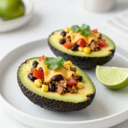 To make taco stuffed avocados, gather these tasty ingredients: - 2 ripe avocados, halved and pitted - 1 cup ground turkey or beef (or a plant-based alternative) - 1 tablespoon taco seasoning - 1/2 cup black beans, rinsed and drained - 1/2 cup corn (fresh, canned, or frozen) - 1 cup diced tomatoes - 1/4 cup red onion, finely chopped - 1/2 cup shredded cheese (cheddar or Mexican blend) - 1/4 cup fresh cilantro, chopped - Juice of 1 lime - Salt and pepper to taste You can make your taco stuffed avocados even better with these toppings: - Sour cream - Sliced jalape&ntilde;os - Additional cilantro Each serving of taco stuffed avocados provides a great balance of nutrients. They are rich in healthy fats from the avocados. You also get protein from the meat and black beans. Plus, the veggies add fiber and vitamins that are good for your body. This recipe is a fun and healthy meal option, perfect for any day! {{ingredient_image_2}} First, heat a skillet over medium heat. Add 1 cup of ground turkey or beef. Cook the meat for 5-7 minutes. Stir it often until it is browned all over. If there is extra fat, drain it. This keeps the filling light and tasty. In a separate bowl, mix 1/2 cup of rinsed black beans and 1/2 cup of corn. Add 1 cup of diced tomatoes and 1/4 cup of finely chopped red onion. Squeeze the juice of 1 lime into the mix. Season with a pinch of salt and pepper. Toss all the veggies together until they are well mixed. Now, take the cooked meat and add it to the veggie mix. Gently fold everything together. You want a nice, even filling that bursts with flavor. This step makes sure every bite is delicious. Halve 2 ripe avocados and remove the pits. Use a spoon to scoop out a little more flesh if needed. Take the taco filling and stuff it into each avocado half. Don&rsquo;t be shy! Heap it on for a fun look. Finally, sprinkle 1/2 cup of shredded cheese over the stuffed avocados. Add 1/4 cup of chopped fresh cilantro on top for a fresh touch. If you want, you can also add optional toppings like sour cream or jalape&ntilde;os. These give extra flavor and make the dish pop. To make taco stuffed avocados shine, start with ripe avocados. A ripe avocado feels slightly soft when you press it gently. Look for avocados with a dark green or black skin. Avoid those with large dark spots or cracks. If you find hard avocados, leave them at room temperature for a few days to ripen. Once ripe, store them in the fridge to slow down spoilage. If you want a lighter option, use ground turkey or a plant-based meat alternative. Cook it over medium heat until browned. This usually takes about 5-7 minutes. Make sure to drain any excess fat. For plant-based options, look for brands that mimic ground meat. They cook similarly and absorb flavors well. Always check the package for specific cooking instructions. Spices can elevate your taco stuffed avocados. Taco seasoning adds a burst of flavor, but you can mix your own too. Use chili powder, cumin, and garlic powder for a custom blend. A pinch of smoked paprika gives a wonderful depth. For more heat, add cayenne pepper. Don't forget to taste as you go; adjust salt and pepper to your liking. Fresh lime juice brightens the dish, so squeeze some over your filling. Pro Tips Choose Ripe Avocados: Make sure your avocados are perfectly ripe for the best flavor and texture. They should yield slightly to gentle pressure when squeezed. If they're not ripe, leave them at room temperature for a few days. Customize Your Seasoning: Feel free to adjust the taco seasoning to your taste. You can add more spices like cumin or chili powder for extra heat or flavor, or even try a pre-made spice blend for convenience. Make it Vegetarian: Substitute the meat with a plant-based alternative such as lentils or crumbled tofu for a delicious vegetarian option. This not only changes the flavor profile but also adds variety to your meals. Serve Immediately: For the best texture and flavor, serve the stuffed avocados immediately after preparation. The avocados can brown quickly, so consider adding lime juice to the exposed flesh to help prevent oxidation. {{image_4}} You can easily make taco stuffed avocados vegetarian or vegan. For a vegetarian option, swap ground meat for lentils or mushrooms. Cook them with taco seasoning just like the meat. For a vegan twist, use black beans or chickpeas. You can also add quinoa for extra protein. These options still pack in flavor and texture. If you want to use different proteins, there are plenty of choices. Ground chicken or pork works well in this recipe. For a lighter option, try shredded rotisserie chicken. You can also use plant-based meat for a good vegan choice. Just remember to cook it the same way as you would ground beef. Switch up the veggie mix for even more fun. You can add diced bell peppers for crunch. Chopped zucchini or corn can add sweetness, too. If you like spice, throw in some diced jalape&ntilde;os. These additions keep your stuffed avocados fresh and exciting. Feel free to mix and match your favorite veggies. To store leftover stuffed avocados, wrap them tightly in plastic wrap. This helps keep them fresh. Place the wrapped avocados in an airtight container. Store them in the fridge. They are best eaten within one day. For meal prep, consider making the filling in advance. Cook the meat and mix it with the veggies. Store this mixture in a separate container. You can cut the avocados just before serving. This keeps them fresh and green. If you want to reheat the filling, place it in a skillet. Heat it on low until warm. Do not reheat the avocados. They taste best fresh. If you need to enjoy them warm, try stuffing fresh avocados with the heated filling. Yes, you can use any ground meat you like. Ground chicken or pork works well too. For a healthier option, try lean turkey. If you prefer plant-based meals, use lentils or a meat substitute. This makes taco stuffed avocados flexible for everyone's taste. To keep avocados fresh, squeeze some lime juice on the cut sides. The acid slows down browning. You can also store them in an airtight container. If you have leftovers, cover the filling tightly with plastic wrap. This helps keep them looking fresh and green. These tasty treats pair well with many sides. Try serving them with tortilla chips and salsa. A fresh salad or rice also makes a great match. If you want more heat, add jalape&ntilde;o poppers or spicy nachos. The options are endless, so get creative! Yes, taco stuffed avocados are a healthy choice. They are packed with protein and fiber from the meat and beans. Avocados offer healthy fats that are good for your heart. Plus, you can load them with veggies. This dish can fit into many meal plans, including low-carb diets. You can prepare the filling ahead of time. Store it in the fridge for up to two days. Just wait to stuff the avocados until you're ready to serve. This keeps the avocados fresh and tasty. For the best flavor, enjoy them right after you fill them. You learned about taco stuffed avocados in this post. We covered ingredients, steps, tips, and variations. You now know how to choose ripe avocados and store leftovers properly. These stuffed avocados are tasty, healthy, and flexible. You can adapt them to your taste or dietary needs. Enjoy creating your own version and share it with others. Simple steps lead to delicious meals. Happy cooking!