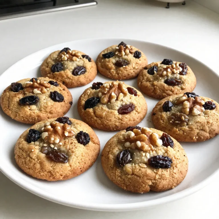 To make these tasty cookies, you need just a few basic ingredients. Here’s what you will need: - 1 cup rolled oats - 1/2 cup whole wheat flour - 1/2 teaspoon baking soda - 1/2 teaspoon ground cinnamon - 1/4 teaspoon salt - 1/4 cup coconut oil, melted - 1/4 cup maple syrup or honey - 1/4 cup unsweetened applesauce - 1 teaspoon vanilla extract - 1/2 cup raisins These ingredients work together to create a chewy cookie with a hearty flavor. The oats provide texture, while the whole wheat flour adds a nutty taste. You can add some fun extras to make the cookies even better. Consider these options: - 1/4 cup chopped walnuts - 1/4 cup dark chocolate chips Adding nuts gives a nice crunch, and chocolate chips add a sweet touch. You can mix and match based on what you like. Using whole ingredients offers great health perks. Whole oats and flour give you fiber, which helps digestion. Coconut oil is a healthier fat option. Maple syrup or honey adds natural sweetness without refined sugar. These ingredients keep the cookies tasty while boosting nutrition. Making these cookies healthier means you can enjoy them without guilt! {{ingredient_image_2}} First, set your oven to 350°F (175°C). This heat will make your cookies soft and chewy. Next, grab a baking sheet and line it with parchment paper. This will help the cookies not stick. In a large bowl, mix the rolled oats, whole wheat flour, baking soda, ground cinnamon, and salt. Stir well to combine all these dry ingredients. This step ensures that every bite has a great taste. In another bowl, whisk together the melted coconut oil, maple syrup (or honey), applesauce, and vanilla extract. Make sure this mixture is smooth and well blended. This adds moisture and flavor to your cookies. Carefully pour the wet mixture into the bowl with the dry mix. Use a spatula or wooden spoon to stir until just combined. Don’t over-mix, as this can change the cookie's texture. Then, fold in the raisins, walnuts, and chocolate chips if you want. This adds extra flavor and crunch. Use a tablespoon or cookie scoop to place dough on the baking sheet. Leave about 2 inches between each scoop. Press down lightly on each dough ball. Bake the cookies for 12-15 minutes. They should be golden brown at the edges. After baking, let them cool for five minutes on the sheet. Then, move them to a wire rack to cool completely. Enjoy your cookies! To get the right cookie texture, follow these steps: - Use rolled oats, not instant oats. They give a chewy texture. - Mix the wet and dry ingredients gently. Over-mixing can make them tough. - Flatten the dough balls slightly before baking. This helps them spread evenly. - Bake until the edges are golden but the center is still soft. This keeps them chewy. To keep your cookies fresh: - Store them in an airtight container. This prevents them from getting hard. - Keep them at room temperature for up to a week. - You can freeze cookies for up to three months. Just wrap them well. - Thaw them at room temperature or microwave for a few seconds. Want to make these cookies even healthier? Try these swaps: - Replace maple syrup with mashed bananas for natural sweetness. - Use almond flour instead of whole wheat flour for a gluten-free option. - Add chia seeds or flaxseeds for extra fiber and omega-3s. - Swap raisins for dried cranberries or apricots for a twist. Pro Tips Use Fresh Ingredients: Always opt for fresh oats and spices to enhance the flavor of your cookies. Fresh ingredients can significantly elevate the taste. Experiment with Mix-ins: Feel free to swap out raisins for other dried fruits like cranberries or apricots. You can also try different nuts or seeds for added texture and nutrition. Monitor Baking Time: Keep an eye on the cookies as they bake to avoid overcooking. They should be golden brown on the edges but still soft in the center for the perfect chewy texture. Storage Tips: Store the cookies in an airtight container at room temperature for up to a week, or freeze them for longer storage. This ensures they stay fresh and delicious! {{image_4}} To make gluten-free oatmeal raisin breakfast cookies, you can swap the whole wheat flour with gluten-free flour. Look for a blend that works well for baking. You can also use certified gluten-free oats to ensure no cross-contamination occurs. This keeps the cookies soft and chewy, just like the original recipe. You can customize your cookies with fun add-ins. Try adding: - 1/4 cup chopped dried cranberries - 1/4 cup shredded coconut - 1/4 cup sunflower seeds - 1/4 cup chopped almonds These ingredients bring new tastes and textures. Mix and match based on what you like. Just remember to keep the total amount of add-ins to about 1 cup to maintain the cookie's shape. To create a vegan version, replace honey with maple syrup. Use a flax egg instead of applesauce. To make a flax egg, mix 1 tablespoon of ground flaxseed with 2.5 tablespoons of water. Let it sit for about 5 minutes until it thickens. This will help bind your cookies without any animal products. One oatmeal raisin breakfast cookie has about 100 calories. Each cookie packs a good mix of carbs, protein, and healthy fats. The rolled oats provide fiber, helping you feel full longer. Here’s a quick look at the calorie breakdown: - Rolled oats: 30 calories - Whole wheat flour: 25 calories - Coconut oil: 60 calories - Maple syrup: 50 calories - Raisins: 25 calories - Walnuts (optional): 20 calories These cookies are not just tasty; they are also good for you. Here’s why: - Rolled oats: Great for heart health and digestion. They lower cholesterol. - Whole wheat flour: Higher in nutrients than white flour. It adds fiber and vitamins. - Coconut oil: Contains healthy fats that can boost energy. - Maple syrup: A natural sweetener with antioxidants. - Raisins: Packed with iron and potassium. They help with energy. - Walnuts (if used): Great for brain health. They have omega-3 fatty acids. Oatmeal raisin breakfast cookies are a better choice than many traditional breakfast items. Here’s how they stack up: - Compared to sugary cereals: These cookies have less sugar and more fiber. - Versus pastries: They contain healthy fats and whole grains. Pastries often have empty calories. - Against pancakes: These cookies are quick to make and easy to grab on the go. Switching to these cookies can make your breakfast healthier without losing taste. They are a fun way to start your day! Yes, you can make these cookies ahead of time. Prepare the dough and scoop it onto the baking sheet. Cover it and store it in the fridge for up to two days. When ready, bake them fresh for a warm treat. Store leftover cookies in an airtight container. They stay fresh at room temperature for up to five days. For longer storage, place them in the fridge or freezer. Just remember to let them cool before sealing. If you don’t like raisins, use dried cranberries, chopped dates, or chocolate chips. You can even try chopped nuts or fresh fruit. These swaps still keep the cookies tasty and fun. Absolutely! These cookies are great for kids. They are healthy and full of oats and fruit. Plus, they are fun to eat. Kids love the sweet taste and chewy texture. If your cookies spread too much, check your oven temperature. If it’s too hot, cookies can flatten. You can also chill the dough before baking. This helps the cookies hold their shape better. In this blog post, we explored how to make oatmeal raisin breakfast cookies. We covered essential and optional ingredients, plus their benefits. The step-by-step guide made it easy to bake these tasty treats. I shared tips for perfect texture and smart storage. You can even customize them with different variations. These cookies offer nutrition and great taste. Enjoy making your own batch! They are simple and fun for everyone.