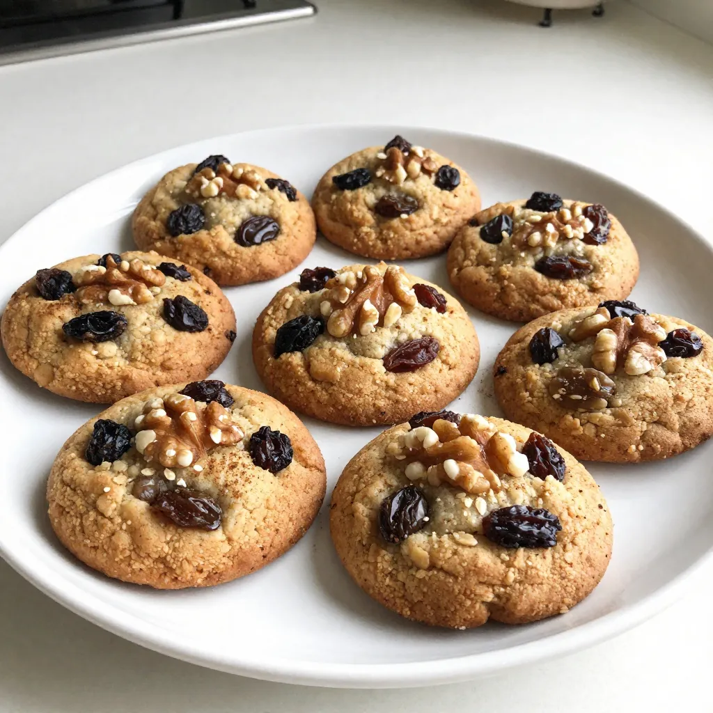 To make these tasty cookies, you need just a few basic ingredients. Here’s what you will need: - 1 cup rolled oats - 1/2 cup whole wheat flour - 1/2 teaspoon baking soda - 1/2 teaspoon ground cinnamon - 1/4 teaspoon salt - 1/4 cup coconut oil, melted - 1/4 cup maple syrup or honey - 1/4 cup unsweetened applesauce - 1 teaspoon vanilla extract - 1/2 cup raisins These ingredients work together to create a chewy cookie with a hearty flavor. The oats provide texture, while the whole wheat flour adds a nutty taste. You can add some fun extras to make the cookies even better. Consider these options: - 1/4 cup chopped walnuts - 1/4 cup dark chocolate chips Adding nuts gives a nice crunch, and chocolate chips add a sweet touch. You can mix and match based on what you like. Using whole ingredients offers great health perks. Whole oats and flour give you fiber, which helps digestion. Coconut oil is a healthier fat option. Maple syrup or honey adds natural sweetness without refined sugar. These ingredients keep the cookies tasty while boosting nutrition. Making these cookies healthier means you can enjoy them without guilt! {{ingredient_image_2}} First, set your oven to 350°F (175°C). This heat will make your cookies soft and chewy. Next, grab a baking sheet and line it with parchment paper. This will help the cookies not stick. In a large bowl, mix the rolled oats, whole wheat flour, baking soda, ground cinnamon, and salt. Stir well to combine all these dry ingredients. This step ensures that every bite has a great taste. In another bowl, whisk together the melted coconut oil, maple syrup (or honey), applesauce, and vanilla extract. Make sure this mixture is smooth and well blended. This adds moisture and flavor to your cookies. Carefully pour the wet mixture into the bowl with the dry mix. Use a spatula or wooden spoon to stir until just combined. Don’t over-mix, as this can change the cookie's texture. Then, fold in the raisins, walnuts, and chocolate chips if you want. This adds extra flavor and crunch. Use a tablespoon or cookie scoop to place dough on the baking sheet. Leave about 2 inches between each scoop. Press down lightly on each dough ball. Bake the cookies for 12-15 minutes. They should be golden brown at the edges. After baking, let them cool for five minutes on the sheet. Then, move them to a wire rack to cool completely. Enjoy your cookies! To get the right cookie texture, follow these steps: - Use rolled oats, not instant oats. They give a chewy texture. - Mix the wet and dry ingredients gently. Over-mixing can make them tough. - Flatten the dough balls slightly before baking. This helps them spread evenly. - Bake until the edges are golden but the center is still soft. This keeps them chewy. To keep your cookies fresh: - Store them in an airtight container. This prevents them from getting hard. - Keep them at room temperature for up to a week. - You can freeze cookies for up to three months. Just wrap them well. - Thaw them at room temperature or microwave for a few seconds. Want to make these cookies even healthier? Try these swaps: - Replace maple syrup with mashed bananas for natural sweetness. - Use almond flour instead of whole wheat flour for a gluten-free option. - Add chia seeds or flaxseeds for extra fiber and omega-3s. - Swap raisins for dried cranberries or apricots for a twist. Pro Tips Use Fresh Ingredients: Always opt for fresh oats and spices to enhance the flavor of your cookies. Fresh ingredients can significantly elevate the taste. Experiment with Mix-ins: Feel free to swap out raisins for other dried fruits like cranberries or apricots. You can also try different nuts or seeds for added texture and nutrition. Monitor Baking Time: Keep an eye on the cookies as they bake to avoid overcooking. They should be golden brown on the edges but still soft in the center for the perfect chewy texture. Storage Tips: Store the cookies in an airtight container at room temperature for up to a week, or freeze them for longer storage. This ensures they stay fresh and delicious! {{image_4}} To make gluten-free oatmeal raisin breakfast cookies, you can swap the whole wheat flour with gluten-free flour. Look for a blend that works well for baking. You can also use certified gluten-free oats to ensure no cross-contamination occurs. This keeps the cookies soft and chewy, just like the original recipe. You can customize your cookies with fun add-ins. Try adding: - 1/4 cup chopped dried cranberries - 1/4 cup shredded coconut - 1/4 cup sunflower seeds - 1/4 cup chopped almonds These ingredients bring new tastes and textures. Mix and match based on what you like. Just remember to keep the total amount of add-ins to about 1 cup to maintain the cookie's shape. To create a vegan version, replace honey with maple syrup. Use a flax egg instead of applesauce. To make a flax egg, mix 1 tablespoon of ground flaxseed with 2.5 tablespoons of water. Let it sit for about 5 minutes until it thickens. This will help bind your cookies without any animal products. One oatmeal raisin breakfast cookie has about 100 calories. Each cookie packs a good mix of carbs, protein, and healthy fats. The rolled oats provide fiber, helping you feel full longer. Here’s a quick look at the calorie breakdown: - Rolled oats: 30 calories - Whole wheat flour: 25 calories - Coconut oil: 60 calories - Maple syrup: 50 calories - Raisins: 25 calories - Walnuts (optional): 20 calories These cookies are not just tasty; they are also good for you. Here’s why: - Rolled oats: Great for heart health and digestion. They lower cholesterol. - Whole wheat flour: Higher in nutrients than white flour. It adds fiber and vitamins. - Coconut oil: Contains healthy fats that can boost energy. - Maple syrup: A natural sweetener with antioxidants. - Raisins: Packed with iron and potassium. They help with energy. - Walnuts (if used): Great for brain health. They have omega-3 fatty acids. Oatmeal raisin breakfast cookies are a better choice than many traditional breakfast items. Here’s how they stack up: - Compared to sugary cereals: These cookies have less sugar and more fiber. - Versus pastries: They contain healthy fats and whole grains. Pastries often have empty calories. - Against pancakes: These cookies are quick to make and easy to grab on the go. Switching to these cookies can make your breakfast healthier without losing taste. They are a fun way to start your day! Yes, you can make these cookies ahead of time. Prepare the dough and scoop it onto the baking sheet. Cover it and store it in the fridge for up to two days. When ready, bake them fresh for a warm treat. Store leftover cookies in an airtight container. They stay fresh at room temperature for up to five days. For longer storage, place them in the fridge or freezer. Just remember to let them cool before sealing. If you don’t like raisins, use dried cranberries, chopped dates, or chocolate chips. You can even try chopped nuts or fresh fruit. These swaps still keep the cookies tasty and fun. Absolutely! These cookies are great for kids. They are healthy and full of oats and fruit. Plus, they are fun to eat. Kids love the sweet taste and chewy texture. If your cookies spread too much, check your oven temperature. If it’s too hot, cookies can flatten. You can also chill the dough before baking. This helps the cookies hold their shape better. In this blog post, we explored how to make oatmeal raisin breakfast cookies. We covered essential and optional ingredients, plus their benefits. The step-by-step guide made it easy to bake these tasty treats. I shared tips for perfect texture and smart storage. You can even customize them with different variations. These cookies offer nutrition and great taste. Enjoy making your own batch! They are simple and fun for everyone.