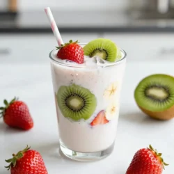 - 1 cup fresh strawberries, hulled and halved - 2 ripe kiwis, peeled and chopped - 1 medium banana, sliced - 1/2 cup Greek yogurt (or dairy-free alternative) - 1/2 cup coconut water (or preferred milk) - 1 tablespoon honey or maple syrup - 1/2 teaspoon pure vanilla extract - A handful of ice cubes To make a great Strawberry Kiwi Smoothie, you need fresh ingredients. Start with one cup of strawberries. Make sure they are hulled and cut in half. Next, grab two ripe kiwis. Peel them and chop them into pieces. Lastly, use one medium banana. Slice it for easy blending. Now let's talk about dairy and liquid. You will need half a cup of Greek yogurt. If you want a dairy-free option, choose a plant-based yogurt. For a smooth blend, add half a cup of coconut water. If you like it creamier, use your favorite milk instead. There are also some optional add-ins to make your smoothie special. You can add one tablespoon of honey or maple syrup for extra sweetness. A half teaspoon of pure vanilla extract adds a nice flavor too. If you want a chill smoothie, toss in a handful of ice cubes. These ingredients make a refreshing, tasty drink that is great for any time of day! {{ingredient_image_2}} - Start by hulling and halving 1 cup of fresh strawberries. This helps to remove the green tops and makes them easier to blend. - Next, peel and chop 2 ripe kiwis. Make sure to remove the fuzzy skin for a smooth drink. - Slice 1 medium banana into pieces. The banana adds creaminess and sweetness. - Now, add the strawberries, kiwis, and banana to your blender in this order. This way, the softer fruits help blend the tougher ones. - Then, add 1/2 cup of Greek yogurt for creaminess. Follow this with 1/2 cup of coconut water or milk for a smooth texture. - If you want, drizzle in 1 tablespoon of honey or maple syrup. This step is optional for those who love extra sweetness. - Toss in a handful of ice cubes to make your smoothie refreshing and cold. - Blend everything on high speed until smooth. This usually takes about 30 to 45 seconds. - After blending, taste your smoothie. If it&rsquo;s not sweet enough, add more honey or syrup to fit your taste. - Finally, pour the smoothie into glasses. Enjoy it right away for the best flavor and freshness! To get that smooth and creamy texture, use a silicone spatula. This tool helps you scrape down the sides of the blender. Make sure all your ingredients are fresh. Fresh fruit makes a big difference in taste and texture. You can add a hint of cinnamon or a drop of ginger for a fun twist. When picking yogurt, go for Greek yogurt for a thick and creamy feel. If you like it lighter, any dairy-free yogurt works well too. For a stunning look, garnish your smoothie with slices of kiwi and strawberry. Place them on the rim of your glass. It adds color and makes it more inviting. Use colorful straws to give it an extra pop. This small touch makes a big difference in how your smoothie looks. Pro Tips Use Frozen Fruit: For an even cooler and thicker smoothie, substitute fresh strawberries and bananas with frozen ones. This not only enhances the texture but also makes the smoothie extra refreshing! Experiment with Greens: Add a handful of spinach or kale for a nutrient boost without compromising the flavor. The sweetness of the fruits will mask the taste of the greens. Adjust Consistency: If your smoothie is too thick, simply add more coconut water or milk until you reach your desired consistency. Conversely, if it&rsquo;s too thin, add a bit more yogurt or fruit. Chill Your Ingredients: For a frosty smoothie, chill your fruits and yogurt in the refrigerator before blending. This reduces the need for ice and keeps the flavors concentrated. {{image_4}} You can mix up your strawberry kiwi smoothie by swapping out the banana. Here are some tasty options: - Mango: This fruit adds a sweet and tropical twist. - Peach: A juicy peach brings a lovely flavor and texture. When fruits are in season, use them for the best taste. Fresh berries in summer or apples in fall can change your smoothie game. If you want a dairy-free smoothie, consider these substitutes: - Plant-Based Yogurt: Almond or coconut yogurt works well and keeps it creamy. - Milk Alternatives: Use almond milk, oat milk, or coconut milk for different textures. These options keep your smoothie rich without dairy. You can adjust the sweetness to fit your taste. Here are some ideas: - Natural Sweeteners: Honey, maple syrup, or agave nectar can give it a boost. - Unsweetened vs Sweetened Yogurt: Choosing unsweetened yogurt lets you control the sweetness better. Taste your smoothie and add sweeteners as needed. This way, you enjoy it just how you like it! How long can you store leftover smoothies? You can store your smoothie in the fridge for up to 24 hours. After that, the flavors and texture may change. I recommend drinking it fresh for the best taste. What containers are best for storage? Use a glass jar or a BPA-free plastic container. Make sure it has a tight lid to keep the smoothie fresh. How can you freeze smoothies for convenience? Pour your smoothie into ice cube trays or freezer-safe bags. This way, you can enjoy small portions later. What tips are there for thawing and re-blending? Thaw your smoothie in the fridge overnight. If it's too thick, add a splash of coconut water or milk and blend again until smooth. When should you consume the smoothie for optimal taste? Drink your smoothie within the first few hours. This ensures it stays fresh and full of flavor. What signs of spoilage should you look out for? If your smoothie smells sour or has changed color, it&rsquo;s best to discard it. Always trust your senses for safety. Yes, you can use frozen strawberries and kiwis. Frozen fruits keep their nutrients. They also make your smoothie cold and thick. This helps create a refreshing drink, especially on warm days. When blending, just add a bit more liquid. This will help your blender mix everything smoothly. You can add several items to boost nutrition. Protein powder is a great choice. It will make your smoothie filling and great for muscle repair. You can also add a handful of spinach or kale. These greens will not change the taste much but add vitamins. Chia seeds or flaxseeds are other options. They add fiber and healthy fats. Making this smoothie vegan is easy. Replace Greek yogurt with a plant-based yogurt. Almond or coconut yogurt works well. Use maple syrup instead of honey for sweetness. Choose coconut water or any plant milk as your liquid. With these swaps, this smoothie stays tasty and vegan-friendly. This blog post covers how to make a delicious smoothie using fresh ingredients, yogurt, and coconut water. We explored tips to enhance flavor, variations to customize your drink, and storage advice. Remember, using ripe fruits and fresh ingredients makes a big difference in taste. With a few simple steps, you can create a fun and healthy drink. Enjoy making your smoothies and experimenting with flavors. Good nutrition can be tasty and exciting!