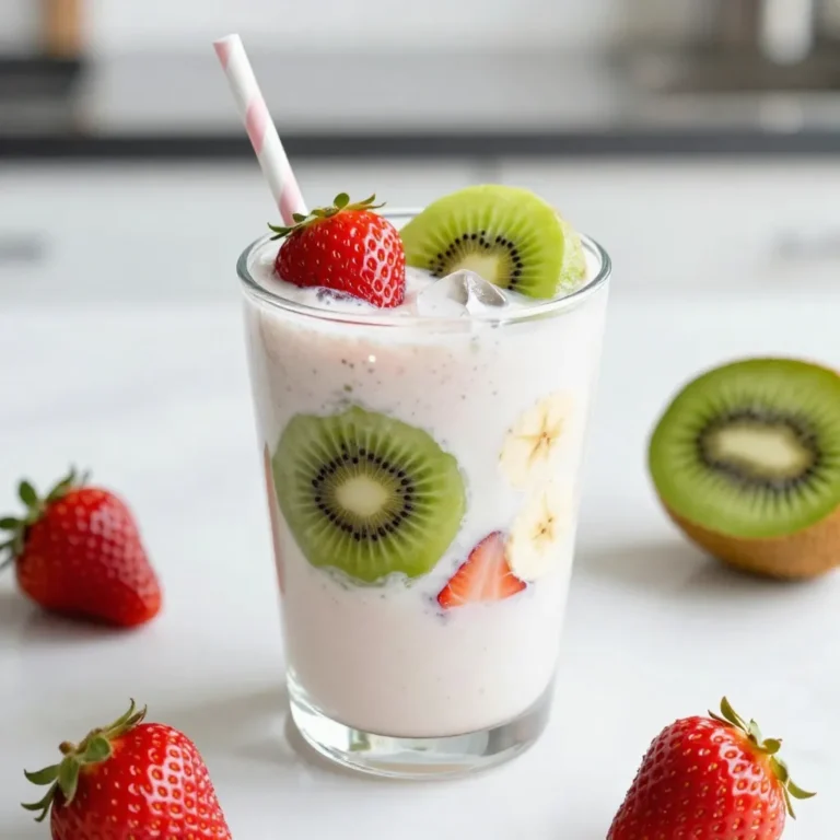 - 1 cup fresh strawberries, hulled and halved - 2 ripe kiwis, peeled and chopped - 1 medium banana, sliced - 1/2 cup Greek yogurt (or dairy-free alternative) - 1/2 cup coconut water (or preferred milk) - 1 tablespoon honey or maple syrup - 1/2 teaspoon pure vanilla extract - A handful of ice cubes To make a great Strawberry Kiwi Smoothie, you need fresh ingredients. Start with one cup of strawberries. Make sure they are hulled and cut in half. Next, grab two ripe kiwis. Peel them and chop them into pieces. Lastly, use one medium banana. Slice it for easy blending. Now let's talk about dairy and liquid. You will need half a cup of Greek yogurt. If you want a dairy-free option, choose a plant-based yogurt. For a smooth blend, add half a cup of coconut water. If you like it creamier, use your favorite milk instead. There are also some optional add-ins to make your smoothie special. You can add one tablespoon of honey or maple syrup for extra sweetness. A half teaspoon of pure vanilla extract adds a nice flavor too. If you want a chill smoothie, toss in a handful of ice cubes. These ingredients make a refreshing, tasty drink that is great for any time of day! {{ingredient_image_2}} - Start by hulling and halving 1 cup of fresh strawberries. This helps to remove the green tops and makes them easier to blend. - Next, peel and chop 2 ripe kiwis. Make sure to remove the fuzzy skin for a smooth drink. - Slice 1 medium banana into pieces. The banana adds creaminess and sweetness. - Now, add the strawberries, kiwis, and banana to your blender in this order. This way, the softer fruits help blend the tougher ones. - Then, add 1/2 cup of Greek yogurt for creaminess. Follow this with 1/2 cup of coconut water or milk for a smooth texture. - If you want, drizzle in 1 tablespoon of honey or maple syrup. This step is optional for those who love extra sweetness. - Toss in a handful of ice cubes to make your smoothie refreshing and cold. - Blend everything on high speed until smooth. This usually takes about 30 to 45 seconds. - After blending, taste your smoothie. If it’s not sweet enough, add more honey or syrup to fit your taste. - Finally, pour the smoothie into glasses. Enjoy it right away for the best flavor and freshness! To get that smooth and creamy texture, use a silicone spatula. This tool helps you scrape down the sides of the blender. Make sure all your ingredients are fresh. Fresh fruit makes a big difference in taste and texture. You can add a hint of cinnamon or a drop of ginger for a fun twist. When picking yogurt, go for Greek yogurt for a thick and creamy feel. If you like it lighter, any dairy-free yogurt works well too. For a stunning look, garnish your smoothie with slices of kiwi and strawberry. Place them on the rim of your glass. It adds color and makes it more inviting. Use colorful straws to give it an extra pop. This small touch makes a big difference in how your smoothie looks. Pro Tips Use Frozen Fruit: For an even cooler and thicker smoothie, substitute fresh strawberries and bananas with frozen ones. This not only enhances the texture but also makes the smoothie extra refreshing! Experiment with Greens: Add a handful of spinach or kale for a nutrient boost without compromising the flavor. The sweetness of the fruits will mask the taste of the greens. Adjust Consistency: If your smoothie is too thick, simply add more coconut water or milk until you reach your desired consistency. Conversely, if it’s too thin, add a bit more yogurt or fruit. Chill Your Ingredients: For a frosty smoothie, chill your fruits and yogurt in the refrigerator before blending. This reduces the need for ice and keeps the flavors concentrated. {{image_4}} You can mix up your strawberry kiwi smoothie by swapping out the banana. Here are some tasty options: - Mango: This fruit adds a sweet and tropical twist. - Peach: A juicy peach brings a lovely flavor and texture. When fruits are in season, use them for the best taste. Fresh berries in summer or apples in fall can change your smoothie game. If you want a dairy-free smoothie, consider these substitutes: - Plant-Based Yogurt: Almond or coconut yogurt works well and keeps it creamy. - Milk Alternatives: Use almond milk, oat milk, or coconut milk for different textures. These options keep your smoothie rich without dairy. You can adjust the sweetness to fit your taste. Here are some ideas: - Natural Sweeteners: Honey, maple syrup, or agave nectar can give it a boost. - Unsweetened vs Sweetened Yogurt: Choosing unsweetened yogurt lets you control the sweetness better. Taste your smoothie and add sweeteners as needed. This way, you enjoy it just how you like it! How long can you store leftover smoothies? You can store your smoothie in the fridge for up to 24 hours. After that, the flavors and texture may change. I recommend drinking it fresh for the best taste. What containers are best for storage? Use a glass jar or a BPA-free plastic container. Make sure it has a tight lid to keep the smoothie fresh. How can you freeze smoothies for convenience? Pour your smoothie into ice cube trays or freezer-safe bags. This way, you can enjoy small portions later. What tips are there for thawing and re-blending? Thaw your smoothie in the fridge overnight. If it's too thick, add a splash of coconut water or milk and blend again until smooth. When should you consume the smoothie for optimal taste? Drink your smoothie within the first few hours. This ensures it stays fresh and full of flavor. What signs of spoilage should you look out for? If your smoothie smells sour or has changed color, it’s best to discard it. Always trust your senses for safety. Yes, you can use frozen strawberries and kiwis. Frozen fruits keep their nutrients. They also make your smoothie cold and thick. This helps create a refreshing drink, especially on warm days. When blending, just add a bit more liquid. This will help your blender mix everything smoothly. You can add several items to boost nutrition. Protein powder is a great choice. It will make your smoothie filling and great for muscle repair. You can also add a handful of spinach or kale. These greens will not change the taste much but add vitamins. Chia seeds or flaxseeds are other options. They add fiber and healthy fats. Making this smoothie vegan is easy. Replace Greek yogurt with a plant-based yogurt. Almond or coconut yogurt works well. Use maple syrup instead of honey for sweetness. Choose coconut water or any plant milk as your liquid. With these swaps, this smoothie stays tasty and vegan-friendly. This blog post covers how to make a delicious smoothie using fresh ingredients, yogurt, and coconut water. We explored tips to enhance flavor, variations to customize your drink, and storage advice. Remember, using ripe fruits and fresh ingredients makes a big difference in taste. With a few simple steps, you can create a fun and healthy drink. Enjoy making your smoothies and experimenting with flavors. Good nutrition can be tasty and exciting!