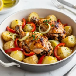 - 4 boneless, skinless chicken thighs - 4 medium Yukon Gold potatoes, cut into quarters - 1 red bell pepper, sliced into strips - 1 yellow onion, sliced into thin rings - 4 cloves garlic, finely minced - 2 teaspoons dried oregano - 1 teaspoon dried thyme - 1 teaspoon smoked paprika - 3 tablespoons extra virgin olive oil - Juice of 1 medium lemon - Sea salt and freshly cracked black pepper to taste Gather these ingredients to create a tasty One Pan Greek Chicken and Potatoes meal. Using chicken thighs gives you rich flavor. Yukon Gold potatoes cook well and become creamy. The red bell pepper adds a sweet crunch. The yellow onion brings sweetness and depth. The marinade combines garlic, oregano, thyme, and smoked paprika. These spices give your dish a warm and earthy taste. Olive oil and lemon juice help to tenderize the chicken and add brightness. Sea salt and black pepper enhance all the flavors. Prepare these fresh ingredients, and you&rsquo;ll be ready to cook a delightful and hearty meal. {{ingredient_image_2}} First, preheat your oven to 400&deg;F (200&deg;C). This step is key for a great roast. While the oven warms up, grab a large mixing bowl. In this bowl, whisk together the olive oil, lemon juice, minced garlic, dried oregano, thyme, smoked paprika, sea salt, and black pepper. The mix should smell great. Now, take your chicken thighs and add them to the marinade. Use your hands or tongs to coat each thigh well. Make sure every piece gets that tasty mix. For the best flavor, let them marinate for at least 15 minutes. If you have more time, marinating for up to 2 hours in the fridge works wonders. Next, let&rsquo;s chop the veggies. Cut your Yukon Gold potatoes into quarters. Slice the red bell pepper into strips and the onion into thin rings. Add them to a large oven-safe skillet or roasting pan. Drizzle with a tablespoon of olive oil and season with sea salt, black pepper, and a pinch of dried oregano. Toss the vegetables well for an even coating. Create a space in the center of your veggies. Place the marinated chicken thighs right on top. This lets the chicken juices flavor the vegetables as they cook. Now, transfer the skillet or pan to your preheated oven. Bake for about 35-40 minutes. Check the chicken's internal temperature; it should reach 165&deg;F (75&deg;C). The potatoes should be tender and golden. For a crispy finish, switch to broil for 2-3 minutes. Keep a close eye to avoid burning. After baking, let it rest for a few minutes. This helps the juices settle. For the best flavor, marinate the chicken for at least 15 minutes. If you can, let it sit for up to 2 hours in the fridge. This helps the spices soak in well. You can use a large bowl or a zip-top bag for marinating. Both options work great and keep things clean. To get a crispy finish, use the broiler for the last few minutes. This makes the chicken skin extra crunchy. Always check the chicken for doneness. It should reach 165&deg;F (75&deg;C). Use a meat thermometer to be sure it's safe to eat. Serve the dish straight from the skillet for a homey feel. If you want to impress, plate the chicken and veggies separately. Drizzle some pan juices on top for added flavor. A sprinkle of fresh parsley adds a nice touch. You might also add a lemon wedge for a pop of color and zest. Pro Tips Marinating Time: For the best flavor, marinate the chicken thighs for at least 2 hours or overnight if possible. This allows the spices and lemon to penetrate the meat thoroughly. Vegetable Variations: Feel free to add other vegetables like zucchini or cherry tomatoes to the dish for added color and nutrition. Just ensure they are cut to a similar size for even cooking. Check Chicken Temperature: Always use a meat thermometer to check that the chicken reaches an internal temperature of 165&deg;F (75&deg;C) for safe consumption. Serving Suggestions: Pair this dish with a side of Greek salad or tzatziki for a refreshing complement to the hearty chicken and potatoes. {{image_4}} You can switch chicken thighs for chicken breasts. Breasts cook faster but may dry out. Use bone-in pieces for more flavor. For vegetables, I love using sweet potatoes instead of Yukon Gold. They add a nice sweetness. You can also try zucchini or carrots for extra color and taste. To boost flavor, add more spices like cumin or coriander. Fresh herbs like basil or dill can brighten the dish as well. You can change the marinade too. Try adding yogurt for creaminess or honey for sweetness. This adds a different twist to your Greek chicken. Pair this dish with a fresh Greek salad. A simple mix of cucumbers, tomatoes, and feta works well. You can also serve warm pita bread on the side. This adds a nice touch and helps soak up the juices. Try tzatziki sauce for a cool, creamy dip. To store leftovers, let the dish cool down. Place it in an airtight container. This helps keep the chicken and potatoes fresh for up to four days in the fridge. When you want to eat, just take out what you need. For reheating, use the oven if you can. Preheat it to 350&deg;F (175&deg;C). Place the chicken and potatoes on a baking sheet. Heat for around 15-20 minutes. This keeps the food juicy and tasty. You can also use a microwave. Just cover the dish to avoid drying out the food. Heat in short bursts, stirring in between. To freeze this dish, wait until it's fully cool. Cut the chicken into smaller pieces if you like. Place everything in a freezer-safe bag or container. Remove as much air as you can. This helps prevent freezer burn. You can freeze it for up to three months. When you're ready to eat, take it out and let it thaw in the fridge overnight. For reheating, put it in the oven at 350&deg;F (175&deg;C) until it's hot all the way through. If you're in a hurry, the microwave also works. Just be careful to heat it slowly to keep it moist. Yes, you can use chicken breast or drumsticks. Chicken breast will cook faster. Be careful not to overcook it. Drumsticks have more flavor and stay juicy. Both options work well with the marinade. Baking times can vary by oven type. Generally, bake for 35-40 minutes at 400&deg;F. Always check the chicken's temperature. It should reach 165&deg;F for safety. If you have a convection oven, it may cook faster. Adjust your time to avoid drying out the chicken. You can add many other veggies. Try zucchini, carrots, or cherry tomatoes. These vegetables add color and taste. Just remember to cut them similar in size. This helps them cook evenly with the chicken and potatoes. Yes, this recipe is great for meal prep. You can marinate the chicken ahead of time. It holds flavor well in the fridge for up to 2 hours. Cooked leftovers can be stored in the fridge for 3-4 days. Reheat gently to keep the chicken moist. This recipe offers a tasty and easy way to cook chicken thighs with veggies. You learned about main ingredients and simple steps to prepare the dish. Don&rsquo;t forget the important marinating and cooking tips to get the best flavor. Feel free to make variations, explore new spices, and pair with your favorite sides. Proper storage will let you enjoy leftovers without waste. Cooking should be fun, so experiment and make it your own!