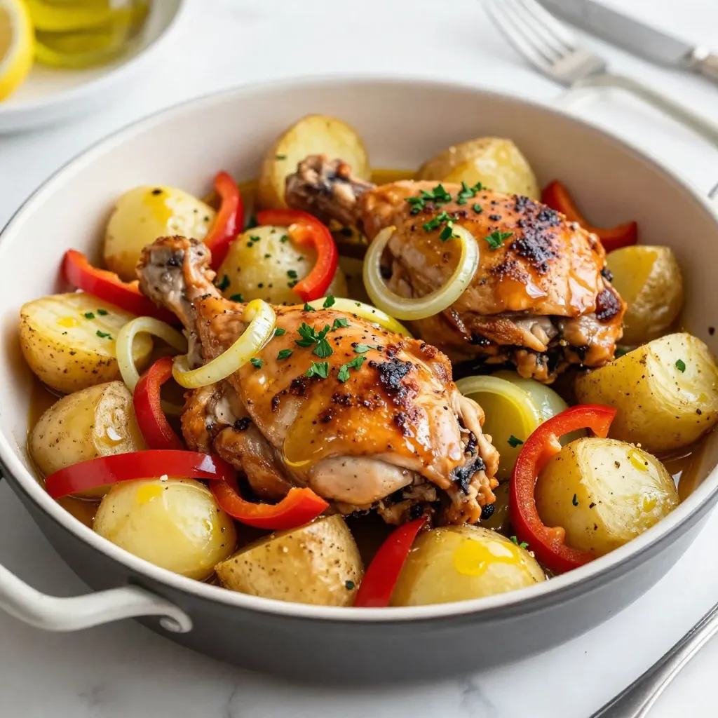 - 4 boneless, skinless chicken thighs - 4 medium Yukon Gold potatoes, cut into quarters - 1 red bell pepper, sliced into strips - 1 yellow onion, sliced into thin rings - 4 cloves garlic, finely minced - 2 teaspoons dried oregano - 1 teaspoon dried thyme - 1 teaspoon smoked paprika - 3 tablespoons extra virgin olive oil - Juice of 1 medium lemon - Sea salt and freshly cracked black pepper to taste Gather these ingredients to create a tasty One Pan Greek Chicken and Potatoes meal. Using chicken thighs gives you rich flavor. Yukon Gold potatoes cook well and become creamy. The red bell pepper adds a sweet crunch. The yellow onion brings sweetness and depth. The marinade combines garlic, oregano, thyme, and smoked paprika. These spices give your dish a warm and earthy taste. Olive oil and lemon juice help to tenderize the chicken and add brightness. Sea salt and black pepper enhance all the flavors. Prepare these fresh ingredients, and you’ll be ready to cook a delightful and hearty meal. {{ingredient_image_2}} First, preheat your oven to 400°F (200°C). This step is key for a great roast. While the oven warms up, grab a large mixing bowl. In this bowl, whisk together the olive oil, lemon juice, minced garlic, dried oregano, thyme, smoked paprika, sea salt, and black pepper. The mix should smell great. Now, take your chicken thighs and add them to the marinade. Use your hands or tongs to coat each thigh well. Make sure every piece gets that tasty mix. For the best flavor, let them marinate for at least 15 minutes. If you have more time, marinating for up to 2 hours in the fridge works wonders. Next, let’s chop the veggies. Cut your Yukon Gold potatoes into quarters. Slice the red bell pepper into strips and the onion into thin rings. Add them to a large oven-safe skillet or roasting pan. Drizzle with a tablespoon of olive oil and season with sea salt, black pepper, and a pinch of dried oregano. Toss the vegetables well for an even coating. Create a space in the center of your veggies. Place the marinated chicken thighs right on top. This lets the chicken juices flavor the vegetables as they cook. Now, transfer the skillet or pan to your preheated oven. Bake for about 35-40 minutes. Check the chicken's internal temperature; it should reach 165°F (75°C). The potatoes should be tender and golden. For a crispy finish, switch to broil for 2-3 minutes. Keep a close eye to avoid burning. After baking, let it rest for a few minutes. This helps the juices settle. For the best flavor, marinate the chicken for at least 15 minutes. If you can, let it sit for up to 2 hours in the fridge. This helps the spices soak in well. You can use a large bowl or a zip-top bag for marinating. Both options work great and keep things clean. To get a crispy finish, use the broiler for the last few minutes. This makes the chicken skin extra crunchy. Always check the chicken for doneness. It should reach 165°F (75°C). Use a meat thermometer to be sure it's safe to eat. Serve the dish straight from the skillet for a homey feel. If you want to impress, plate the chicken and veggies separately. Drizzle some pan juices on top for added flavor. A sprinkle of fresh parsley adds a nice touch. You might also add a lemon wedge for a pop of color and zest. Pro Tips Marinating Time: For the best flavor, marinate the chicken thighs for at least 2 hours or overnight if possible. This allows the spices and lemon to penetrate the meat thoroughly. Vegetable Variations: Feel free to add other vegetables like zucchini or cherry tomatoes to the dish for added color and nutrition. Just ensure they are cut to a similar size for even cooking. Check Chicken Temperature: Always use a meat thermometer to check that the chicken reaches an internal temperature of 165°F (75°C) for safe consumption. Serving Suggestions: Pair this dish with a side of Greek salad or tzatziki for a refreshing complement to the hearty chicken and potatoes. {{image_4}} You can switch chicken thighs for chicken breasts. Breasts cook faster but may dry out. Use bone-in pieces for more flavor. For vegetables, I love using sweet potatoes instead of Yukon Gold. They add a nice sweetness. You can also try zucchini or carrots for extra color and taste. To boost flavor, add more spices like cumin or coriander. Fresh herbs like basil or dill can brighten the dish as well. You can change the marinade too. Try adding yogurt for creaminess or honey for sweetness. This adds a different twist to your Greek chicken. Pair this dish with a fresh Greek salad. A simple mix of cucumbers, tomatoes, and feta works well. You can also serve warm pita bread on the side. This adds a nice touch and helps soak up the juices. Try tzatziki sauce for a cool, creamy dip. To store leftovers, let the dish cool down. Place it in an airtight container. This helps keep the chicken and potatoes fresh for up to four days in the fridge. When you want to eat, just take out what you need. For reheating, use the oven if you can. Preheat it to 350°F (175°C). Place the chicken and potatoes on a baking sheet. Heat for around 15-20 minutes. This keeps the food juicy and tasty. You can also use a microwave. Just cover the dish to avoid drying out the food. Heat in short bursts, stirring in between. To freeze this dish, wait until it's fully cool. Cut the chicken into smaller pieces if you like. Place everything in a freezer-safe bag or container. Remove as much air as you can. This helps prevent freezer burn. You can freeze it for up to three months. When you're ready to eat, take it out and let it thaw in the fridge overnight. For reheating, put it in the oven at 350°F (175°C) until it's hot all the way through. If you're in a hurry, the microwave also works. Just be careful to heat it slowly to keep it moist. Yes, you can use chicken breast or drumsticks. Chicken breast will cook faster. Be careful not to overcook it. Drumsticks have more flavor and stay juicy. Both options work well with the marinade. Baking times can vary by oven type. Generally, bake for 35-40 minutes at 400°F. Always check the chicken's temperature. It should reach 165°F for safety. If you have a convection oven, it may cook faster. Adjust your time to avoid drying out the chicken. You can add many other veggies. Try zucchini, carrots, or cherry tomatoes. These vegetables add color and taste. Just remember to cut them similar in size. This helps them cook evenly with the chicken and potatoes. Yes, this recipe is great for meal prep. You can marinate the chicken ahead of time. It holds flavor well in the fridge for up to 2 hours. Cooked leftovers can be stored in the fridge for 3-4 days. Reheat gently to keep the chicken moist. This recipe offers a tasty and easy way to cook chicken thighs with veggies. You learned about main ingredients and simple steps to prepare the dish. Don’t forget the important marinating and cooking tips to get the best flavor. Feel free to make variations, explore new spices, and pair with your favorite sides. Proper storage will let you enjoy leftovers without waste. Cooking should be fun, so experiment and make it your own!