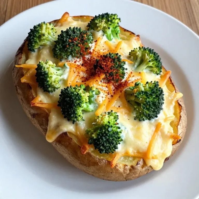 To make these tasty potatoes, you need: - 4 medium russet potatoes - 1 cup cooked broccoli florets, finely chopped - 1 cup shredded sharp cheddar cheese - 1/2 cup sour cream - 1/4 cup milk - 1/4 cup green onions, finely chopped - 2 tablespoons unsalted butter, melted - Salt and freshly ground black pepper to taste - Additional shredded cheddar cheese for topping - Paprika for garnish (optional) The russet potatoes give a fluffy texture. The broccoli adds nutrition and color. Sharp cheddar cheese brings bold flavor, while sour cream and milk create creaminess. Butter and green onions enhance the taste perfectly. Feel free to personalize your potatoes with these options: - Crumbled bacon for a savory crunch - Garlic powder for extra flavor - Hot sauce for a spicy kick - Different cheese types like mozzarella or gouda These additions can take your dish to new heights. Experiment and find what you love best! If you need alternatives, try these: - Yukon gold potatoes instead of russet potatoes - Greek yogurt instead of sour cream - Almond milk or oat milk instead of regular milk - Frozen broccoli if fresh isn’t available Substituting can help meet dietary needs and still keep the dish delicious. Always aim for flavors you enjoy! {{ingredient_image_2}} Start by preheating your oven to 400°F (200°C). This warmth will give your potatoes a nice bake. Next, wash each russet potato well under running water. Dirt can hide in the skin, and we want them clean. Use a fork to poke holes in each potato. This helps steam escape while baking and keeps them from bursting. Place the prepared potatoes directly on the oven rack. Bake them for about 45 to 60 minutes. You know they are done when a knife slides easily through the flesh. Once they are baked, take them out and let them cool for about 10 minutes. This cooling time makes it safe to handle them. Cut each potato in half lengthwise. With a spoon, gently scoop out the soft insides into a big mixing bowl. Leave about a quarter-inch of potato flesh in the skin. This keeps the skins strong. Now, add the finely chopped broccoli, shredded cheddar cheese, sour cream, milk, melted butter, and chopped green onions to the bowl. Season with salt and pepper. Mix everything until it is creamy and well combined. Spoon the cheesy broccoli mixture back into the potato skins. Make sure to create a nice mound on top. For extra flavor, sprinkle shredded cheddar cheese on each stuffed potato. This will melt beautifully when we bake them again. Place the stuffed potatoes on a baking sheet and return them to the oven. Bake for another 15 to 20 minutes, or until the cheese is golden brown and bubbly. After baking, let the potatoes cool a bit. If you like, sprinkle paprika on top for added color and flavor. To make your filling creamy, use good quality sour cream and sharp cheddar cheese. The cheese adds a strong flavor, while the sour cream keeps it rich. Mix in some milk as well; it helps to create that smooth texture you want. If you like a bit of zest, try adding some lemon juice. This can brighten the flavor of your dish. Soggy potatoes can ruin your meal. To avoid this, be sure to bake the potatoes until they are fully cooked. When you scoop out the insides, leave a little flesh in the skin. This keeps the skin sturdy. Also, make sure to let the baked potatoes cool before you handle them. A hot potato can be hard to scoop without breaking. Start with good quality russet potatoes. They have thick skin and fluffy insides, perfect for twice baking. Always wash them well to remove dirt. Pricking them with a fork before baking helps steam escape. Bake at 400°F for 45 to 60 minutes. When done, a knife should slide in easily. Cool them for a bit before scooping to make it easier. Pro Tips Choose the Right Potatoes: For the best texture and flavor, opt for medium-sized russet potatoes as they have a fluffy interior that works perfectly for twice-baked potatoes. Don't Overmix the Filling: When combining the potato insides with the filling ingredients, mix just until combined. Overmixing can lead to a gummy texture. Customize Your Cheese: Feel free to experiment with different cheeses like Monterey Jack or pepper jack for a unique twist on the classic flavor. Keep It Warm: If you're preparing these potatoes in advance, keep them warm in a low oven (around 200°F) until you're ready to serve to ensure they're nice and melty. {{image_4}} You can add many veggies to your twice-baked potatoes. Try sautéed spinach for a fresh taste. Peas can bring a nice sweetness. Roasted red peppers add color and flavor. Carrots add crunch and a bit of sweetness. Mix and match to find your favorite blend. Not a fan of cheddar? Use mozzarella for a milder taste. Goat cheese adds a tangy kick. Vegan cheese works well for dairy-free options. You can also mix cheeses for a unique flavor. Just make sure to adjust the amount to keep it creamy. To make this dish vegan, swap sour cream with cashew cream or coconut yogurt. Use dairy-free cheese to keep it cheesy. For gluten-free, just ensure any added ingredients are gluten-free. You can still enjoy this dish no matter your diet! To keep your leftover broccoli cheddar twice-baked potatoes fresh, let them cool completely. Then, wrap each potato in plastic wrap or aluminum foil. Place them in an airtight container. Store them in the fridge for up to three days. This method helps maintain their flavor and texture. When you're ready to enjoy your leftovers, preheat your oven to 350°F (175°C). Unwrap the potatoes and place them on a baking sheet. Reheat them for about 15 to 20 minutes, or until they are warmed through. This method keeps the cheese melty and the potato fluffy. You can also use a microwave for quick reheating. Just place a potato on a microwave-safe plate and heat for 2-3 minutes. If you want to freeze these tasty delights, first let them cool completely. Wrap each potato tightly in plastic wrap, then in foil. Place them in a freezer bag and label it with the date. They will stay good for up to three months. When ready to eat, thaw them overnight in the fridge. Then, reheat them as described above for a delicious meal anytime. You should bake the potatoes for about 45 to 60 minutes. The time depends on their size. You can tell they are ready when a knife goes in easily. This means the insides are soft and fluffy. Yes, you can prepare these potatoes ahead of time. You can bake them and then stuff them. After that, cover and store them in the fridge. When you are ready, bake them again for about 15 to 20 minutes. This will warm them up and melt the cheese. Twice-baked potatoes pair well with many dishes. You can serve them with a fresh salad or grilled chicken. They also go great with a hearty soup. This adds balance to your meal and makes it more filling. Broccoli cheddar twice baked potatoes are a tasty and fun dish. We covered main and optional ingredients, plus how to customize your meal. I shared step-by-step instructions for perfect baking and flavor. You learned tips to prevent soggy potatoes and achieve creaminess. We discussed variations for different diets and proper storage. Now, you can enjoy this dish anytime, knowing how to adapt it to fit your needs. Happy cooking!