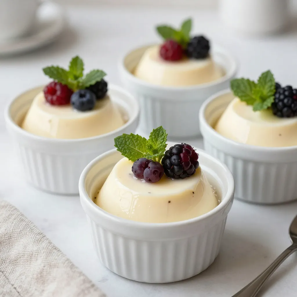 - 2 cups heavy cream - 1 cup whole milk - 1/2 cup granulated sugar Heavy cream makes the panna cotta rich and smooth. Whole milk adds a light texture. Granulated sugar sweetens the dessert just right. - 2 teaspoons pure vanilla extract - 1 vanilla bean, split lengthwise with seeds scraped Pure vanilla extract brings out the sweet flavor. The vanilla bean gives a deeper taste. Using both makes the panna cotta extra special. - 2 1/2 teaspoons powdered gelatin - 3 tablespoons cold water - Pinch of salt Powdered gelatin helps the panna cotta set properly. Cold water blooms the gelatin for the right texture. A pinch of salt enhances all the flavors. {{ingredient_image_2}} To bloom the gelatin, start by taking a small bowl. Sprinkle the powdered gelatin over 3 tablespoons of cold water. Let it sit for about 5 minutes. This allows the gelatin to absorb the water and swell up. Blooming is key to a smooth texture. It helps the gelatin dissolve evenly in the hot mixture. Next, take a medium saucepan. Pour in 2 cups of heavy cream, 1 cup of whole milk, and 1/2 cup of granulated sugar. Add in 2 teaspoons of pure vanilla extract and the seeds from the split vanilla bean. Don't forget to add the split pod too for extra flavor. Place the saucepan on medium heat. Stir gently until the sugar dissolves completely. Watch closely as you heat it. You want it to simmer, not boil. Once the mixture is hot, remove the saucepan from the heat. Stir in the bloomed gelatin mixture. Mix until it dissolves completely, with no clumps left. To keep your panna cotta smooth, strain the mixture through a fine mesh sieve into a large bowl. This step removes the vanilla bean pod and any undissolved gelatin pieces. Now, carefully pour the silky mixture into ramekins or serving glasses. Let them cool at room temperature for a bit. After that, cover each ramekin with plastic wrap. Refrigerate for at least 4 hours, or until set firmly. To make smooth panna cotta, focus on these key factors: - Use fresh ingredients. Fresh cream and milk improve texture and taste. - Bloom the gelatin well. This step is crucial for a creamy finish. - Heat gently. Avoid boiling the mixture to keep a silky texture. If your panna cotta does not set well, check these common issues: - Too little gelatin can lead to a runny dessert. - Overheating can ruin the cream. Keep it below boiling. - Make sure to strain the mixture. This removes lumps and ensures smoothness. For an elegant dessert presentation, consider these tips: - Use clear glasses or ramekins to show off the panna cotta’s creamy layers. - Layer assorted fresh berries on top for color and flavor. - Drizzle a fruity coulis made from blended berries for a pop of taste. Ideal garnishes include: - Fresh strawberries, blueberries, or raspberries for sweetness. - Mint leaves to add a touch of green and freshness. If you’re busy, here are some prep and chill tips: - Make panna cotta a day ahead. It’s perfect for gatherings. - While the panna cotta chills, prep your garnishes. This saves time later. - Keep everything in the fridge until ready to serve. For make-ahead recommendations: - Store panna cotta in the fridge for up to three days. - If you need to, you can freeze it. Just let it thaw in the fridge before serving. Pro Tips Use Fresh Ingredients: For the best flavor in your panna cotta, always opt for fresh cream and high-quality vanilla extract. Fresh ingredients can significantly enhance the overall taste of the dessert. Chill Thoroughly: Make sure to chill your panna cotta for at least 4 hours. This allows it to set properly and develop a smooth, creamy texture. For best results, chill it overnight. Experiment with Flavors: While vanilla is classic, feel free to experiment with other flavors like coffee, chocolate, or citrus. Just replace the vanilla extract with your desired flavoring to create a unique dessert. Presentation Matters: Enhance the visual appeal by serving the panna cotta in elegant glassware and garnishing with colorful fruits or edible flowers. This transforms a simple dessert into a stunning centerpiece. {{image_4}} You can make panna cotta more exciting with different flavors. For a chocolate panna cotta, melt semi-sweet chocolate into the cream mixture. This adds a rich taste. Use about 4 ounces of chocolate for a nice balance. Stir it in right after you heat the cream and sugar. Fruit-infused panna cotta is also a great option. You can blend fresh fruits like strawberries or mangoes into the cream. Strain the mixture to remove any bits. This gives a fresh and fruity twist. Try adding a layer of pureed fruit on top for extra fun. If you need a dairy-free panna cotta, use coconut milk instead of cream and milk. This will still give you that creamy texture. Almond milk is another option. Just remember to adjust the sugar, as some non-dairy milks are sweeter. For low-sugar or vegan versions, substitute the sugar with a sweetener like maple syrup. Use agar-agar instead of gelatin for a vegan option. Agar-agar works well if you follow the right instructions. This keeps the panna cotta set without any animal products. Serving panna cotta can be fun and creative. Layer it with fresh fruit or sauces. Berries or a berry coulis look stunning on top. They add color and flavor. You can also serve panna cotta in different glassware, like small jars or cups. This makes each dessert feel special. For an added touch, use a squeeze bottle to drizzle sauces over the panna cotta. This gives a fancy look and lets guests enjoy different flavors. You can even stack different flavors in one glass for a unique dessert experience. To store leftover panna cotta, cover each ramekin with plastic wrap. This keeps the dessert fresh and prevents it from absorbing odors. You can also place the panna cotta in an airtight container. Choose containers that fit well to avoid excess air. Panna cotta can be frozen, but it may change in texture. To freeze it safely, allow the panna cotta to set completely in the fridge. Once set, wrap each ramekin tightly with plastic wrap. For best results, place them in a freezer bag. When you are ready to enjoy it, thaw the panna cotta in the fridge overnight. Avoid thawing at room temperature, as it may become too soft. Panna cotta lasts in the fridge for about 5 days. Keep an eye out for signs of spoilage, such as an off smell or a change in texture. If it looks grainy or has an unusual color, it’s best to throw it away. Store it properly to enjoy this creamy delight for as long as possible! Panna cotta is a classic Italian dessert. It is a creamy treat made from sweetened cream thickened with gelatin. The name means "cooked cream" in Italian. This dessert has a smooth and silky texture. You can serve it plain or with toppings like fruit or sauces. It's simple to make and looks elegant on any table. Yes, you can use powdered gelatin as a substitute for sheets. However, you need to adjust the amount used. For each sheet, you use about 1 teaspoon of powdered gelatin. Bloom the powdered gelatin in cold water before adding it to the warm cream mixture. This helps ensure it dissolves properly for a smooth panna cotta. You can tell panna cotta is set when it feels firm to the touch. Gently shake the ramekin; it should jiggle slightly but not be liquid. It usually takes about 4 hours in the fridge for panna cotta to set. If you want to check, use a toothpick; insert it into the panna cotta, and it should come out clean. This article covered how to make panna cotta from start to finish. We explored the key ingredients like heavy cream and gelatin, plus how to blend and heat them. You learned tips for a smooth texture, serving ideas, and even variations for diet needs. Panna cotta is fun and easy to make. With these steps, you can create a tasty treat that impresses. Now, you can enjoy this classic dessert at home or share it with friends. Keep experimenting and have fun in the kitchen!