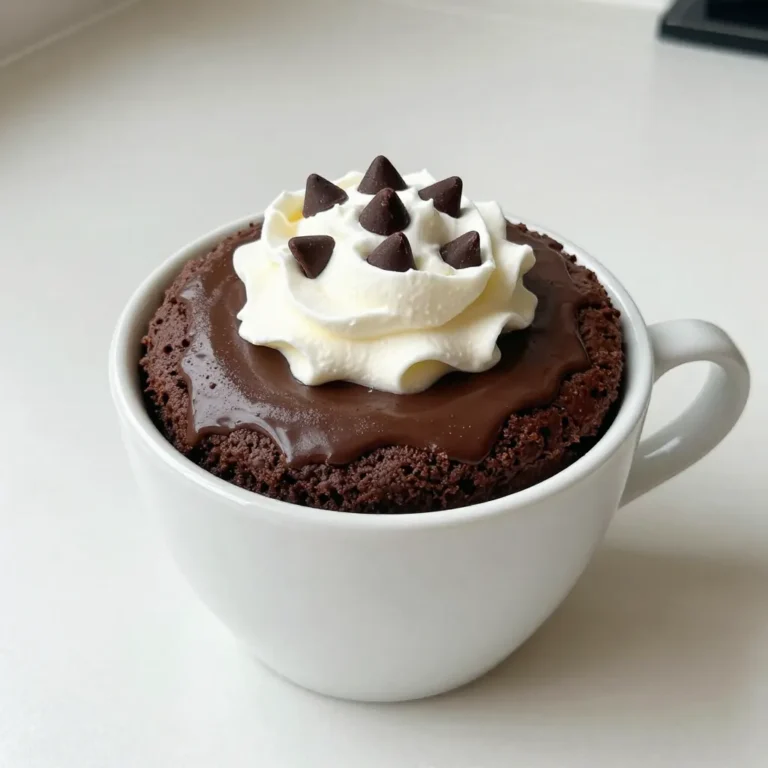 The key to a great Chocolate Fudge Mug Cake lies in its simple ingredients. Gather these items to get started: - 4 tablespoons all-purpose flour - 4 tablespoons granulated sugar - 2 tablespoons unsweetened cocoa powder - 1/8 teaspoon baking powder - A pinch of salt - 3 tablespoons milk (use non-dairy milk for a vegan option) - 2 tablespoons vegetable oil (or substitute with melted butter for added richness) - 1/4 teaspoon vanilla extract - 2 tablespoons chocolate chips (optional, for an extra fudgy texture) These ingredients work together to create a rich and moist cake. All-purpose flour gives the structure, while granulated sugar adds sweetness. Cocoa powder gives that deep chocolate flavor. Baking powder makes the cake rise, and a pinch of salt balances the sweetness. Milk and oil keep the cake moist and tender. Vanilla extract adds a warm note, while chocolate chips make it extra special. You can skip the chips, but they add a gooey texture that many love. Using these simple ingredients, you can whip up a delicious mug cake in just a few minutes. Enjoy the ease of making a chocolaty treat anytime you crave something sweet! {{ingredient_image_2}} 1. Combine dry ingredients in a mug: Start with a large microwave-safe mug. Add 4 tablespoons of all-purpose flour, 4 tablespoons of granulated sugar, 2 tablespoons of unsweetened cocoa powder, 1/8 teaspoon of baking powder, and a pinch of salt. Use a fork to mix these dry ingredients well. Make sure there are no lumps. 2. Mix in wet ingredients until smooth: Pour in 3 tablespoons of milk, 2 tablespoons of vegetable oil, and 1/4 teaspoon of vanilla extract. Use the fork again to mix until the batter is smooth. Check for any dry pockets at the bottom. 3. Fold in chocolate chips (if using): If you want extra fudginess, add 2 tablespoons of chocolate chips to the batter. Gently fold them in to spread the chocolate evenly. 1. Microwave cooking time and tips: Place the mug in the microwave. Cook on high for about 1 minute and 30 seconds. Keep an eye on it as cooking times vary with microwaves. 2. Signs that the cake is done cooking: The cake is ready when it has risen and is set in the center. It should be moist but not wet. Be careful not to overcook it, as that can make the cake dry. - Use the right size of mug: Choose a large mug. A 12-ounce mug works well. It gives the cake room to rise without spilling over. - Avoid overmixing the batter: Mix until just combined. Overmixing can make the cake tough. A few lumps are okay. - Keep an eye on cooking time: Microwaves vary in power. Start with 1 minute and 30 seconds. If it needs more time, add 10 seconds. Check often to avoid overcooking. - Topping ideas: Top your mug cake with whipped cream for lightness. Ice cream adds creaminess. A drizzle of chocolate sauce makes it extra rich. - Presentation tips for serving: Serve in the mug for a cozy feel. For a fancier look, transfer to a plate. Sprinkle cocoa powder or chocolate shavings on top. This adds a nice touch. Pro Tips Use the Right Mug: Make sure to choose a large microwave-safe mug to prevent overflowing as the cake rises during cooking. Mix Thoroughly: Ensure you mix the batter well to avoid any dry pockets of flour or cocoa, which can lead to an uneven texture. Watch Cooking Time: Microwaves vary in power; start with 1 minute and 30 seconds, but check frequently to avoid overcooking. Add Toppings: Enhance your mug cake with a scoop of whipped cream, ice cream, or a drizzle of chocolate sauce for extra indulgence! {{image_4}} You can easily change the flavor of your chocolate fudge mug cake. Here are some fun ideas: - Add nuts or fruit: Chopped nuts like walnuts or pecans can add a nice crunch. Fresh fruit, such as raspberries or bananas, can bring a burst of flavor. - Experiment with different extracts: Instead of vanilla, try almond or mint extract. A few drops can change the whole taste. If you follow special diets, you can still enjoy this mug cake. - Vegan alternative options: Use non-dairy milk instead of regular milk. You can also swap vegetable oil for melted coconut oil for a vegan treat. - Gluten-free ingredient substitutions: Substitute all-purpose flour with almond flour or a gluten-free blend. This makes the cake safe for those with gluten allergies. Feel free to mix and match these ideas to create your perfect mug cake! Can you store a mug cake? Yes, you can store a mug cake. After it cools, place it in an airtight container. This helps keep it fresh. Mug cakes taste best when eaten right away. But if you have leftovers, storing them is fine. Best practices for refrigeration To store your mug cake, wrap it tightly in plastic wrap. You can also use a small container with a lid. Then, put it in the fridge. It will stay fresh for up to two days. Keep in mind that the texture may change. Refrigeration can make it a bit denser. How to warm up the mug cake for optimal texture To reheat your mug cake, use the microwave. Place it back in the microwave for about 10 to 15 seconds. Check if it's warm enough. If not, heat it for a few more seconds. Avoid overheating it. This can dry out the cake. Enjoy your warm, fudgy treat! Yes, you can bake this cake in an oven. Preheat your oven to 350°F (175°C). Pour the batter into a small oven-safe dish. Bake for about 15 minutes, or until it is set in the middle. Check with a toothpick; it should come out clean. This method gives a different texture, but it’s delicious too! This mug cake is best enjoyed right after you cook it. If you have leftovers, cover it well and keep it in the fridge. It stays fresh for about one day. The texture may change after a day, becoming a bit dry. Reheat it in the microwave for a few seconds before eating. Yes, you can double the recipe! Use a larger mug or bowl to hold the extra batter. If you double the ingredients, adjust the cooking time. Start with two minutes in the microwave. Check for doneness as you cook. Enjoy your bigger portion! In this post, I covered how to make a simple mug cake. We went through the key ingredients and step-by-step instructions. I shared tips for baking, serving, and even variations to suit your taste. Remember to use the right-sized mug and avoid overmixing. This treats simple and fun and can fit your diet needs. Enjoy your mug cake creation and share it with friends for a sweet treat! Happy baking!