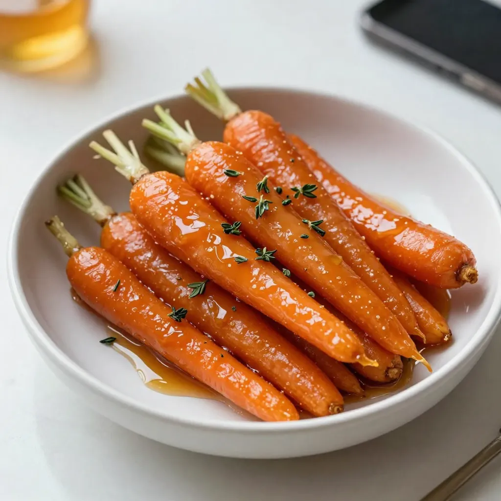 - 1 lb baby carrots, peeled - 3 tablespoons honey - 2 tablespoons unsalted butter - 3 cloves garlic, finely minced - 1 tablespoon fresh thyme leaves (or 1 teaspoon dried thyme) - Salt and freshly ground black pepper to taste - 1 tablespoon freshly squeezed lemon juice These ingredients come together to create a tasty dish that shines on your table. The baby carrots bring a sweet crunch, while honey adds a rich flavor. Butter helps to make the sauce smooth and creamy. Garlic gives the dish a wonderful aroma, and thyme adds a hint of earthiness. A touch of lemon juice brightens everything up. Using fresh ingredients makes a big difference. Fresh thyme has a unique taste that dried thyme cannot match. You can use either, but fresh is best. Always taste your dish as you cook. Adjust the salt and pepper to suit your taste. This way, you can make the dish just right for you and your family. {{ingredient_image_2}} - Bring water to a boil. - Cook carrots for 5-7 minutes. Start by filling a large pot with water. Bring it to a rolling boil. Carefully add the peeled baby carrots. You want them tender but not mushy. After 5-7 minutes, check the texture with a fork. Drain the carrots and set them aside to cool a bit. - Melt butter and saut&eacute; garlic. - Combine garlic with honey and thyme. Now, heat a large skillet over medium heat. Add unsalted butter. Let it melt completely. Once melted, add the finely minced garlic. Saut&eacute; for 1-2 minutes. Stir often to prevent burning. When the garlic turns golden and fragrant, pour in the honey. Add thyme next, stirring until bubbly and well mixed. - Toss cooked carrots in the honey-garlic mixture. - Season with salt and pepper and caramelize. Once your garlic mixture is ready, add the cooked carrots. Toss them gently to coat each carrot in the honey-garlic glaze. Season with salt and freshly ground black pepper to taste. Keep cooking for another 5-7 minutes. Stir occasionally until the carrots are shiny and caramelized. Finally, drizzle lemon juice over the carrots. This adds a bright touch to the dish. Give them a gentle toss to mix. Enjoy your sweet and savory honey garlic glazed carrots! To get the perfect glaze, cook your baby carrots for about 5-7 minutes. They should be tender but not mushy. The ideal skillet temperature is medium heat. This will help the butter melt and the garlic saut&eacute; without burning. You can adjust the sweetness by adding more or less honey. If you want a stronger flavor, add more garlic or thyme. For a different twist, try maple syrup instead of honey. You can also use dried thyme if fresh thyme is not available. For serving, place the warm glazed carrots on a nice platter or in a rustic bowl. To make it look pretty, garnish with fresh thyme sprigs. This adds color and enhances the dish's aroma, making it even more inviting. Pro Tips Tip Title: Choose Fresh Carrots: Opt for vibrant, firm baby carrots for the best flavor and texture. Fresh carrots will enhance the overall sweetness and crunch of the dish. Tip Title: Control the Heat: When saut&eacute;ing the garlic, keep a close eye on the heat. If it gets too hot, the garlic can burn quickly, leading to a bitter taste in your glaze. Tip Title: Experiment with Herbs: While thyme is a classic choice, feel free to experiment with other fresh herbs like rosemary or parsley for a different flavor profile. Tip Title: Perfectly Glazed Carrots: For a thicker glaze, let the honey and butter mixture simmer a bit longer before adding the carrots. This will create a more intense flavor. {{image_4}} You can use regular carrots if you can't find baby ones. Just peel and cut them into sticks. They will still taste great with the honey glaze. Another idea is to roast the carrots instead of boiling them. Roasting gives a nice caramelized flavor. Just toss them in oil, salt, and pepper, then roast at 400&deg;F for 20-25 minutes. Spice things up by adding cayenne or paprika to the honey mixture. This adds a nice kick without overpowering the dish. If you want some crunch, add nuts like chopped almonds or walnuts. They add extra texture and flavor. For a vegan version, swap the butter with coconut oil or vegan butter. This keeps the dish plant-based and just as tasty. If you need a gluten-free option, this recipe is already gluten-free! Just double-check that your honey is pure and free of any additives. To keep your honey garlic glazed carrots fresh, store them in the fridge. Place the carrots in an airtight container. This helps keep their flavor and texture intact. They can last up to four days in the fridge. If you plan to eat them later, this method works well. You can reheat glazed carrots in a few ways. The best method is using a skillet. Just add a little water and heat on low. Stir gently until warmed through. This keeps them moist and tasty. You can also use the microwave. Heat them in a bowl for about one to two minutes. Make sure to cover the bowl. The best temperature to aim for is hot but not boiling. Enjoy your carrots again, just like fresh! Yes, you can prepare honey garlic glazed carrots ahead of time. Cook the carrots and glaze them. Let them cool, then store in the fridge. When ready to serve, reheat them in a skillet over low heat. This method keeps them tasty and fresh. You will know the carrots are done when they are tender but still firm. A fork should easily pierce them, but they should not be mushy. Aim for a bright orange color, which shows they are cooked well without losing nutrients. These carrots pair well with many dishes. Serve them alongside roasted chicken or grilled fish. They also go great with rice or quinoa. For a vegetarian option, try them with a hearty grain salad. Their sweet and savory flavor complements many meals. You can use frozen carrots, but the texture will change. Frozen carrots often become softer when cooked. If you use them, reduce the boiling time. Saut&eacute; them longer in the glaze to ensure they absorb flavor. The dish will still taste good, but fresh carrots are best. This blog post explored a delicious recipe for honey garlic glazed carrots. We covered the ingredients, step-by-step instructions, and tips for perfect results. You learned about variations to suit your taste and dietary needs, as well as storage and reheating advice. Remember, experimenting with flavors and techniques can lead to new favorite dishes. Enjoy making this simple yet tasty recipe! Your meals can shine with just a few key ingredients. Try it out and see how easy it is to impress everyone at the table.