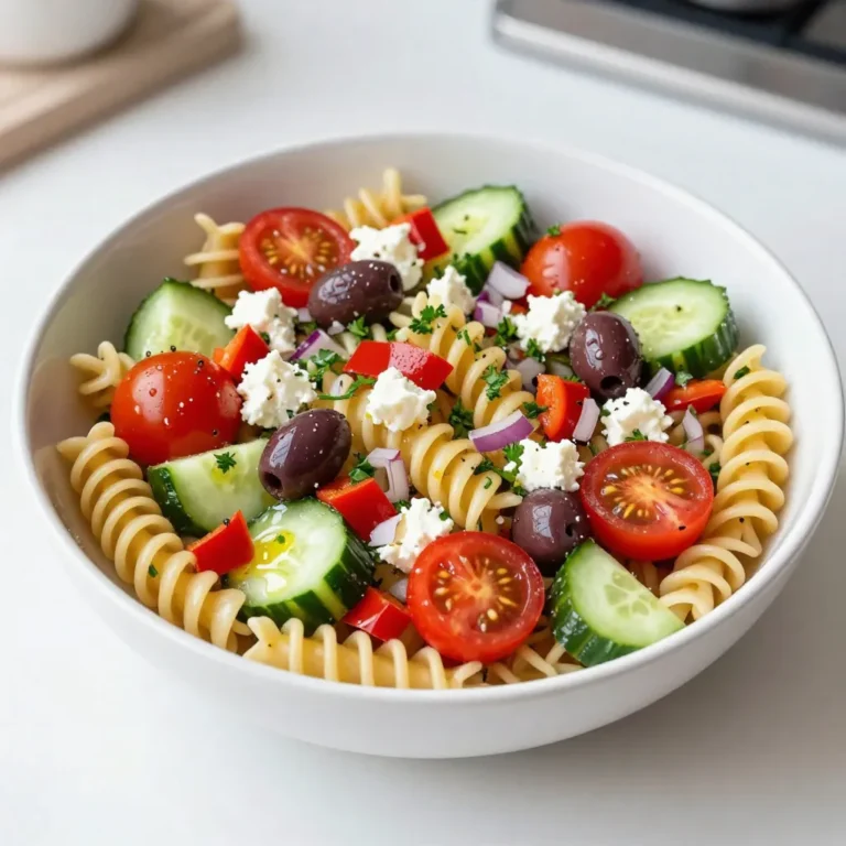 To make a delicious Greek pasta salad, you'll need to gather the following ingredients: - 8 oz fusilli pasta - 1 cup cherry tomatoes, halved - 1 cucumber, diced - 1 cup kalamata olives, pitted and halved - 1 red bell pepper, diced - 1 red onion, finely chopped - 1 cup feta cheese, crumbled - 1/4 cup fresh parsley, finely chopped - 1/4 cup extra virgin olive oil - 2 tablespoons red wine vinegar - 1 teaspoon dried oregano - Salt and freshly ground pepper to taste These ingredients come together to create a vibrant dish. The fusilli pasta offers a fun shape that holds the dressing well. Cherry tomatoes add a burst of sweetness, while cucumber brings a crisp texture. Kalamata olives provide a briny flavor that pairs perfectly with feta cheese. The red bell pepper and onion add crunch and color, making your salad visually appealing. Using fresh parsley brightens up the dish and adds a touch of freshness. The dressing made from extra virgin olive oil and red wine vinegar gives the salad a zesty kick. The oregano ties all the flavors together with its earthy notes. Be sure to season with salt and pepper to enhance the taste further. This combination not only tastes great but also offers a variety of nutrients. Each bite is a taste of the Mediterranean that you can enjoy any time. {{ingredient_image_2}} To start, bring a large pot of salted water to a boil. This step adds flavor to the pasta. Add 8 oz of fusilli pasta. Cook it according to the package instructions. Keep a close eye on the time to avoid overcooking. You want it to be al dente, which means firm to the bite. After cooking, drain the pasta and rinse it under cold water. This stops the cooking and cools it down quickly. Next, prepare your fresh veggies. Use a sharp knife for easy chopping. Dice the cucumber and red bell pepper. Halve the cherry tomatoes and kalamata olives. Finely chop the red onion. Add all these ingredients to a large mixing bowl. Mix gently to combine the vegetables evenly. This ensures every bite has a bit of everything. Once the pasta is cool, add it to the bowl with the veggies. Use a spatula to mix everything carefully. You want the pasta to blend with the vegetables without breaking them. Now, let's make the dressing. In a small bowl, whisk together 1/4 cup of extra virgin olive oil, 2 tablespoons of red wine vinegar, and 1 teaspoon of dried oregano. Add a pinch of salt and pepper. Whisk until it’s well mixed. This emulsification makes the dressing creamy and smooth. Now, it's time to add the feta cheese and parsley. Crumble 1 cup of feta cheese and finely chop 1/4 cup of fresh parsley. Carefully fold these into the salad. Use a gentle hand to avoid breaking the feta too much. Fresh herbs bring a bright flavor that lifts the whole dish. Chilling the salad is key. Cover the bowl with plastic wrap or a lid. Refrigerate for at least 30 minutes. This time allows the flavors to meld and enhance. When ready to serve, spoon the salad into a large serving bowl. Drizzle a little olive oil on top and sprinkle with extra parsley. This adds color and makes the dish look inviting. Enjoy your beautiful Greek Pasta Salad! - Overcooking pasta: Always cook your fusilli pasta until al dente. This means it should have a slight bite. If you overcook it, the pasta becomes mushy. - Under-seasoning the dressing: Your salad dressing needs enough salt and flavor. Taste the dressing before adding it. Adjust with salt and pepper to make it pop. - Additional herbs and spices: You can add fresh basil, dill, or even mint. These herbs boost the flavor and freshness. - Suggestions for extra toppings: Try adding grilled chicken, chickpeas, or even artichoke hearts. These can change the salad into a full meal. - Prepping ingredients in advance: Chop your vegetables the night before. Store them in the fridge for quick assembly. - Using pre-cooked pasta: For a faster option, use pre-cooked pasta. It saves time and makes your meal ready in minutes. Pro Tips Cook the Pasta Al Dente: Make sure to cook the fusilli pasta until it is al dente, as it will absorb the dressing and flavors while chilling, resulting in a perfect texture. Use Fresh Ingredients: Opt for fresh vegetables and herbs to enhance the flavor and nutritional value of your pasta salad. Fresh ingredients make a significant difference! Chill for Flavor: Allow the pasta salad to chill for at least 30 minutes before serving. This resting time helps the flavors meld together beautifully. Experiment with Add-ins: Feel free to customize your salad by adding other ingredients like artichoke hearts, sun-dried tomatoes, or roasted red peppers for extra flavor and texture. {{image_4}} You can easily change up classic Greek pasta salad. Here are some swaps. - Use rotini or penne instead of fusilli. - Swap feta for goat cheese if you prefer. - Replace kalamata olives with green olives. - Use red wine vinegar for lemon juice for a fresh twist. For dietary needs, there are options too. For gluten-free, choose gluten-free pasta. If lactose-free, use a dairy-free cheese. You can also skip the cheese for a lighter salad. Consider adding proteins to your salad for a heartier meal. Chicken or chickpeas work well. They boost the protein and keep you full. You can also add seasonal vegetables. Fresh spinach or arugula adds color and flavor. Roasted zucchini or asparagus gives a nice twist too. Make your Greek pasta salad into a Mediterranean grain bowl. Use quinoa or farro instead of pasta. This gives a nutty flavor and chewy texture. For fusion ideas, mix in Asian flavors. Try sesame oil or soy sauce for a unique taste. You could also add Latin flair with corn or black beans. These changes keep the dish exciting and new. To keep your Greek pasta salad fresh, store it in an airtight container. Glass or plastic containers work well. Make sure the salad is cool before sealing it. This prevents steam and keeps it crisp. In the fridge, your pasta salad can last about 3 to 5 days. Watch for signs of spoilage. If it smells sour or looks slimy, toss it. Fresh herbs will wilt, and veggies may lose their crunch. You can serve Greek pasta salad cold or warm. If you prefer it warm, gently heat it in a pan. Add a splash of olive oil or water to keep it moist. Avoid microwaving, as this can make it mushy. Enjoy it cold on hot days for a refreshing meal! Greek Pasta Salad has roots in traditional Greek salads. These salads often use fresh vegetables and cheese. The classic Greek salad features tomatoes, cucumbers, olives, and feta cheese. Pasta salads became popular as people looked for more filling options. The blend of pasta with Greek flavors created a new dish. It reflects the Mediterranean diet, known for its health benefits. This dish celebrates fresh ingredients and simple flavors. Yes, you can easily make Greek Pasta Salad vegan. Start by leaving out the feta cheese. You can replace it with a vegan cheese or omit it entirely. Use more vegetables, like artichokes or avocado, for creaminess. Instead of red wine vinegar, consider using lemon juice for a fresh taste. You can also add chickpeas for protein. These swaps keep the salad flavorful and vibrant. Customizing Greek Pasta Salad is fun and easy. Here are some ideas: - Add grilled chicken or shrimp for protein. - Toss in roasted red peppers for a sweet flavor. - Mix in fresh herbs like dill or mint for extra freshness. - Try different pasta shapes like penne or rotini. - Add nuts or seeds for crunch. These changes let you create a salad that fits your taste. Greek Pasta Salad is quite healthy. It contains fresh veggies, which are full of vitamins. Tomatoes, cucumbers, and peppers add fiber and nutrients. The olives provide healthy fats, while feta cheese adds protein. To make it even more nutritious, use whole wheat pasta. You can add spinach or kale for more greens. This dish is a balanced option for lunch or dinner. You can make a delicious Greek pasta salad with fresh ingredients and smart techniques. We reviewed the key ingredients, cooking tips, and ways to enhance flavor. Don’t forget to chill the salad for the best taste. You can also customize with proteins or seasonal veggies. Proper storage helps keep it fresh. This dish is both healthy and easy to make. Enjoy creating your version and share it with friends or family!