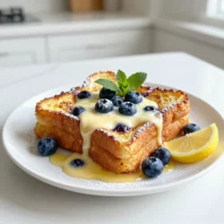 To make Lemon Blueberry Overnight French Toast, gather these ingredients: - 1 loaf of challah or brioche bread, cut into thick slices - 2 cups almond milk (or your preferred milk) - 4 large eggs - 1/2 cup Greek yogurt - 1/4 cup pure maple syrup - Zest of 2 lemons - 1 teaspoon pure vanilla extract - 1 teaspoon ground cinnamon - 1 1/2 cups fresh blueberries - Pinch of salt - Powdered sugar for dusting (optional) You can switch some ingredients if needed: - Use whole milk or oat milk instead of almond milk. - Swap Greek yogurt for regular yogurt or dairy-free yogurt. - If you don&rsquo;t have maple syrup, honey or agave syrup works too. - Replace lemons with oranges for a different citrus flavor. - Any berries, like strawberries or raspberries, can replace blueberries. Choosing the right bread is key. Look for bread that is soft but sturdy. - Challah and brioche are great because they soak well. - Avoid bread that is too crusty, as it may not absorb the egg mix. - Day-old bread works well since it's drier and absorbs more flavor. - If you want whole grain, use a thick slice of whole wheat bread. Choosing the right bread makes this dish even better! {{ingredient_image_2}} To start, gather your ingredients in a large bowl. You&rsquo;ll need almond milk, eggs, Greek yogurt, maple syrup, lemon zest, vanilla extract, ground cinnamon, and a pinch of salt. Whisk these together well. Make sure to mix until everything is smooth and blended. This mix is key for the flavor. The lemon zest adds a bright taste, while the cinnamon brings warmth. Now, take your challah or brioche bread and cut it into thick slices. Grease a 9x13-inch baking dish with butter or cooking spray. Arrange the bread in the dish, standing upright or slightly overlapping. This helps soak every slice evenly. Once the bread is arranged, gently pour the egg mixture over it. Use your hands to press down lightly on the bread. This helps it soak up all that yummy flavor. After this, sprinkle fresh blueberries on top. They will burst with juicy sweetness as it bakes. The next morning, preheat your oven to 350&deg;F (175&deg;C). Take the dish out of the fridge and let it sit for about 15 minutes. This helps the dish warm up a bit. Bake the French toast uncovered for 35-40 minutes. It is done when it puffs up and turns golden brown. Let it cool for a few minutes before serving. If you like, dust it with powdered sugar for a sweet touch. To get the best flavor and texture, soak the bread overnight. This lets the bread soak up all the yummy flavors. Use a mix of almond milk, eggs, yogurt, and spices. Make sure to whisk it well. This helps combine the flavors. Gently press on the bread after pouring the mix. This helps each slice absorb the liquid better. To avoid soggy bread, use thick slices of challah or brioche. Thick bread holds up well when soaked. Do not let the bread sit too long in the mix. If you soak it for too long, it can turn mushy. Aim for around 8 to 12 hours of soaking time. This balance gives you the right texture without sogginess. When adding blueberries, sprinkle them evenly over the bread. This helps every bite have that burst of flavor. Try to spread them out so they don&rsquo;t clump together. You want some in every slice. For a fun twist, mix in some blueberries into the egg mixture too. This adds even more flavor and color to your dish. Pro Tips Use Stale Bread: For the best texture, use day-old bread or slightly stale challah or brioche. This allows the bread to absorb the egg mixture without becoming too mushy. Experiment with Milk: Feel free to substitute almond milk with any milk of your choice, such as oat, coconut, or whole milk, to suit your taste preferences. Customize the Fruit: While blueberries are delicious, you can also mix in other fruits such as raspberries, strawberries, or sliced bananas for added flavor and variety. Make Ahead: This dish is perfect for meal prep. Assemble it the night before and let it sit in the fridge overnight, making your morning routine much easier. {{image_4}} You can change the fruit in this dish based on the season. In summer, use strawberries or peaches. In fall, try apples or pears. Fresh fruit adds flavor and color. It also makes your dish more fun. Just chop the fruit and mix it in with the blueberries. You will get a bright and tasty twist! To make this dish dairy-free or vegan, swap the eggs and yogurt. Replace the eggs with 1/4 cup of flaxseed meal mixed with 3/4 cup of water. This mix works well to bind your French toast. Use coconut yogurt instead of Greek yogurt. For milk, almond milk is great, but you can use oat or soy milk too. These changes keep the dish tasty and soft. You can easily change the flavors in this recipe. Add a pinch of nutmeg for warmth. A dash of cardamom can add a unique twist. You can also use almond extract instead of vanilla. If you want a citrus kick, add more lemon zest. These small changes can make your dish exciting and new each time! To keep your leftover Lemon Blueberry Overnight French Toast fresh, place it in an airtight container. I recommend storing it in the fridge. This will help it stay tasty for up to three days. If you plan to eat it later, avoid adding any toppings like syrup or powdered sugar until you serve it. When you&rsquo;re ready to enjoy your leftovers, you can reheat them easily. The best way is to use the oven. Preheat your oven to 350&deg;F (175&deg;C). Place the French toast on a baking sheet and cover it with foil. Heat for about 10-15 minutes. This will keep it warm and soft. You can also use a microwave. Just heat each slice for about 30 seconds or until warm. If you want to save some for later, freezing is a great option. Allow the French toast to cool completely. Wrap each slice tightly in plastic wrap, then place them in a freezer-safe bag. This way, they can last up to three months. When you&rsquo;re ready to eat, thaw them in the fridge overnight. Then reheat as mentioned earlier for a quick breakfast treat. Yes, you can prepare this dish the night before. In fact, it tastes better after soaking. Just mix the ingredients and layer the bread. Cover the dish and place it in the fridge overnight. This way, the bread absorbs all the yummy flavors. You can simply bake it in the morning for a quick and easy breakfast. This French toast pairs well with many sides. Here are some tasty ideas: - Fresh fruit like strawberries or raspberries - A drizzle of pure maple syrup - A dollop of whipped cream or Greek yogurt - A sprinkle of nuts for crunch - A side of crispy bacon or sausage for protein These options add flavor and make your meal more filling. You can tell your French toast is ready when it looks puffed and golden brown. The edges should be crisp, and the center should feel firm. If you insert a knife in the middle, it should come out clean. If it&rsquo;s too soft or runny, it needs more time. Baking it at 350&deg;F for 35-40 minutes helps ensure even cooking. Enjoy your delicious creation! This blog post covered all you need to know for Lemon Blueberry Overnight French Toast. We discussed key ingredients and smart swaps. I shared step-by-step instructions for a perfect bake. You learned tips to avoid soggy bread and store leftovers well. Don't forget the fun variations to try. With these insights, you can impress at breakfast. Experiment with flavors and fruits as you like. Enjoy your cooking, and make it a tasty experience every time.