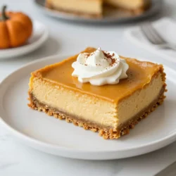 - 1 &frac12; cups graham cracker crumbs - &frac12; cup unsalted butter, melted - 1 cup cream cheese, softened to room temperature - 1 cup pumpkin puree (canned or fresh) - &frac34; cup granulated sugar - 2 large eggs - 1 teaspoon vanilla extract - 1 teaspoon pumpkin pie spice - &frac12; teaspoon ground cinnamon - &frac14; teaspoon salt - Whipped cream, for serving (optional) To make pumpkin spice cheesecake bars, you need simple ingredients. The graham cracker crumbs form the base. Melted butter helps bind the crust. Cream cheese gives the filling its rich texture. Pumpkin puree adds flavor and color. Granulated sugar sweetens the mix. Eggs help set the bars. Vanilla extract brings warmth. Pumpkin pie spice adds that fall touch. Ground cinnamon gives extra zest. Don&rsquo;t forget the salt to balance flavors. Whipped cream is optional but delicious! You can use canned pumpkin puree or fresh pumpkin. If you use fresh, cook it first. This recipe is easy and fun. Gather these ingredients, and you&rsquo;ll be ready to create a fall delight! {{ingredient_image_2}} - Preheat your oven to 350&deg;F (175&deg;C). - Grab a 9x9-inch baking pan and line it with parchment paper. - In a medium bowl, combine 1 &frac12; cups of graham cracker crumbs with &frac12; cup of melted butter. - Mix until the crumbs look like damp sand. - Press the crumb mixture firmly into the bottom of the pan. - Bake for 8-10 minutes, until the crust is lightly golden. - When done, let the crust cool completely. - In a large bowl, beat 1 cup of softened cream cheese until smooth. - Add in 1 cup of pumpkin puree, &frac34; cup of granulated sugar, and 2 large eggs. - Also, mix in 1 teaspoon of vanilla extract, 1 teaspoon of pumpkin pie spice, &frac12; teaspoon of ground cinnamon, and &frac14; teaspoon of salt. - Beat on low speed until the mixture is creamy and well combined. - Pour the filling over the cooled crust. - Place the pan in the oven and bake for 25-30 minutes. - Watch for the edges to be set but the center should still jiggle. - Once baked, take the pan out and let it cool at room temperature for about 1 hour. - After that, chill it in the refrigerator for at least 2 hours or overnight. - When ready, use the parchment paper to lift the cheesecake out of the pan. - Cut into squares or bars with a sharp knife. - Serve these tasty bars chilled, adding whipped cream if you like! To make your cheesecake bars perfect, start with room-temperature cream cheese. This helps it mix well. If your cream cheese is cold, it will stay lumpy. Next, when you add the eggs, mix just until combined. Overmixing can make your bars too airy and cause cracks. Watch for key signs of doneness. The edges should look set, while the center remains a bit jiggly. This ensures a creamy texture, which is what you want in a cheesecake. When serving these cheesecake bars, toppings can make a big difference. A generous dollop of whipped cream adds richness. You might also sprinkle some ground cinnamon or nutmeg on top for extra flavor. Beverage pairings can elevate your dessert experience. A warm cup of spiced chai or a cold glass of apple cider works well. These drinks bring out the cozy fall flavors in the bars. For a twist on whipped cream, use mascarpone cheese or cr&egrave;me fra&icirc;che. Both add a rich taste that complements the pumpkin. When it comes to presentation, think seasonal. Add some candied pecans or toasted pumpkin seeds on top. You can also decorate with edible flowers or fall leaves for a festive touch. These small details can really impress your guests! Pro Tips Use Room Temperature Ingredients: Make sure your cream cheese is softened to room temperature before mixing. This helps in achieving a smooth and lump-free filling. Cool Gradually: Allow the cheesecake to cool at room temperature before refrigerating. This prevents condensation from forming, which can affect the texture. Don&rsquo;t Overbake: Bake until the edges are set and the center is slightly jiggly. Overbaking can lead to a dry texture, so keep an eye on your bars! Chill Overnight: For best flavor and texture, chill the cheesecake bars overnight. This allows the spices to meld beautifully and the bars to firm up perfectly. {{image_4}} You can change the spices for fun flavors. Instead of pumpkin pie spice, try ginger, nutmeg, or allspice. Each spice gives a new twist. You can also add nuts like pecans or walnuts for crunch. Chocolate chips bring a sweet surprise too. Just fold in your add-ins before pouring the filling. Need a gluten-free crust? Use almond flour or gluten-free graham crackers. Mix with melted butter just like the original. For vegan options, swap cream cheese with a plant-based version. Use silken tofu for a smooth texture. Replace eggs with flax eggs for binding. Make it festive for the holidays! Add a layer of cranberry sauce for a tart flavor. You can also mix in apple or pear for a seasonal blend. Try topping with caramel or maple syrup for extra sweetness. These ideas keep your cheesecake bars fresh and exciting! To keep your pumpkin spice cheesecake bars fresh, store them in an airtight container. This method helps prevent them from drying out and losing flavor. Place them in the fridge right after they cool. If you stack them, separate layers with parchment paper to avoid sticking. You can freeze these cheesecake bars for longer storage. First, cut them into squares. Then, wrap each piece tightly in plastic wrap. Place the wrapped bars in a freezer-safe bag or container. This keeps them fresh for up to three months. When ready to eat, take them out and thaw in the fridge overnight. This method helps maintain the creamy texture. In the fridge, these cheesecake bars stay fresh for about five days. Look for signs of spoilage like an off smell or a change in color. If they seem dry or have a strange texture, it's best to toss them. Always check before serving! You can tell if your cheesecake bars are done by looking at the edges. They should be set and firm. The center should still jiggle a bit when you shake the pan. This jiggle means your bars will stay creamy. If the edges are browning, they are likely done. Yes, you can use fresh pumpkin. Just make sure to cook and puree it first. Cut the pumpkin into pieces, steam or bake until soft, and blend until smooth. Fresh pumpkin has a slightly different taste but can be just as good. Just remember to measure the same amount as the canned pumpkin. If your cheesecake cracks, don&rsquo;t worry! It happens to many bakers. To prevent cracks, mix gently after adding eggs. Bake at a lower temperature for longer to keep it creamy. If you already have cracks, cover them with whipped cream. This will make it look pretty and delicious! This blog post covered the essentials for making pumpkin cheesecake bars. You learned about the key ingredients, step-by-step preparation, and important tips for success. We also explored creative variations and storage solutions. Whether you are baking for a holiday or simply craving a sweet treat, these cheesecake bars are sure to delight. With the right ingredients and techniques, you can make a dessert that impresses everyone. Enjoy your baking journey!