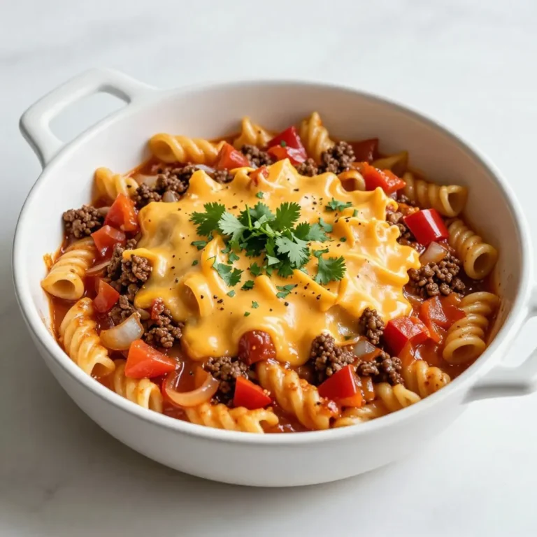 To make this cheesy taco pasta skillet, you will need: - 8 oz rotini pasta - 1 lb ground beef (or substitute with lean turkey) - 1 packet taco seasoning - 1 can (15 oz) diced tomatoes with green chilies - 1 cup beef broth (or vegetable broth for a vegetarian option) - 1 cup frozen corn - 1 cup shredded cheddar cheese - 1 cup shredded pepper jack cheese - 2 tablespoons olive oil - 1/2 cup red bell pepper, diced - 1/2 cup onion, diced - 2 cloves garlic, minced - 1/4 cup fresh cilantro, chopped (for garnish) - Salt and pepper to taste These simple ingredients come together for an easy meal. You can customize this dish to fit your taste. Some options include: - Sliced jalapeños for heat - Black beans for extra protein - Avocado for creaminess - Lime juice for brightness - Additional spices like cumin or paprika Feel free to mix and match these ingredients to create your perfect dish. This recipe serves 4-6 people. Here’s a rough breakdown of the nutrition per serving: - Calories: 470 - Protein: 30g - Carbohydrates: 42g - Fat: 24g - Fiber: 3g This meal offers a good balance of protein and carbs, making it filling and satisfying. {{ingredient_image_2}} Start by bringing a large pot of salted water to a boil. Add 8 oz of rotini pasta. Cook it for 7 to 8 minutes until it's al dente. Once done, drain the pasta and set it aside. In a large skillet, heat 2 tablespoons of olive oil over medium heat. Once hot, add 1/2 cup diced onion, 1/2 cup diced red bell pepper, and 2 cloves of minced garlic. Sauté everything for 3 to 4 minutes. Stir occasionally until the veggies are soft and fragrant. Next, add 1 lb of ground beef or turkey to the skillet. Use a wooden spoon to break it up. Cook for 5 to 7 minutes or until the meat is browned. Season with salt and pepper to taste. Stir in 1 packet of taco seasoning, 1 can of diced tomatoes (with juices), and 1 cup of beef broth. Let it simmer for about 3 minutes to blend the flavors. Then, add 1 cup of frozen corn and the drained pasta. Toss everything together and cook for 2 to 3 more minutes, ensuring it's heated through. Lower the heat to a gentle simmer. Sprinkle both 1 cup of shredded cheddar cheese and 1 cup of shredded pepper jack cheese over the pasta. Cover the skillet and let it sit for 2 to 3 minutes. This will help the cheese melt and bubble nicely. To cook pasta just right, always watch the clock. Follow the package time for al dente. This means the pasta should be firm when you bite it. After cooking, drain it and do not rinse. Rinsing washes away the starch that helps sauce stick. If you want to save time, cook the pasta while you prepare the other ingredients. This keeps everything moving smoothly. Taco seasoning is key to this dish’s flavor. If you want more spice, add a pinch of cayenne or chili powder. To balance heat, mix in a dash of sugar. Taste as you go. If it feels bland, add salt or pepper. Fresh herbs, like cilantro, boost the flavor too. Feel free to experiment until you find your perfect blend. To clean your skillet easily, soak it right after use. Fill it with warm soapy water and let it sit. This helps loosen food stuck to the pan. Use a soft sponge to scrub gently. Avoid steel wool; it can scratch the surface. For tough spots, sprinkle baking soda and scrub lightly. Rinse well and dry to keep it in great shape. Pro Tips Cook Pasta Al Dente: Ensure the rotini pasta is cooked al dente for the perfect texture that holds up against the sauce and doesn't become mushy. Use Lean Meat: Opt for lean ground turkey instead of beef to create a lighter version while still enjoying great flavor. Add Extra Veggies: Feel free to incorporate more vegetables like zucchini or spinach to boost nutrition and add more flavor to your dish. Experiment with Cheeses: Mix different cheese varieties, such as gouda or mozzarella, to customize the flavor profile to your liking. {{image_4}} To make a vegetarian version, swap the ground beef with black beans or lentils. Use vegetable broth instead of beef broth. You can also add extra veggies like zucchini or mushrooms. These will bring more flavor and texture to the dish. The taco seasoning still works great, adding that spicy kick. If you need a gluten-free option, choose gluten-free rotini pasta. Many brands offer tasty gluten-free pasta that cooks just like regular pasta. Ensure your taco seasoning is gluten-free as well. This way, you can enjoy all the cheesy goodness without worrying about gluten. Feel free to switch up the meat! Ground turkey or chicken can be good substitutes. For a smoky flavor, try using chorizo. When it comes to cheese, mix it up with Monterey Jack or Gouda. Each cheese adds its own unique taste, making your dish even more exciting. After enjoying your Cheesy Taco Pasta, let any leftovers cool down. Place them in an airtight container. Make sure to seal it tightly. Store the container in the fridge. It will stay fresh for about three to four days. Label the container with the date. This helps you keep track of how long it’s been stored. When you're ready to eat, take out the leftovers. You can reheat them on the stove or in the microwave. If using the stove, add a splash of broth to keep it moist. Heat it on low, stirring often. If using the microwave, put it in a microwave-safe dish. Cover it loosely with a lid or microwave-safe wrap. Heat in short bursts, stirring in between, until it's warm. You can also freeze Cheesy Taco Pasta for later. First, let it cool completely. Then, place it in a freezer-safe container. Leave some space at the top because it will expand. Seal it tightly and label it with the date. This dish will last for about three months in the freezer. To thaw, move it to the fridge overnight before reheating. Yes, you can use any pasta you like. Rotini works well, but penne or shells are great too. Just make sure to adjust the cooking time based on the pasta type. Always cook it until it’s al dente for the best texture. You can use lean turkey, chicken, or even plant-based meat. Each option gives a unique flavor. You can also skip meat entirely and add beans for protein. This makes the dish vegetarian and still tasty. This Cheesy Taco Pasta stays fresh in the fridge for up to three days. Store it in an airtight container for best results. Just make sure it cools down before sealing. Yes, you can prepare it ahead of time. Cook the pasta and meat mixture, then store separately. Combine them when you're ready to serve. This saves time and makes dinner even easier on busy nights. This blog post showed you how to make cheesy taco pasta. We covered the key ingredients and cooking steps. I shared tips to avoid overcooked pasta and enhance flavors. You learned how to personalize the dish with options for vegetarian and gluten-free meals. Finally, we discussed storage and reheating. With these steps, you can enjoy a delicious and easy meal any time. Get cooking!