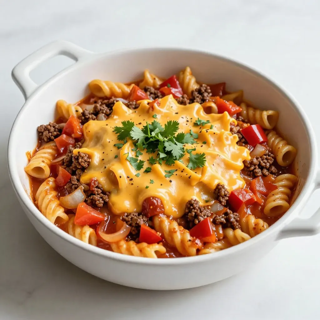 To make this cheesy taco pasta skillet, you will need: - 8 oz rotini pasta - 1 lb ground beef (or substitute with lean turkey) - 1 packet taco seasoning - 1 can (15 oz) diced tomatoes with green chilies - 1 cup beef broth (or vegetable broth for a vegetarian option) - 1 cup frozen corn - 1 cup shredded cheddar cheese - 1 cup shredded pepper jack cheese - 2 tablespoons olive oil - 1/2 cup red bell pepper, diced - 1/2 cup onion, diced - 2 cloves garlic, minced - 1/4 cup fresh cilantro, chopped (for garnish) - Salt and pepper to taste These simple ingredients come together for an easy meal. You can customize this dish to fit your taste. Some options include: - Sliced jalapeños for heat - Black beans for extra protein - Avocado for creaminess - Lime juice for brightness - Additional spices like cumin or paprika Feel free to mix and match these ingredients to create your perfect dish. This recipe serves 4-6 people. Here’s a rough breakdown of the nutrition per serving: - Calories: 470 - Protein: 30g - Carbohydrates: 42g - Fat: 24g - Fiber: 3g This meal offers a good balance of protein and carbs, making it filling and satisfying. {{ingredient_image_2}} Start by bringing a large pot of salted water to a boil. Add 8 oz of rotini pasta. Cook it for 7 to 8 minutes until it's al dente. Once done, drain the pasta and set it aside. In a large skillet, heat 2 tablespoons of olive oil over medium heat. Once hot, add 1/2 cup diced onion, 1/2 cup diced red bell pepper, and 2 cloves of minced garlic. Sauté everything for 3 to 4 minutes. Stir occasionally until the veggies are soft and fragrant. Next, add 1 lb of ground beef or turkey to the skillet. Use a wooden spoon to break it up. Cook for 5 to 7 minutes or until the meat is browned. Season with salt and pepper to taste. Stir in 1 packet of taco seasoning, 1 can of diced tomatoes (with juices), and 1 cup of beef broth. Let it simmer for about 3 minutes to blend the flavors. Then, add 1 cup of frozen corn and the drained pasta. Toss everything together and cook for 2 to 3 more minutes, ensuring it's heated through. Lower the heat to a gentle simmer. Sprinkle both 1 cup of shredded cheddar cheese and 1 cup of shredded pepper jack cheese over the pasta. Cover the skillet and let it sit for 2 to 3 minutes. This will help the cheese melt and bubble nicely. To cook pasta just right, always watch the clock. Follow the package time for al dente. This means the pasta should be firm when you bite it. After cooking, drain it and do not rinse. Rinsing washes away the starch that helps sauce stick. If you want to save time, cook the pasta while you prepare the other ingredients. This keeps everything moving smoothly. Taco seasoning is key to this dish’s flavor. If you want more spice, add a pinch of cayenne or chili powder. To balance heat, mix in a dash of sugar. Taste as you go. If it feels bland, add salt or pepper. Fresh herbs, like cilantro, boost the flavor too. Feel free to experiment until you find your perfect blend. To clean your skillet easily, soak it right after use. Fill it with warm soapy water and let it sit. This helps loosen food stuck to the pan. Use a soft sponge to scrub gently. Avoid steel wool; it can scratch the surface. For tough spots, sprinkle baking soda and scrub lightly. Rinse well and dry to keep it in great shape. Pro Tips Cook Pasta Al Dente: Ensure the rotini pasta is cooked al dente for the perfect texture that holds up against the sauce and doesn't become mushy. Use Lean Meat: Opt for lean ground turkey instead of beef to create a lighter version while still enjoying great flavor. Add Extra Veggies: Feel free to incorporate more vegetables like zucchini or spinach to boost nutrition and add more flavor to your dish. Experiment with Cheeses: Mix different cheese varieties, such as gouda or mozzarella, to customize the flavor profile to your liking. {{image_4}} To make a vegetarian version, swap the ground beef with black beans or lentils. Use vegetable broth instead of beef broth. You can also add extra veggies like zucchini or mushrooms. These will bring more flavor and texture to the dish. The taco seasoning still works great, adding that spicy kick. If you need a gluten-free option, choose gluten-free rotini pasta. Many brands offer tasty gluten-free pasta that cooks just like regular pasta. Ensure your taco seasoning is gluten-free as well. This way, you can enjoy all the cheesy goodness without worrying about gluten. Feel free to switch up the meat! Ground turkey or chicken can be good substitutes. For a smoky flavor, try using chorizo. When it comes to cheese, mix it up with Monterey Jack or Gouda. Each cheese adds its own unique taste, making your dish even more exciting. After enjoying your Cheesy Taco Pasta, let any leftovers cool down. Place them in an airtight container. Make sure to seal it tightly. Store the container in the fridge. It will stay fresh for about three to four days. Label the container with the date. This helps you keep track of how long it’s been stored. When you're ready to eat, take out the leftovers. You can reheat them on the stove or in the microwave. If using the stove, add a splash of broth to keep it moist. Heat it on low, stirring often. If using the microwave, put it in a microwave-safe dish. Cover it loosely with a lid or microwave-safe wrap. Heat in short bursts, stirring in between, until it's warm. You can also freeze Cheesy Taco Pasta for later. First, let it cool completely. Then, place it in a freezer-safe container. Leave some space at the top because it will expand. Seal it tightly and label it with the date. This dish will last for about three months in the freezer. To thaw, move it to the fridge overnight before reheating. Yes, you can use any pasta you like. Rotini works well, but penne or shells are great too. Just make sure to adjust the cooking time based on the pasta type. Always cook it until it’s al dente for the best texture. You can use lean turkey, chicken, or even plant-based meat. Each option gives a unique flavor. You can also skip meat entirely and add beans for protein. This makes the dish vegetarian and still tasty. This Cheesy Taco Pasta stays fresh in the fridge for up to three days. Store it in an airtight container for best results. Just make sure it cools down before sealing. Yes, you can prepare it ahead of time. Cook the pasta and meat mixture, then store separately. Combine them when you're ready to serve. This saves time and makes dinner even easier on busy nights. This blog post showed you how to make cheesy taco pasta. We covered the key ingredients and cooking steps. I shared tips to avoid overcooked pasta and enhance flavors. You learned how to personalize the dish with options for vegetarian and gluten-free meals. Finally, we discussed storage and reheating. With these steps, you can enjoy a delicious and easy meal any time. Get cooking!