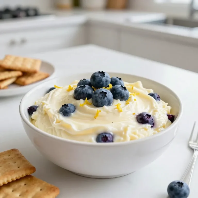 Here are the ingredients you need for Lemon Blueberry Cheesecake Dip: - 8 oz cream cheese, softened - 1/2 cup powdered sugar - 1 cup Greek yogurt - 1 tablespoon lemon zest - 2 tablespoons lemon juice - 1 cup fresh blueberries - 1 teaspoon vanilla extract - Assorted dippers This dip is simple to make. Each ingredient adds a unique flavor. The cream cheese makes it creamy while the Greek yogurt gives it a nice tang. The lemon zest and juice add bright, fresh notes. Fresh blueberries bring sweetness and color. For dippers, you can use graham crackers, animal crackers, or fresh fruit slices. These options make it fun and tasty. You can mix and match to find your favorite combo! {{ingredient_image_2}} - Mix cream cheese and powdered sugar: Start with 8 oz of soft cream cheese. Add 1/2 cup of powdered sugar to a large bowl. Use an electric mixer to blend. Mix until smooth and creamy. This step is key for a nice texture. - Add yogurt and lemon ingredients: Next, add 1 cup of Greek yogurt. You can use plain or vanilla yogurt. Then add 1 tablespoon of lemon zest and 2 tablespoons of lemon juice. Also, add 1 teaspoon of vanilla extract. Mix until everything is light and fluffy. - Fold in blueberries: Gently fold in 1 cup of fresh blueberries. Use a spatula or wooden spoon for this. Do this carefully to keep the blueberries whole. Reserve some blueberries for garnish later. - Spoon into serving bowl and refrigerate: Now, use a spatula to spoon the dip into a nice serving bowl. Smooth the top to make it look good. Cover the bowl with plastic wrap. Place it in the fridge for at least 30 minutes. This helps the flavors blend and cools the dip. - Garnish before serving: Before you serve, take the dip out of the fridge. Add the reserved blueberries on top for a pretty finish. You can also sprinkle some lemon zest for extra flavor. Arrange your dippers around the dip. Use graham crackers, animal crackers, or fresh fruit slices. Enjoy your tasty treat! To make this dip creamy, always use room temperature cream cheese. Cold cream cheese will not mix well. It leads to lumps that are hard to get rid of. I find it best to take the cream cheese out of the fridge at least an hour before you start. When mixing, use an electric mixer at medium speed. This helps blend the ingredients evenly. Mix until the dip is smooth and fluffy. If you see lumps, keep mixing until they are gone. Choosing the right yogurt is key. I recommend plain or vanilla Greek yogurt. Both add a nice texture and taste. The yogurt gives the dip a lightness that pairs well with the cream cheese. Using fresh lemon zest makes a big difference. It adds a bright, fresh flavor. Bottled lemon juice can be convenient, but it lacks the same punch. Always zest your lemon right before use for the best taste. Pro Tips Use Room Temperature Ingredients: Allow your cream cheese and Greek yogurt to come to room temperature for a smoother, creamier dip that blends easily without lumps. Fresh vs. Frozen Blueberries: While fresh blueberries provide the best texture and flavor, if using frozen, make sure to thaw and drain them well to avoid excess moisture in your dip. Experiment with Flavors: Feel free to add other flavorings such as almond extract or a hint of cinnamon for a unique twist on this classic dip. Chill for Best Flavor: Don’t skip the chilling step! Allowing the dip to chill not only enhances the flavors but also gives it a firmer consistency for easier dipping. {{image_4}} You can change the flavor of this dip easily. Adding other fruits makes it fun. Try strawberries or raspberries. These fruits give a sweet and tart twist. You can also use flavored yogurt. Vanilla or lemon yogurt adds extra taste. This simple change can brighten the dip. If you need gluten-free dippers, choose fresh fruit slices. Apples or pears work well. You can also use gluten-free crackers. Many brands offer great options today. If you want a vegan version, use vegan cream cheese. It tastes just as good. This switch keeps the dip creamy and delicious. To keep the Lemon Blueberry Cheesecake Dip fresh, store leftovers in an airtight container. This helps prevent the dip from absorbing other smells in the fridge. You can also cover the bowl tightly with plastic wrap. The dip stays good for up to 3 days in the refrigerator. Always check for freshness before serving. After storage, the dip may thicken a bit. To refresh it, stir in a splash of milk or yogurt. This keeps it creamy and easy to scoop. It’s best to keep dippers separate from the dip. This way, they stay crisp and tasty. Serve the dippers on a platter, and let your guests enjoy dipping at their own pace. Can I make this dip ahead of time? Yes, you can make this dip ahead of time. I suggest making it a day before. Just cover it and chill it in the fridge. This helps the flavors mix well and taste great. What can I use as dippers besides crackers? There are many fun dippers you can try! Fresh fruit slices work well. Think apples, strawberries, or bananas. You can also use pretzels for a salty twist. Animal crackers are a fun choice too. Is there a way to make this dip lower in sugar? Yes, you can lower the sugar. Try using less powdered sugar. You can also use a sugar substitute like stevia. Just make sure to adjust the amount to taste. This blog post shared a tasty creamy dip recipe featuring cream cheese, Greek yogurt, and fresh blueberries. I explained how to prepare it step by step. You learned tips for a creamy texture and how to make flavor swaps. We also covered storage best practices and answered common questions. Overall, this dip is easy to make and fun to enjoy. With fresh ingredients, it’s sure to be a hit at your next gathering. Dive in and savor every bite!
