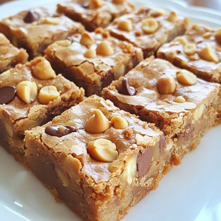 - 1 cup creamy peanut butter - 1/2 cup packed brown sugar - 1/4 cup granulated sugar - 1 large egg - 1 teaspoon pure vanilla extract - 1/4 teaspoon baking powder - 1/4 teaspoon baking soda - 1/4 teaspoon fine sea salt - 1 cup all-purpose flour - 1/2 cup semi-sweet or dark chocolate chips - 1/4 cup crushed peanuts (optional) The list of ingredients is simple but key to great blondies. The creamy peanut butter gives them a rich flavor. Brown sugar adds moisture and a hint of caramel taste. Granulated sugar balances the sweetness. The egg binds the mix and helps it rise. Vanilla adds a lovely aroma. Baking powder and baking soda give the blondies lift. Salt enhances all the flavors. All-purpose flour gives structure. Chocolate chips make each bite delightful. Crushed peanuts add crunch if you choose. If you want to switch things up, consider these options: - Use almond or cashew butter for a different nutty flavor. - Swap brown sugar for coconut sugar for a healthier choice. - For gluten-free blondies, use almond flour or a gluten-free blend. Feel free to get creative! Here are some fun ideas: - Add chopped walnuts or pecans for extra crunch. - Use white chocolate or milk chocolate chips. - Swirl in some caramel or butterscotch for a sweet twist. {{ingredient_image_2}} 1. Preheat the oven and prepare the baking pan Start by preheating your oven to 350°F (175°C). Grab an 8x8-inch baking pan. Grease it lightly or line it with parchment paper. This makes it easy to remove the blondies later. 2. Mix the peanut butter and sugars In a large mixing bowl, add 1 cup of creamy peanut butter, 1/2 cup of packed brown sugar, and 1/4 cup of granulated sugar. Use a sturdy spatula or hand mixer to blend these ingredients until smooth. This mix should be creamy and well combined. 3. Incorporate egg and vanilla into the mixture Crack 1 large egg into the bowl. Pour in 1 teaspoon of pure vanilla extract. Mix until fully incorporated. Your mixture should be creamy and rich. 4. Whisk the dry ingredients separately In another bowl, whisk together 1 cup of all-purpose flour, 1/4 teaspoon of baking powder, 1/4 teaspoon of baking soda, and 1/4 teaspoon of fine sea salt. This helps evenly distribute the leavening agents. 5. Folding in chips and transferring to pan Gradually add the dry mix to the peanut butter mix. Stir gently until just combined. Don’t overmix; a few flour streaks are okay. Then, fold in 1/2 cup of semi-sweet or dark chocolate chips. Add 1/4 cup of crushed peanuts if you want extra crunch. 6. Baking time and doneness check Pour the batter into the prepared baking pan. Spread it evenly with your spatula. Bake in the preheated oven for 20-25 minutes. The edges should turn golden brown. Use a toothpick to check doneness; it should come out clean or with a few moist crumbs. Once baked, let them cool for about 15 minutes in the pan. Transfer to a wire rack to cool completely. - *Mixing Tips*: Always mix gently. Stir the batter until just combined. This keeps the blondies soft. Overmixing can make them tough. A few flour streaks are fine! - *Best Baking Practices*: Bake at 350°F (175°C) for 20-25 minutes. Check for golden edges. Insert a toothpick into the center; it should come out clean or with a few moist crumbs. - *Cutting for Presentation*: Use a sharp knife. Cut the blondies into even squares for a nice look. Wipe the knife between cuts for clean edges. - *Ideal Pairings*: Serve these blondies with cold milk or hot coffee. They also taste great with vanilla ice cream or a dollop of whipped cream. - *If Blondies Are Too Dry*: Add a little more peanut butter next time. This keeps them moist. You can also try baking for less time. - *Avoiding Undercooked Centers*: Make sure to bake until the edges are golden. If unsure, let them cool before cutting. They set as they cool. Pro Tips Use Room Temperature Ingredients: Allow your peanut butter and egg to come to room temperature before mixing for a smoother batter. Don't Overmix: Mix the batter until just combined to keep the blondies soft and chewy. Check for Doneness Early: Start checking the blondies at 20 minutes; they can overbake quickly. Customize Your Mix-ins: Feel free to substitute chocolate chips with butterscotch chips or add dried fruit for a unique twist. {{image_4}} You can add fun flavors to your blondies. Try a chocolate peanut butter swirl. Simply take some melted chocolate and swirl it into the batter before baking. This adds a nice touch and extra chocolate flavor. You can also add caramel or butterscotch chips. These will make your blondies even sweeter and richer. Just mix them in with the chocolate chips for a tasty surprise! If you want a healthier treat, you can reduce the sugar. Use less brown and granulated sugar. You can also swap in oats or protein powder. This will add fiber and protein, making them a bit more nutritious. Just substitute half the flour with oats or protein powder for a wholesome twist! For those who follow a vegan diet, you can make these blondies without eggs. Use a flax egg instead. Mix one tablespoon of ground flaxseed with three tablespoons of water. Let it sit for five minutes to thicken. This works well in place of the egg. If you need a keto-friendly recipe, use almond flour instead of all-purpose flour. Also, replace sugars with keto-friendly sweeteners. These changes will keep the blondies low in carbs but still tasty. To keep your peanut butter chocolate chip blondies fresh, store them in an airtight container. This helps keep the moisture in. You can use a glass or plastic container with a tight lid. If you have a lot, stack them in layers with parchment paper in between. This keeps them from sticking together. You can store blondies at room temperature for up to three days. If you want to keep them longer, refrigeration is a good choice. Just remember, cold blondies may lose some of their soft texture. If you want to save blondies for later, freezing is a great option. First, let them cool completely. Then, wrap each piece in plastic wrap. After that, place them in a freezer bag. Be sure to label the bag with the date. This way, you can enjoy them later! To thaw, simply take them out of the freezer. Let them sit at room temperature for about an hour. If you want a warm treat, you can microwave them for about 10-15 seconds. This brings back that gooey texture. Your blondies can last up to a week at room temperature. If stored in the fridge, they can last up to two weeks. Always check for signs of spoilage. If they smell off or have mold, it's best to throw them away. Fresh blondies should feel soft and chewy. If they become hard or stale, it's time to say goodbye. You can tell when your blondies are done by checking the edges. They should be a nice golden brown. Insert a toothpick into the center. If it comes out clean or with a few moist crumbs, they are ready. Keep an eye on them to avoid overbaking. Yes, you can use natural peanut butter. However, it may change the texture. Natural peanut butter can be more oily and less creamy. You might need to adjust the amount of sugar to balance the flavors. Blondies taste great both ways! Warm blondies have a gooey texture and melt-in-your-mouth flavor. Chilled blondies are firmer and easier to cut. It comes down to personal preference. Try both to find your favorite! Absolutely! Adding sprinkles can make them fun and festive. You can also top them with frosting for extra sweetness. Just remember to adjust the baking time if you add more ingredients. Blondies and brownies are both delicious, but they differ in flavor and color. Blondies have a butterscotch flavor due to brown sugar and peanut butter. Brownies are chocolate-based and richer in flavor. The texture is also different; blondies are more cake-like. To sum up, this guide showed you how to make delicious blondies. We covered important ingredients, options for substitutions, and tasty add-ins. You now have step-by-step instructions for preparation and baking. I shared tips for the perfect texture and serving suggestions. Plus, you learned about variations, storage methods, and common questions. With this knowledge, you can create your own blondies. Enjoy baking and sharing them with others!
